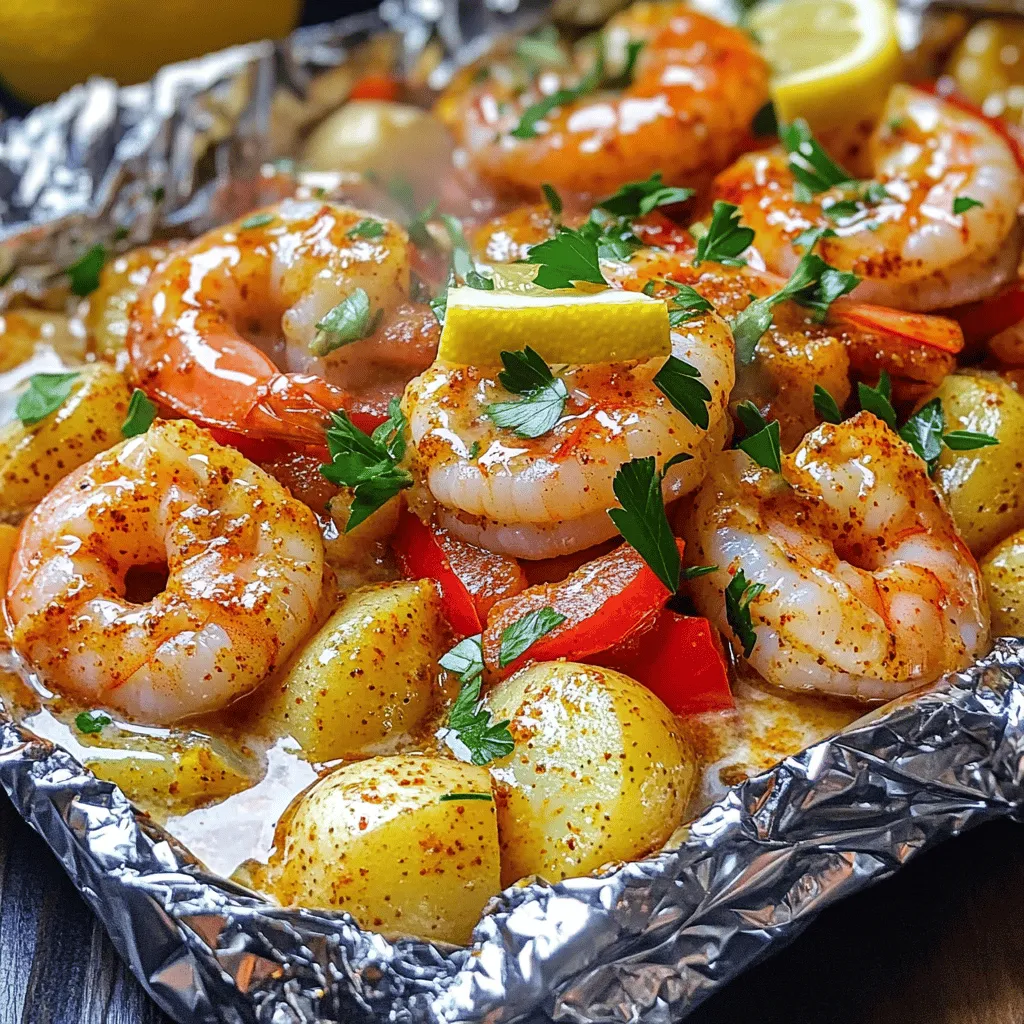 - 1 pound large shrimp, peeled and deveined - 1 cup baby potatoes, halved - 1 cup corn on the cob, cut into thirds - 1 red bell pepper, sliced - 1 yellow onion, sliced - 4 cloves garlic, minced - 3 tablespoons Cajun seasoning - 4 tablespoons unsalted butter, melted - 1 lemon, thinly sliced - Fresh parsley, chopped (for garnish) - Salt and pepper to taste Gathering the right ingredients is key to making your Easy Cajun Shrimp Boil Foil Packs shine. You want large shrimp to soak up all the flavors. Baby potatoes add heartiness, while corn on the cob gives a sweet crunch. The red bell pepper and yellow onion bring color and taste. Don't forget the garlic, as it adds a strong aroma. Cajun seasoning is vital. It brings heat and depth. Melted butter coats everything nicely, making it rich. Thin lemon slices brighten the dish. Finally, fresh parsley adds a fresh touch for garnish. - Aluminum foil - Baking sheet - Mixing bowl Using the right tools makes cooking easier. Aluminum foil is essential for sealing in moisture and flavor. A baking sheet helps catch any drips when cooking. A mixing bowl is needed to combine all your tasty ingredients. This combination of ingredients and tools creates a memorable meal you will love to share. For the full recipe, check out the details provided above. - Preheat your oven to 400°F (200°C). - Tear off large aluminum foil pieces, about 12x18 inches each. - Combine the halved baby potatoes, corn pieces, sliced red bell pepper, sliced yellow onion, and minced garlic in a mixing bowl. - Drizzle the melted butter over the veggies. - Sprinkle in the Cajun seasoning with salt and pepper. - Toss gently until the veggies are coated well. - Distribute the veggie mixture evenly onto the foil sheets. - On top of the veggies, add a handful of shrimp and a couple of lemon slices. - Fold the foil edges tightly to seal the packets. - Place the sealed foil packets on a baking sheet for easy handling. - Bake in the oven for 20-25 minutes until the shrimp are pink and the potatoes are tender. This easy Cajun shrimp boil foil pack is not just fun to make but also a treat for your taste buds. You can find the full recipe above for detailed instructions! To make your Cajun shrimp boil shine, always use fresh ingredients. Fresh shrimp and veggies bring out the best taste. The Cajun seasoning should match your taste. If you love spice, add more! If you prefer mild, go easy on the seasoning. Check your shrimp for doneness. They should turn pink and opaque. If you want to be sure, use a meat thermometer. The shrimp should reach 120°F for perfect doneness. To keep things clean, use heavy-duty foil for sealing. This prevents leaks and spills. Also, line the baking sheet with foil or parchment paper. This makes cleanup fast and easy, so you can enjoy your meal without worry. {{image_4}} You can enhance your Cajun shrimp boil by adding more veggies. - Zucchini: Slice zucchini into round pieces. They cook fast and soak up flavors well. - Asparagus: Cut asparagus into smaller sections. These add a nice crunch to the dish. Feel free to mix and match vegetables to your liking. Fresh veggies bring color and taste to your meal. If shrimp isn’t your choice, try other proteins. - Substitute shrimp with chicken or sausage: Cut chicken breasts into small pieces. Sausage adds a savory twist. Both options work great with Cajun spices. - Use plant-based options for a vegetarian version: Try using tofu or tempeh. These options will absorb the Cajun seasoning well while being tasty. Switching proteins can bring new flavors to your foil packs. Want more heat? Add some spice to your recipe. - Include diced jalapeños: Chop fresh jalapeños and toss them in. They add a nice kick. - Add hot sauce to the mixture: A few dashes of your favorite hot sauce can elevate the heat levels. Adjust to your spice preference. Spicy ingredients can make your dish even more exciting. To keep your Cajun shrimp boil fresh, refrigerate it within 2 hours. Place leftovers in airtight containers. This will keep the shrimp and veggies from drying out. Make sure to eat them within 3-4 days for the best taste. For the best texture, reheat in the oven. Preheat your oven to 350°F (175°C). Place the foil pack on a baking sheet and heat for about 10-15 minutes. If you’re in a hurry, use the microwave. Just put the leftovers in a microwave-safe dish and heat for 1-2 minutes. Stir halfway to heat evenly. You can freeze the shrimp boil before cooking. Wrap the foil packs tightly and place them in a freezer-safe bag. When you’re ready to cook, thaw in the refrigerator overnight. This method keeps the shrimp and veggies fresh for later enjoyment. Yes, just make sure to thaw before use. Frozen shrimp work well in this recipe. When you thaw them, they become tender and juicy. You can place them in the fridge overnight or run them under cold water for a quick thaw. This way, you can enjoy that fresh taste even with frozen shrimp. Cooked shrimp boil can last 3-4 days in the fridge. Store it in an airtight container to keep it fresh. If you wait longer than that, the shrimp may lose flavor and quality. Always check for any off smells before eating leftovers. Pair with crusty bread or a side salad for a complete meal. The bread is perfect for soaking up those tasty juices. A fresh salad adds a nice crunch and balances the richness of the shrimp boil. You can even add some lemon wedges for an extra zing! In this blog post, we explored a simple Cajun shrimp boil recipe. We covered ingredients, tools, and step-by-step instructions for a tasty dish. I shared tips for flavor, cooking time, and easy cleanup. You can even customize the dish with different vegetables or proteins. Don't forget to store your leftovers properly. This dish is fun to make and even better to eat. Enjoy the bold flavors and make it your own with your favorite tweaks!