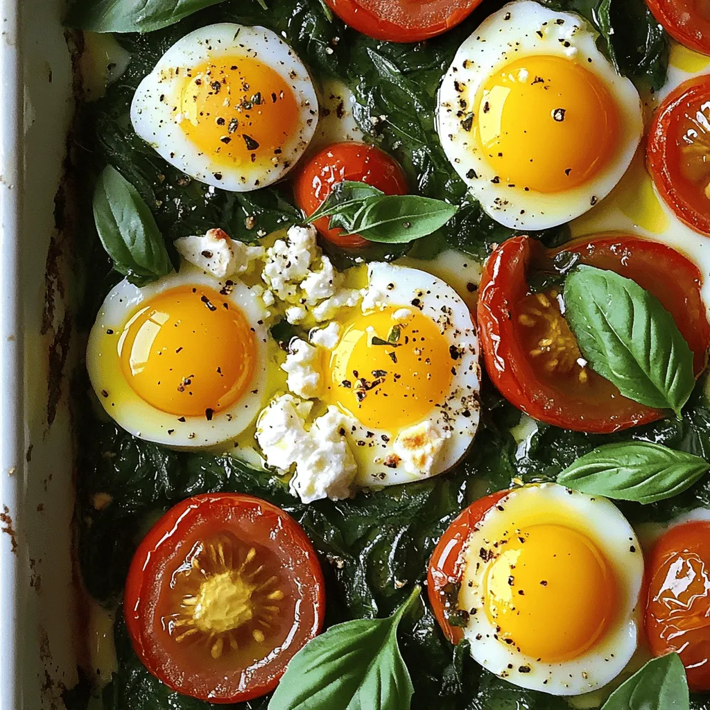 - Feta cheese - Eggs - Spinach - Cherry tomatoes - Olive oil - Dried oregano - Salt and pepper - Fresh basil leaves When making Baked Feta Eggs, choosing the right ingredients is key. The feta cheese brings a creamy and salty taste that pairs well with eggs. You need fresh eggs, ideally large ones, to create a rich texture. Spinach adds a nice green touch and nutrition. Cherry tomatoes offer sweetness and color. Olive oil enhances the flavor and helps with cooking. Dried oregano brings an earthy note. Salt and pepper are essential for seasoning. Fresh basil leaves add a burst of freshness when you garnish. - Baking dish - Mixing bowl - Spoon for wells For this recipe, you'll need a baking dish to hold everything. A mixing bowl helps combine ingredients. A spoon will help you create wells for the eggs. Having these tools ready makes cooking smooth and fun. - Alternatives for feta cheese - Egg substitutes for specific diets If you want to swap feta, try goat cheese or ricotta. Both add creaminess but change the taste. For those on special diets, you can use egg substitutes like silken tofu or chickpea flour mixed with water. These options allow more people to enjoy this dish. Preheating your oven is key for baking. Set it to 375°F (190°C). This helps the dish cook evenly. If the oven is not hot enough, the eggs may not bake right. You want the eggs to be fluffy and the feta to melt perfectly. Grab a medium-sized baking dish. Coat the bottom with 1 tablespoon of olive oil. This step stops the dish from sticking. Use a paper towel or brush to spread the oil evenly. A well-greased dish helps your Baked Feta Eggs come out smoothly. Now it’s time to build your dish. Start with the crumbled feta cheese. Place it in the center of the baking dish. Spread it out gently. Next, add the halved cherry tomatoes around the feta. Then, layer the chopped spinach on top. This adds color and nutrition. Make wells for the eggs using a spoon. You’ll need four small spaces. This is where the eggs will go. Crack each egg into its well. Be careful not to break the yolks. Season the egg whites and yolks with salt and pepper for extra flavor. Once your dish is layered, it’s time to bake. Place it in the preheated oven. Bake for about 15-20 minutes. Keep an eye on it. You want the egg whites to firm up while the yolks stay runny. If you like firmer yolks, bake a little longer. When done, let it cool for a minute before serving. For the full recipe, check out the complete guide. To get firm whites and runny yolks, start by using fresh eggs. Fresh eggs hold their shape better while baking. When you crack the eggs, be gentle. Create small wells in the spinach for each egg. This helps keep the yolks intact. Bake them until the whites are set. This usually takes about 15-20 minutes. For runnier yolks, check them at 15 minutes. If you want firmer yolks, leave them in longer. You can boost the taste of your baked feta eggs with extra seasoning. Try adding a pinch of red pepper flakes for heat. A sprinkle of smoked paprika gives a nice depth. Fresh herbs like dill or chives work well too. If you love garlic, a minced clove mixed in with the spinach is a great choice. Adjust the salt and pepper to fit your taste. Be creative and have fun with it! For a beautiful serving, consider how you dish it out. You can serve directly from the baking dish for a cozy feel. If you prefer a more elegant look, scoop the eggs onto individual plates. Drizzle a little olive oil on top for shine. A sprinkle of fresh herbs adds color and freshness. You might also add a few extra cherry tomato halves around the edges for a pop of color. These tips make your dish not just tasty, but also visually appealing. {{image_4}} You can make Baked Feta Eggs even better by adding more veggies. Spinach is great, but you can also use kale or Swiss chard for a twist. Bell peppers add color and crunch. Try red, yellow, or green ones. You can chop them and mix them in or layer them on top. This adds flavor and nutrients. Remember, the more greens, the healthier your dish becomes! Baked Feta Eggs taste amazing with added protein. Consider adding diced ham or crisp bacon for a savory touch. You can also use cooked sausage or even shredded chicken. Just mix the protein in with the veggies or place it on top before you add the eggs. This gives your dish a hearty feel and keeps you full longer. To make your Baked Feta Eggs unique, try different herbs and spices. Fresh thyme or rosemary can give a nice, earthy taste. You can also sprinkle in some chili flakes for heat. If you want a Mediterranean vibe, add some olives or sun-dried tomatoes. These twists will keep your dish exciting and new each time you make it. For more details, check the Full Recipe. To store leftovers, let your Baked Feta Eggs cool down first. Then, place them in an airtight container. They will stay fresh for up to three days in the fridge. To keep the eggs from getting too dry, cover them with plastic wrap. This helps maintain their moisture and flavor. To reheat, preheat your oven to 350°F (175°C). Place the dish in the oven for about 10 minutes. This method keeps the eggs fluffy and the feta creamy. You can also use the microwave if you're in a hurry. Heat in short bursts at medium power, checking often to avoid overcooking. Baked Feta Eggs can be frozen, but the texture may change. If you want to freeze them, let the dish cool completely. Cut it into portions and wrap each piece tightly in plastic wrap. Place the wrapped portions in a freezer bag. They can last up to a month. When you're ready to eat, thaw in the fridge overnight and reheat as mentioned. It takes about 30 minutes to bake Baked Feta Eggs. This includes 10 minutes to prep and 20 minutes to cook. You’ll want to preheat your oven to 375°F (190°C) first. Then, prepare the baking dish and layer the ingredients. Finally, bake until the egg whites set and the yolks stay a bit runny. Yes, you can use different cheese if you want. Some good options include goat cheese, ricotta, or cream cheese. Each will change the flavor and texture, but they can still work well. Just pick a cheese you love, and feel free to experiment! Yes, this recipe is great for meal prep! You can store leftovers in an airtight container in the fridge. They will stay fresh for up to three days. To reheat, just pop them in the oven or microwave. This keeps the flavors and texture nice. You can also make the dish in advance and bake it later for an easy meal. Check out the Full Recipe for more tips! In this post, we explored making Baked Feta Eggs. We discussed essential ingredients like feta, eggs, and fresh veggies. You learned how to prepare, bake, and store this dish. We shared tips for perfect eggs and fun variations. Remember, cooking is about creativity. Don’t hesitate to try new ingredients. Enjoy the process and share your tasty results!