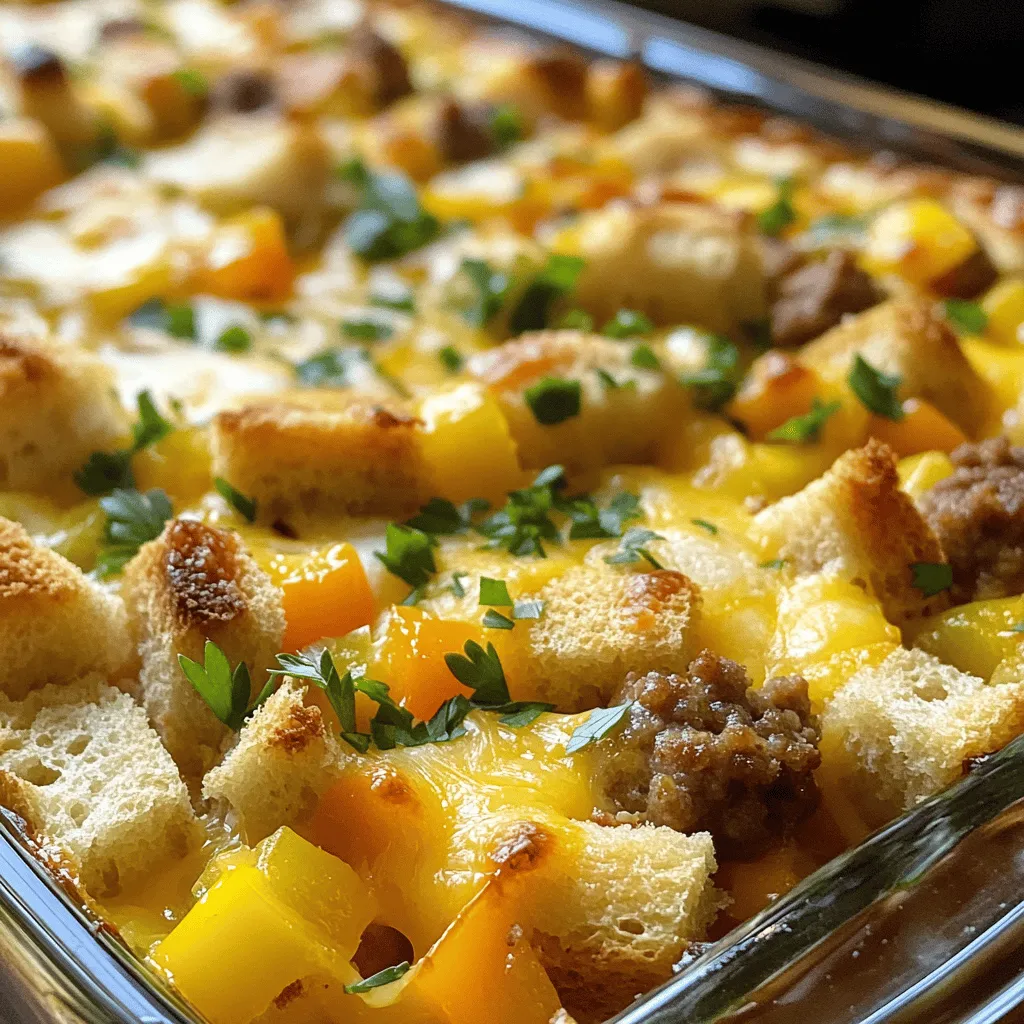 This recipe needs a few key ingredients to shine. Here’s what you’ll need: - 8 slices of hearty whole grain bread, cut into 1-inch cubes - 1 pound of breakfast sausage, crumbled - 1 cup of vibrant bell peppers, diced (mix red, yellow, and green for visual appeal) - 1 cup of onion, finely diced - 2 cups of sharp cheddar cheese, shredded - 8 large eggs - 2 cups of whole milk - 1 teaspoon of garlic powder - 1 teaspoon of onion powder - 1/2 teaspoon of smoked paprika - Salt and black pepper to taste - Fresh parsley, finely chopped (for garnish) These ingredients come together to create a hearty and tasty dish. The bread forms the base, while the sausage adds flavor. The veggies give it color and crunch. Eggs and milk bind it all, making it rich and filling. You can tweak this casserole to match your taste. Here are some optional ingredients: - Cooked bacon or ham for extra flavor - Spinach or kale for a healthy boost - Different types of cheese, like mozzarella or pepper jack - Chopped green onions for more zing - Hot sauce for a spicy kick Adding these items can make your casserole unique. Feel free to mix and match! Don't worry if you can’t find all the ingredients. Here are some easy swaps: - Use gluten-free bread if you need a gluten-free option. - Swap breakfast sausage for turkey sausage or plant-based sausage. - Milk can be replaced with almond milk or oat milk for a non-dairy choice. - Try using dried herbs instead of onion and garlic powders for a fresh taste. These substitutions keep the dish tasty while catering to different diets. You can still enjoy the rich flavors! For the full recipe, check out Fireman’s Fiery Overnight Breakfast Casserole! Start by cooking the sausage. Set a large skillet over medium heat. Add the crumbled sausage and cook it until it turns brown. Stir often to cook it evenly. If there is extra fat, drain it off. Let the sausage cool for a bit. Next, take a big mixing bowl. Toss in the cubed bread, cooked sausage, diced bell peppers, diced onion, and 1 ½ cups of shredded cheddar cheese. Mix everything with a spatula until well combined. In another bowl, crack the 8 eggs. Whisk them with the milk, garlic powder, onion powder, smoked paprika, salt, and pepper. Make sure it is smooth. Slowly pour this egg mixture over the bread and sausage mix. Gently stir to coat every piece of bread. Now, transfer this mix into a greased 9x13 inch baking dish. Spread it evenly. Cover the dish tightly with plastic wrap or foil. Place it in the fridge overnight. This lets the flavors come together. The next morning, preheat your oven to 350°F (175°C). Once it’s hot, remove the cover from the casserole. Sprinkle the remaining ½ cup of cheddar cheese on top. Bake uncovered for 45-55 minutes. Look for a golden brown top and a firm center. After baking, take it out and let it rest for 10 minutes. This makes slicing easier. Just before serving, add some chopped parsley for color. To get a perfect bake, use a good quality baking dish. Grease it well to avoid sticking. Make sure to let the casserole sit overnight. This helps the bread soak up the egg mixture fully. If you want a crispier top, bake it for the full time. You can also broil it for a minute at the end. Just watch it closely! You can prepare this casserole the night before. Start by following the full recipe. Once you've mixed all the ingredients and placed them in the baking dish, cover it tightly. This helps the bread soak up the egg mixture overnight. When morning comes, just pop it in the oven. This saves you time and stress on busy mornings. This casserole pairs well with fresh fruit. You can serve it with berries, melon, or citrus for a bright touch. A side of yogurt adds creaminess and protein. Consider adding a light salad for a fresh crunch. You can also serve it with coffee or tea to round out the meal. Store leftovers in an airtight container in the fridge. They will last up to three days. Reheat in the oven for the best results. Just cover it with foil to keep it moist. You can also microwave individual portions for quick meals. Enjoy this savory dish on another busy morning or even for lunch! {{image_4}} You can easily make this casserole vegetarian. Replace the breakfast sausage with sautéed mushrooms or spinach. Both options add great flavor and texture. You can even use a mix of your favorite veggies like zucchini or asparagus. This way, you keep it hearty and delicious without meat. Cheese is key in this dish. While sharp cheddar shines, you can mix it up. Try using mozzarella for a milder taste or pepper jack for a kick. Feta cheese adds a nice tang. If you want something creamy, go for cream cheese. Each choice changes the flavor and texture. If you like heat, add sliced jalapeños or hot sauce. You can also sprinkle in some chili powder or cayenne pepper. These spices enhance the dish's warmth. For a smoky flavor, consider adding chipotle powder. These spicy options will make your casserole extra exciting and bold. For the full recipe, check out Fireman’s Fiery Overnight Breakfast Casserole . To store leftover casserole, let it cool first. Then, cover it tightly with plastic wrap or aluminum foil. You can also use an airtight container. Store it in the refrigerator for up to three days. This keeps the flavors fresh and tasty. If you want to save it for later, freezing is a great option. Cut the casserole into portions. Wrap each piece in plastic wrap and then in aluminum foil. This helps prevent freezer burn. Label each packet with the date. You can freeze it for up to three months. When you are ready to eat, take the casserole out of the fridge or freezer. If frozen, let it thaw overnight in the fridge. To reheat, place the casserole in a preheated oven at 350°F (175°C). Cover it with foil to keep it moist. Heat for about 20-25 minutes, or until hot. For a nice top, take off the foil for the last 5 minutes. Enjoy your meal! For the complete cooking process, check out the Full Recipe. Yes, you can prepare this casserole the night before. In fact, this recipe shines when you let it sit overnight. The flavors blend well, making each bite tasty. Just follow the instructions and refrigerate it before baking. Leftovers can be stored in the fridge for up to four days. Make sure to put them in an airtight container. If you want to keep them longer, freeze them for up to three months. Just remember to thaw them in the fridge before reheating. Absolutely! You can use different types of bread. French bread, sourdough, or even gluten-free bread work well. Just make sure the bread is sturdy enough to soak up the egg mixture without getting too soggy. You can serve fresh fruit, yogurt, or a light salad. A side of crispy bacon or sausage links also pairs nicely. If you want a drink, consider fresh juice or coffee to complete your meal. The Fireman’s Overnight Breakfast Casserole offers numerous ways to enjoy breakfast. You learned about key ingredients and how to customize your dish. I shared steps to prepare and cook it perfectly. Tips for busy mornings, serving ideas, and best practices for leftovers will help you out. With various options and storage advice, this casserole fits any routine. Try it your way and enjoy a delicious meal that’s easy to make and share.