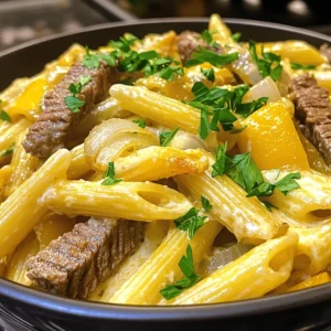 - 8 oz penne or rigatoni pasta - 1 lb beef sirloin, thinly sliced against the grain - 1 tablespoon extra virgin olive oil - 1 medium onion, thinly sliced - 1 bell pepper (red or green), thinly sliced - 2 cloves garlic, minced - 1 teaspoon Worcestershire sauce - 1 cup heavy cream - 1 cup provolone cheese, shredded - ½ cup mozzarella cheese, shredded, plus extra for topping - Salt and freshly cracked black pepper to taste - Fresh parsley, finely chopped for garnish Gathering quality ingredients is key for this dish. I love using fresh vegetables, as they add great flavor. Choose a good cut of beef sirloin, sliced thinly. This ensures it cooks fast and stays tender. The cream and cheeses create a rich sauce, making every bite creamy and delicious. Don't forget the Worcestershire sauce; it adds depth to the flavor. You can also adjust the amount of salt and pepper to fit your taste. For a fresh finish, sprinkle some chopped parsley on top. It gives not only color but also brightens the dish. You can find the full recipe [here]. Enjoy the cooking process and the amazing smells that fill your kitchen! - Boil water in a large pot. - Add 8 oz of penne or rigatoni. - Cook according to package instructions until al dente. - Reserve ½ cup pasta water before draining. - Heat 1 tablespoon of olive oil in a skillet over medium-high heat. - Add 1 lb of thinly sliced beef sirloin. - Season with salt and pepper. - Sear the beef for about 3-4 minutes until browned. - Remove the beef from the skillet and set it aside. - In the same skillet, add 1 medium sliced onion and 1 sliced bell pepper. - Cook for 4-5 minutes until soft and slightly caramelized. - Add 2 cloves of minced garlic and sauté for one more minute. - Return the seared beef to the skillet with the vegetables. - Pour in 1 teaspoon of Worcestershire sauce and stir. - Reduce the heat to low. - Pour in 1 cup of heavy cream and mix well. - Add 1 cup of shredded provolone cheese and ½ cup of shredded mozzarella cheese. - Stir until the cheese melts and the sauce is creamy. - Gently fold in the cooked pasta. - If the sauce is too thick, add some reserved pasta water. - Taste and adjust seasoning if needed. - Remove from heat and sprinkle more mozzarella on top. - Cover the skillet for 2-3 minutes to let the cheese melt. - Serve hot and garnish with parsley. For the full recipe, check the detailed steps above. Enjoy your creamy Philly cheese steak pasta! Using thinly sliced beef gives the best texture. It cooks fast and stays tender. Season your dish well with salt and pepper to bring out the flavors. You can also add a dash of garlic powder or onion powder for extra depth. Cook the pasta until it is al dente. This keeps it firm and not mushy. After cooking, remember to save some pasta water. When you mix in the cheese, do it slowly. This way, the sauce becomes smooth and creamy. Serve your Philly cheese steak pasta with a side salad. A fresh green salad adds a nice crunch. Garlic bread also pairs well and makes the meal more filling. Top each plate with parsley to add a pop of color and freshness. For the full recipe, check out the instructions above. {{image_4}} You can make Philly cheese steak pasta even more fun with some tasty variations. - Add mushrooms or spinach for extra nutrition. - Use different bell pepper colors for visual appeal. This adds brightness to your dish. - Substitute provolone with cheddar or gouda. Each cheese gives a unique flavor. - Experiment with cream cheese for a different texture. It can make the sauce even creamier. - Replace beef with chicken for a lighter dish. This change can appeal to many tastes. - Try ground turkey for a leaner option. It keeps the dish hearty without extra fat. Feel free to explore these options to craft your perfect Philly cheese steak pasta. Each variation can make your dish new and exciting. For the complete dish, check the Full Recipe. Store any leftovers in an airtight container in your fridge. This keeps the pasta fresh. Use the leftovers within 3-4 days for the best taste. You can freeze portions in freezer bags for up to 2 months. Make sure to remove as much air as you can. When you want to eat it, thaw the pasta in the fridge before reheating. To reheat, use the microwave or stovetop. If the dish seems dry, add a splash of cream or some reserved pasta water. This helps keep the sauce creamy and delicious. Enjoy your Philly cheese steak pasta even after it’s been stored! - Prep Time: 15 minutes | Cook Time: 15 minutes | Total Time: 30 minutes. - Yes, you can prepare the ingredients a day ahead. This makes cooking easier when you are short on time. - Reheat gently on the stovetop or in the microwave, adding a bit of water. This helps keep the pasta creamy and moist. - Absolutely! Gluten-free pasta works well in this recipe. It can be just as tasty as regular pasta. - It can be customized with leaner proteins and more vegetables for a healthier option. You can even use whole grain pasta if you prefer. - Add red pepper flakes or hot sauce for a spicier kick. You can control how much heat you want in your dish. For the full recipe, make sure to check the instructions above! You now have all the steps to make Philly Cheese Steak Pasta. We covered the ingredients, preparation, and tips to make your dish special. Remember to have fun with it! Feel free to switch ingredients to suit your taste. This dish is quick and easy, perfect for a busy day. Enjoy your cooking, and impress your friends and family with a delicious meal!