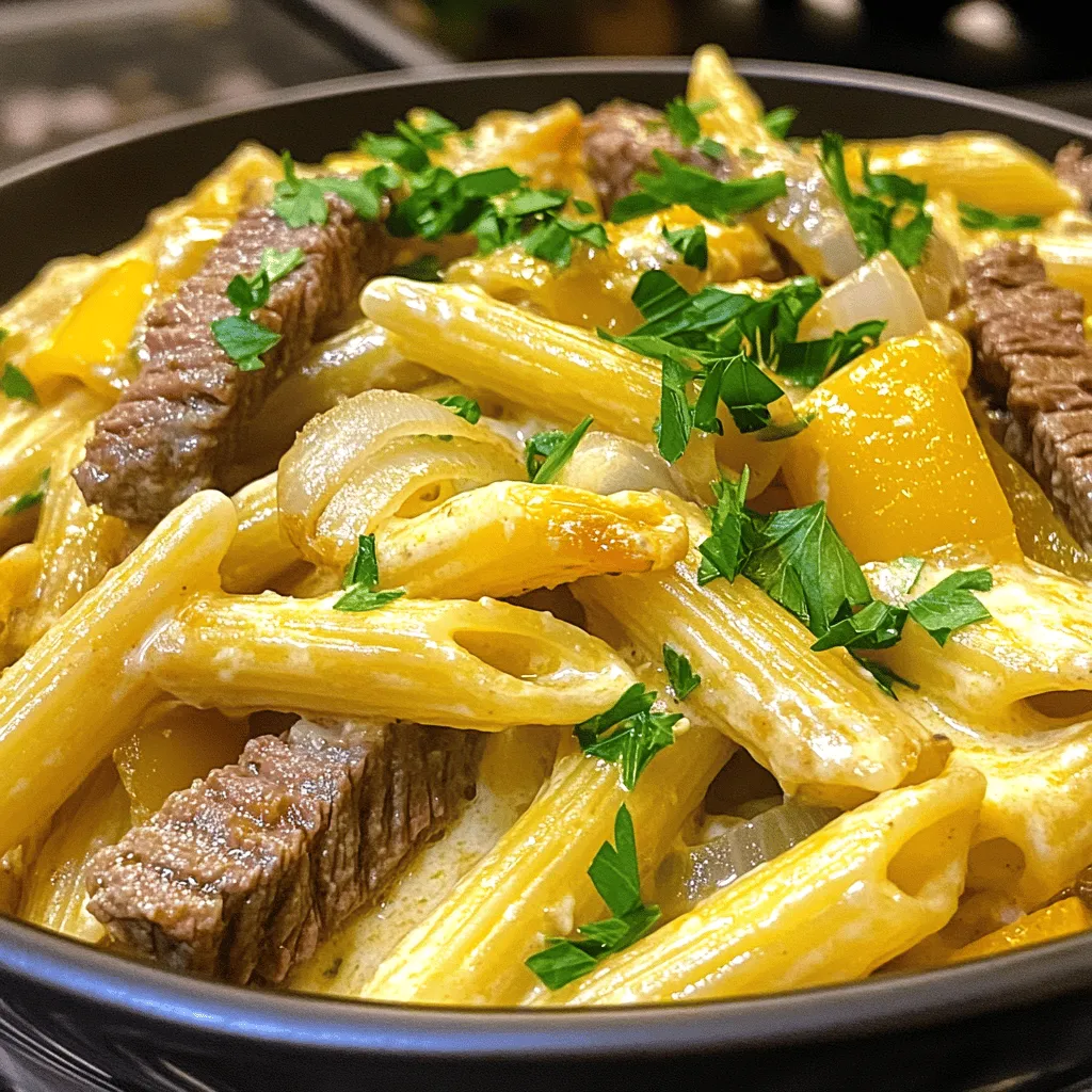 - 8 oz penne or rigatoni pasta - 1 lb beef sirloin, thinly sliced against the grain - 1 tablespoon extra virgin olive oil - 1 medium onion, thinly sliced - 1 bell pepper (red or green), thinly sliced - 2 cloves garlic, minced - 1 teaspoon Worcestershire sauce - 1 cup heavy cream - 1 cup provolone cheese, shredded - ½ cup mozzarella cheese, shredded, plus extra for topping - Salt and freshly cracked black pepper to taste - Fresh parsley, finely chopped for garnish Gathering quality ingredients is key for this dish. I love using fresh vegetables, as they add great flavor. Choose a good cut of beef sirloin, sliced thinly. This ensures it cooks fast and stays tender. The cream and cheeses create a rich sauce, making every bite creamy and delicious. Don't forget the Worcestershire sauce; it adds depth to the flavor. You can also adjust the amount of salt and pepper to fit your taste. For a fresh finish, sprinkle some chopped parsley on top. It gives not only color but also brightens the dish. You can find the full recipe [here]. Enjoy the cooking process and the amazing smells that fill your kitchen! - Boil water in a large pot. - Add 8 oz of penne or rigatoni. - Cook according to package instructions until al dente. - Reserve ½ cup pasta water before draining. - Heat 1 tablespoon of olive oil in a skillet over medium-high heat. - Add 1 lb of thinly sliced beef sirloin. - Season with salt and pepper. - Sear the beef for about 3-4 minutes until browned. - Remove the beef from the skillet and set it aside. - In the same skillet, add 1 medium sliced onion and 1 sliced bell pepper. - Cook for 4-5 minutes until soft and slightly caramelized. - Add 2 cloves of minced garlic and sauté for one more minute. - Return the seared beef to the skillet with the vegetables. - Pour in 1 teaspoon of Worcestershire sauce and stir. - Reduce the heat to low. - Pour in 1 cup of heavy cream and mix well. - Add 1 cup of shredded provolone cheese and ½ cup of shredded mozzarella cheese. - Stir until the cheese melts and the sauce is creamy. - Gently fold in the cooked pasta. - If the sauce is too thick, add some reserved pasta water. - Taste and adjust seasoning if needed. - Remove from heat and sprinkle more mozzarella on top. - Cover the skillet for 2-3 minutes to let the cheese melt. - Serve hot and garnish with parsley. For the full recipe, check the detailed steps above. Enjoy your creamy Philly cheese steak pasta! Using thinly sliced beef gives the best texture. It cooks fast and stays tender. Season your dish well with salt and pepper to bring out the flavors. You can also add a dash of garlic powder or onion powder for extra depth. Cook the pasta until it is al dente. This keeps it firm and not mushy. After cooking, remember to save some pasta water. When you mix in the cheese, do it slowly. This way, the sauce becomes smooth and creamy. Serve your Philly cheese steak pasta with a side salad. A fresh green salad adds a nice crunch. Garlic bread also pairs well and makes the meal more filling. Top each plate with parsley to add a pop of color and freshness. For the full recipe, check out the instructions above. {{image_4}} You can make Philly cheese steak pasta even more fun with some tasty variations. - Add mushrooms or spinach for extra nutrition. - Use different bell pepper colors for visual appeal. This adds brightness to your dish. - Substitute provolone with cheddar or gouda. Each cheese gives a unique flavor. - Experiment with cream cheese for a different texture. It can make the sauce even creamier. - Replace beef with chicken for a lighter dish. This change can appeal to many tastes. - Try ground turkey for a leaner option. It keeps the dish hearty without extra fat. Feel free to explore these options to craft your perfect Philly cheese steak pasta. Each variation can make your dish new and exciting. For the complete dish, check the Full Recipe. Store any leftovers in an airtight container in your fridge. This keeps the pasta fresh. Use the leftovers within 3-4 days for the best taste. You can freeze portions in freezer bags for up to 2 months. Make sure to remove as much air as you can. When you want to eat it, thaw the pasta in the fridge before reheating. To reheat, use the microwave or stovetop. If the dish seems dry, add a splash of cream or some reserved pasta water. This helps keep the sauce creamy and delicious. Enjoy your Philly cheese steak pasta even after it’s been stored! - Prep Time: 15 minutes | Cook Time: 15 minutes | Total Time: 30 minutes. - Yes, you can prepare the ingredients a day ahead. This makes cooking easier when you are short on time. - Reheat gently on the stovetop or in the microwave, adding a bit of water. This helps keep the pasta creamy and moist. - Absolutely! Gluten-free pasta works well in this recipe. It can be just as tasty as regular pasta. - It can be customized with leaner proteins and more vegetables for a healthier option. You can even use whole grain pasta if you prefer. - Add red pepper flakes or hot sauce for a spicier kick. You can control how much heat you want in your dish. For the full recipe, make sure to check the instructions above! You now have all the steps to make Philly Cheese Steak Pasta. We covered the ingredients, preparation, and tips to make your dish special. Remember to have fun with it! Feel free to switch ingredients to suit your taste. This dish is quick and easy, perfect for a busy day. Enjoy your cooking, and impress your friends and family with a delicious meal!