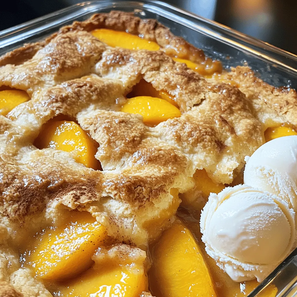 For the best taste, use ripe, fresh peaches. Choose peaches that are soft to the touch but not mushy. You will need about 4 cups of peaches, peeled and sliced. This gives the cobbler its sweet and juicy base. Sugar enhances the flavor of the peaches. You will need 1 cup of granulated sugar, divided. Half of it will mix with the peaches, and the other half will go into the batter. This balance ensures each bite is sweet. Spices add warmth and depth. Use 1 teaspoon of pure vanilla extract for sweetness. Add 1 tablespoon of fresh lemon juice for brightness. Don’t forget 1 teaspoon of ground cinnamon and 1/2 teaspoon of ground nutmeg. These spices bring out the peach flavor and make the cobbler cozy. For the batter, you need some key baking items. Gather 1 cup of all-purpose flour, 2 teaspoons of baking powder, and 1/2 teaspoon of salt. These ingredients create a fluffy texture that contrasts nicely with the soft fruit. You'll also need 1 cup of whole milk and 1/2 cup of melted unsalted butter. These liquids keep the batter moist. Serving the cobbler warm is a must. Top it with vanilla ice cream for a creamy finish. The cold ice cream melts into the warm cobbler, making each bite a delicious treat. Start with fresh peaches. You need about 4 cups, peeled and sliced. Place the slices in a big bowl. Add 1/2 cup of sugar, 1 teaspoon of vanilla extract, 1 tablespoon of lemon juice, 1 teaspoon of ground cinnamon, and 1/2 teaspoon of nutmeg. Mix the peaches gently. Let them sit for 10 minutes. This helps release their sweet juices. In another bowl, whisk together 1 cup of flour, 2 teaspoons of baking powder, 1/2 teaspoon of salt, and the remaining 1/2 cup of sugar. Mix until it’s even. Gradually add 1 cup of whole milk. Stir just until combined. Avoid overmixing to keep the batter lumpy. Preheat your oven to 350°F (175°C). Grease a 9x13-inch baking dish with butter. Pour the melted butter into the dish. Spread it evenly across the bottom. Now, slowly pour the batter over the butter. Do not stir it. Spoon the peach mixture over the batter. Let some juices flow on top. Bake for 40-45 minutes. The cobbler should turn golden brown. A toothpick inserted should come out clean. Once baked, let the cobbler cool for at least 10 minutes. This helps the flavors mix. Serve warm, topped with a scoop of vanilla ice cream. The warm cobbler and cold ice cream make a great pair. For the complete steps and details, check out the Full Recipe. It walks you through every part of making this tasty peach cobbler. Enjoy every bite of this delightful dessert! For the best peach cobbler, choose ripe, juicy peaches. Look for peaches that yield slightly when you press them. They should smell sweet. Freestone peaches are easier to slice. You can find these at local farmers' markets or grocery stores. If fresh peaches are not in season, you can use frozen ones. Just thaw them first and drain excess liquid. One common mistake is overmixing the batter. Mix just until combined to keep it light. Another mistake is not letting the peach mixture sit. Allowing it to rest helps the flavors blend and juices to release. Also, don’t skip the butter at the bottom of the dish. It gives the cobbler its crispy base. For a crispy topping, make sure your oven is fully preheated. Pour the batter over melted butter without mixing it in. This helps create that golden crust. You can sprinkle a little sugar on top before baking for added crunch. Lastly, avoid covering the cobbler while it bakes; this keeps the topping crisp. Store leftover peach cobbler in an airtight container. It will keep in the fridge for up to three days. To reheat, place it in a warm oven until heated through. You can also microwave individual servings. If you want to save it longer, freeze it for up to three months. Just thaw overnight in the fridge before reheating. {{image_4}} You can swap peaches for various fruits. Try using fresh berries, like blueberries or raspberries. Apples or pears work well, too. Each fruit gives a new twist to the cobbler. Make this peach cobbler gluten-free! Use almond flour or coconut flour instead of all-purpose flour. Check the baking powder to ensure it's gluten-free. This way, everyone can enjoy this tasty treat. For a vegan version, replace the milk with almond or soy milk. Use melted coconut oil in place of butter. You can also use a flaxseed mixture as an egg substitute if you want to add eggs. These changes keep the flavor while making it plant-based. Trying these variations can lead to new favorites. Each option brings its own charm and taste to your peach cobbler. Don't hesitate to experiment! Once your peach cobbler cools, store it in an airtight container. Place it on the counter for one day. If you have leftovers after that, move it to the fridge. This keeps it fresh for about four days. If you want to enjoy it later, freezing is a great option. To freeze peach cobbler, let it cool completely. Then, cut it into portions. Wrap each piece tightly in plastic wrap. Place the wrapped pieces in a freezer-safe bag or container. This way, you can enjoy it for up to three months. When you're ready to eat, just thaw it in the fridge overnight. To reheat your peach cobbler, preheat your oven to 350°F (175°C). Place the cobbler in an oven-safe dish. Cover it with foil to keep it moist. Heat it for about 20 minutes, or until it's warm throughout. If you like it crispy, remove the foil for the last few minutes. Enjoy your warm, tasty delight! You can tell the peach cobbler is done when it is golden brown on top. A toothpick inserted in the center should come out clean. The edges will bubble slightly, showing that the fruit and batter have baked well. Let it cool for at least 10 minutes. This cooling helps it set before you serve. Yes, you can use canned peaches. Drain them well and reduce the sugar a bit, as canned peaches are often sweet. Fresh peaches give a brighter flavor, but canned ones can save time. Just remember to adjust the sugar to balance the sweetness. Peach cobbler is great on its own, but I love to pair it with vanilla ice cream. The cold ice cream melts into the warm cobbler, creating a tasty mix. You can also serve it with whipped cream or a sprinkle of cinnamon for extra flavor. Peach cobbler lasts about 3 to 4 days in the fridge. Store it in an airtight container to keep it fresh. If you want to keep it longer, consider freezing it. Just make sure to let it cool completely first before wrapping it well for the freezer. We covered the key ingredients for a great peach cobbler, from fresh peaches to spices. I shared step-by-step instructions to guide you through making the recipe. Remember, avoid common baking mistakes and store your leftovers correctly. You can also try variations with different fruits or make it gluten-free. Always check for doneness and enjoy your peach cobbler warm. Happy baking!