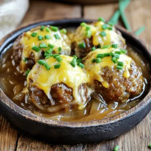 - 1 pound ground beef - 1/2 cup fresh breadcrumbs - 1/4 cup finely grated Parmesan cheese - 1/4 cup fresh parsley, chopped - 1 small onion, finely chopped - 2 cloves garlic, minced - 1 tablespoon Worcestershire sauce - Salt and freshly ground black pepper to taste - 1 cup beef broth - 1 cup onions, thinly sliced (for the sauce) - 1 tablespoon olive oil - 1 teaspoon dried thyme - 1/2 cup shredded Gruyère cheese - Chopped chives for garnish When making French onion meatballs, start with quality ingredients. The ground beef serves as the base. It brings rich flavor and a hearty texture. Fresh breadcrumbs help the meatballs stay moist. Parmesan cheese adds a salty, savory kick. Chopped parsley gives a fresh note. Next, flavor enhancers elevate the dish. Finely chopped onion and minced garlic add depth. Worcestershire sauce adds umami. Don't forget salt and pepper to taste. For the sauce, beef broth is key. It creates a savory base. The sliced onions caramelize in olive oil, turning sweet and golden. Thyme adds a hint of earthiness. Gruyère cheese melts to create a gooey topping. Finally, chopped chives give a pop of color and freshness. This combination of ingredients makes French onion meatballs a warm, comforting dish. Don't forget to check the [Full Recipe] for detailed steps and tips! - Preheat your oven to 400°F (200°C). This helps the meatballs cook evenly. - Mix all meatball ingredients in a bowl. Use your hands to blend well. - Shape mixture into 1-inch meatballs and place on a baking sheet. Keep them round and fluffy. - Bake for approximately 20 minutes. Check for a golden color and doneness. - Caramelize sliced onions in olive oil in a skillet. Stir often until they turn golden brown. - Add beef broth and thyme to the onions; simmer for 5 minutes. This will create a rich sauce. - Transfer meatballs to the skillet, coating them with sauce. Make sure they are well-covered. - Sprinkle with Gruyère cheese and cover to melt. The cheese adds a creamy finish. You can check the [Full Recipe] for more details. Enjoy the process and the flavors! To make great meatballs, avoid overmixing. This keeps them tender and juicy. When forming the meatballs, use your hands and shape them gently. Aim for about one inch in size. Make sure to use a meat thermometer. Check the doneness at 160°F (70°C). This ensures they are cooked through but not dry. Caramelizing onions adds rich flavor. Stir them often to get even browning. This step usually takes about 10-15 minutes. The longer you cook them, the sweeter they become. If you like them sweeter, let them cook a bit longer. Adjust the time based on your taste. Serving French onion meatballs is easy. Top them with more caramelized onions for extra flavor. Pair them with crusty bread to soak up the sauce. Mashed potatoes also work great. They add creaminess and balance the dish. You can find the Full Recipe to guide you through. Enjoy every bite! {{image_4}} You can easily switch up the meat in this recipe. Use ground turkey or chicken instead of beef. Both options keep the dish light while still full of flavor. If you want to change the cheese, try mozzarella or cheddar for a different twist. Each cheese brings its own unique taste. Adding herbs can take your meatballs to the next level. Try fresh thyme or rosemary. These herbs add a lovely aroma and taste. You can also mix in diced veggies. Bell peppers or mushrooms work great. They add texture and more flavor to the meat mixture. You don’t have to bake the meatballs if you want a smoky flavor. Grilling them gives a nice char and adds depth. A healthier option is using an air fryer. It cooks them quickly and cuts down on fat. Both methods can make your French onion meatballs even better. For the full recipe, check out my detailed instructions above. Store leftover meatballs in an airtight container for up to 3 days. This keeps them fresh and tasty. When you want to enjoy them again, simply check for any signs of spoilage. Look for changes in color or smell before eating. Keeping them sealed helps to lock in flavors and moisture. Freeze cooked meatballs in a single layer on a baking sheet. Once they are frozen solid, transfer them to a freezer bag. This method helps avoid clumping and keeps them easy to grab later. You can store them in the freezer for up to 3 months. Just label the bag with the date to know when you made them! Reheat in the microwave or on the stovetop for the best taste. If using the microwave, place the meatballs on a plate and cover them with a damp paper towel. This keeps them moist. For stovetop reheating, add a splash of broth to a skillet and heat gently. This way, you get to enjoy them just like the first time! You can make these meatballs gluten-free. Just substitute fresh breadcrumbs with gluten-free options. This keeps the texture nice while meeting dietary needs. To check if the meatballs are cooked, use a meat thermometer. Make sure they reach 160°F (70°C). This ensures they are safe to eat and fully cooked. Absolutely! You can add more cheese to the recipe. Feel free to increase the amount or try different types of cheese. Cheddar or mozzarella can work well too. French Onion Meatballs are versatile. They pair well with pasta, rice, or on a sub sandwich. You can serve them with crusty bread for dipping or over creamy mashed potatoes. Enjoy the rich flavors! In this blog post, I shared a great recipe for French onion meatballs. We covered the main ingredients needed, tips for perfecting the meatballs, and fun variations to try. Remember, small choices can change the flavor a lot. Try making them your own with different herbs or cheeses. Store any leftovers well for later enjoyment. With these steps, you'll create a yummy dish everyone will love. Enjoy your cooking journey!