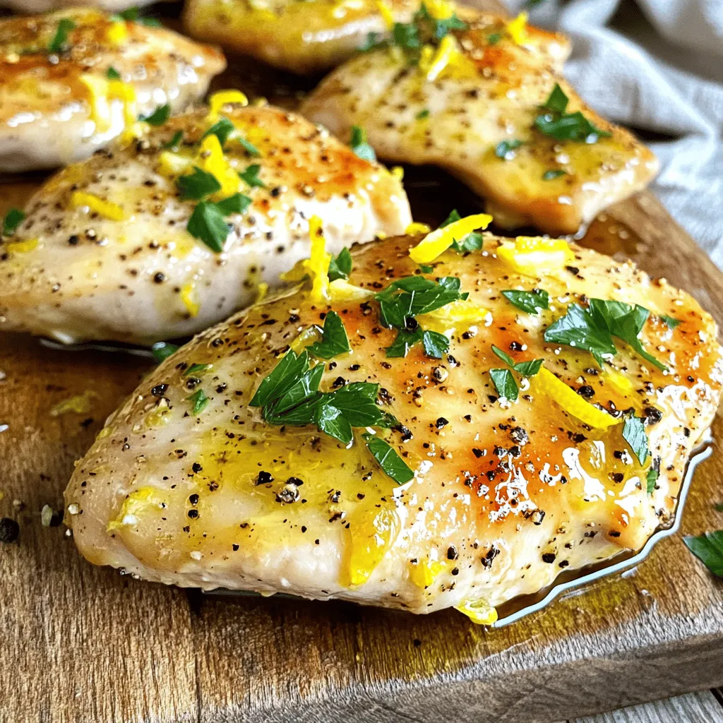 - 4 boneless, skinless chicken breasts - 3 tablespoons extra virgin olive oil - Zest and juice of 2 medium-sized lemons - 2 teaspoons garlic powder - 1 teaspoon onion powder - 2 teaspoons freshly ground black pepper - 1 teaspoon fine sea salt - 1 teaspoon dried oregano - Fresh parsley for garnish When I make baked lemon pepper chicken, I always use fresh ingredients. The chicken breasts are the star of the show. I love boneless, skinless chicken breasts for this dish because they cook evenly and stay juicy. Next, I grab some extra virgin olive oil. This oil adds rich flavor and helps the spices stick. The zest and juice of two lemons give the chicken that bright, zesty taste. For seasoning, I use garlic powder and onion powder. They add depth without being too strong. The black pepper gives a nice kick, while fine sea salt enhances all the flavors. Dried oregano adds an earthy note that balances the dish. Finally, I like to garnish with fresh parsley. It adds color and freshness to the plate. This combination of ingredients is simple yet powerful. You can find the full recipe to get started right away. - Preheat your oven to 400°F (200°C). - In a bowl, mix olive oil, lemon zest, lemon juice, garlic powder, onion powder, black pepper, sea salt, and oregano. Stir until blended. This marinade gives the chicken great flavor. - Line a baking sheet with parchment paper. This makes cleanup easy. - Place the chicken breasts on the baking sheet. Space them out so they cook evenly. - Pour the marinade over the chicken. Make sure every piece is coated well. - For the best flavor, let the chicken marinate for 15 minutes at room temperature. If you have time, cover it and refrigerate for up to 1 hour. - After marinating, place the baking sheet in the oven. Bake for 20-25 minutes. - Use a meat thermometer to check. The chicken should reach 165°F (75°C) to be done. - Once cooked, take the chicken out and let it rest for 5 minutes. This helps keep it juicy. - Garnish with chopped parsley before serving. This adds color and freshness. For the full recipe, check the main ingredients and instructions to ensure a delightful meal. To make your chicken burst with flavor, marinate it for at least 15 minutes. If you have more time, let it sit in the fridge for up to one hour. This helps the chicken soak in all the yummy lemon and spice flavors. You can also mix in some honey or mustard for a sweet twist. Both add a nice balance to the tart lemon. Bake the chicken at 400°F (200°C) for the best results. This temperature cooks the chicken evenly and keeps it juicy. To avoid dry chicken, do not overcook it. Use a meat thermometer to check for doneness. The chicken should reach 165°F (75°C). Letting the chicken rest for five minutes after baking is key. This step helps the juices stay inside, making each bite tender. Pair your lemon pepper chicken with sides like rice, steamed vegetables, or a fresh salad. These dishes balance the zesty flavor. If you have leftovers, slice the chicken and add it to salads or wraps for a quick meal. You can also enjoy it cold in a sandwich. For a fun twist, mix the chicken with pasta and your favorite sauce. Check out the Full Recipe for more ideas! {{image_4}} You can change the flavor of your baked lemon pepper chicken easily. Instead of lemon pepper, try these spices: - Paprika - Cumin - Italian seasoning - Smoky chipotle powder For a spicy kick, mix in cayenne pepper or chili powder. Start with a small amount and taste as you go. This way, you can find the right heat for your taste buds. If you don’t have olive oil, use avocado oil or melted butter. Both work well to keep your chicken moist. For chicken types, boneless thighs add more flavor. You can also use skin-on chicken for a crispier bite. If you want a different citrus flavor, try lime or orange juice. They add a nice twist to the dish. The zest from these fruits also works well in the marinade. You can grill your chicken for a smoky flavor. But remember, grilling needs more attention than baking. Baking is easier and gives consistent results. If you prefer a slow cooker, it’s simple to adapt this recipe. Just place the marinated chicken in the slow cooker. Cook on low for 4-6 hours or high for 2-3 hours. This method makes the chicken super tender. For the full recipe, check out the details above. To keep your baked lemon pepper chicken fresh, store it in an airtight container. This helps prevent moisture loss and keeps flavors intact. Make sure the chicken cools down before sealing it. Properly stored, your chicken will last up to three days in the fridge. Always check for any off smells or changes in texture before eating leftovers. To freeze your chicken, wrap each piece tightly in plastic wrap. Then place them in a freezer-safe bag or container. This protects against freezer burn. Baked lemon pepper chicken can last up to three months in the freezer. When you are ready to eat, transfer the chicken to the fridge to thaw overnight. For faster thawing, you can use the microwave on the defrost setting. For the best taste and texture, reheat your chicken in the oven. Preheat the oven to 350°F (175°C). Place the chicken on a baking dish and cover it with foil to keep it moist. Heat for about 15-20 minutes. If you choose to use a microwave, do so in short intervals. This avoids drying out the chicken. Always check that the internal temperature reaches 165°F (75°C) before serving. Enjoy your flavorful chicken again with these simple steps! Baking lemon pepper chicken takes about 20 to 25 minutes. The time may change based on the thickness of the chicken. Always check the internal temperature. It should reach 165°F (75°C). This ensures the chicken is fully cooked and safe to eat. Yes, you can use frozen chicken. However, it will take longer to bake. Be sure to fully thaw the chicken first for even cooking. If you start with frozen chicken, add an extra 10 to 15 minutes to the baking time. If you don’t have lemon, try lime or orange. Lime gives a nice zest and works well with chicken. Orange adds sweetness and a fruity note. Both fruits will change the flavor but still taste great. Marinating the chicken is not necessary, but it helps a lot. It adds flavor and makes the chicken juicier. If you have time, let it marinate for at least 15 minutes. For deeper flavor, marinate for up to one hour. Lemon pepper chicken goes well with many sides. Try a fresh green salad or roasted vegetables. Rice or quinoa also make great choices. These sides balance the zesty flavor of the chicken. This post covered a delicious lemon pepper chicken recipe. We discussed key ingredients, marinating, and cooking steps. I shared helpful tips for perfecting flavor and suggested variations and storage methods. In conclusion, with these simple steps, you can make a flavorful dish. Enjoy your cooking and share your results!