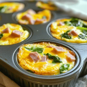 - 6 large eggs - 1 cup diced ham - 1 cup shredded cheddar cheese - 1/2 cup milk - 1 cup baby spinach - 1/2 teaspoon garlic powder - 1/4 teaspoon black pepper - 1/4 teaspoon salt - Cooking spray or olive oil - Garnish with fresh herbs like parsley or chives for added flavor. - Serve with a side of fresh fruit for a balanced breakfast. These ingredients make a tasty and filling breakfast. The eggs provide protein, while the ham and cheese add great flavor. Baby spinach gives a nice touch of color and nutrition. You can switch up the cheese or add different veggies if you like. Each bite is packed with taste, making them a hit for any meal. For the full recipe, check out the details above. - Preheat your oven to 375°F (190°C). This makes sure the cups cook evenly. - Grease a standard muffin tin with cooking spray or olive oil. This helps prevent sticking. - In a large bowl, crack 6 large eggs. Add 1/2 cup of milk. - Whisk the eggs and milk until mixed well. Aim for a frothy texture for fluffiness. - Add 1/2 teaspoon of garlic powder, 1/4 teaspoon of black pepper, and 1/4 teaspoon of salt. - Stir this mixture well to spread the flavors evenly. - Now, gently fold in 1 cup of diced ham, 1 cup of shredded cheddar cheese, and 1 cup of roughly chopped baby spinach. - Make sure everything is mixed thoroughly. This ensures each cup has the same great taste. - Carefully pour the egg mixture into each muffin cup. Fill each cup about three-quarters full. - This allows room for the cups to rise while baking. - Place the muffin tin in the oven and bake for 18-20 minutes. - The cups are ready when the eggs are set and the tops are golden. - Remove the muffin tin from the oven and let it cool for about 5 minutes. - Run a small knife around the edges of each cup to help with removal. These ham, cheese, and egg cups are a great way to start your day! For the complete recipe, check out the [Full Recipe]. To make your ham, cheese, and egg cups perfect, follow these tips: - Ensuring even cooking: Preheat your oven well. This helps cook the eggs evenly. - Avoiding overfilling the muffin cups: Fill each cup three-quarters full. This gives the eggs room to rise. You can boost the taste of these cups in simple ways: - Suggested herbs and seasonings to experiment with: Try adding fresh herbs like parsley or chives. You can also use a pinch of paprika for warmth. - Cheese alternatives: If you want a twist, use feta or goat cheese. These options bring a unique flavor that pairs well with ham. Using the right tools makes a big difference: - Recommended muffin tin types: A standard metal muffin tin works well. It gives a nice brown color to the cups. - Using silicone vs. metal pans: Silicone pans are great for easy removal. They prevent sticking but may not brown as well as metal pans. Choose based on your needs. For the full recipe, check out the main recipe section above! {{image_4}} You can switch out the protein in this recipe. Bacon or sausage works great instead of ham. For a vegetarian version, try using mushrooms or bell peppers. This adds flavor and color to your cups. If you need a gluten-free option, make sure all your ingredients are gluten-free. You can use gluten-free bread crumbs for added texture if you like. For health-conscious eaters, consider using egg whites instead of whole eggs. You could also use low-fat cheese and milk for fewer calories. Want to spice things up? Add jalapeños or a dash of hot sauce to the egg mix. You can also experiment with different cheeses like feta, pepper jack, or gouda. Mixing cheeses can create a richer taste and make your breakfast more exciting. To keep your ham, cheese, and egg cups fresh, place them in the fridge. Use an airtight container to seal in moisture and flavor. A glass or plastic container with a lid works best. Ensure the cups are completely cool before placing them in the container. You can freeze these tasty cups for later meals. First, let them cool completely. Then, use a freezer-safe container or a zip-top bag. Label the bag with the date for easy tracking. When you're ready to enjoy them again, thaw them in the fridge overnight. Reheat them in the microwave or oven until warm. These breakfast cups stay fresh for about three days in the fridge. Keep an eye out for signs of spoilage, like a sour smell or a change in texture. If they look or smell off, it’s best to throw them away. For great taste, eat them within the recommended time. To stop the cups from sticking, grease the muffin tin well. Use cooking spray or olive oil. Make sure to coat each cup evenly. You can also line the tin with cupcake liners for easy removal. This way, your cups will pop out easily without breaking. Yes, you can make these cups ahead of time. They store well in the fridge for up to three days. Just let them cool completely before placing them in an airtight container. To reheat, simply pop them in the microwave for about 30 seconds. This makes breakfast quick and easy on busy mornings. You can boost nutrition by adding diced bell peppers, onions, or tomatoes. These not only add flavor but also color. You can swap out the cheddar cheese for a lower-fat option. Use whole grain muffins instead of regular ones for added fiber. These swaps make the meal healthier without losing taste. Yes, you can use egg substitutes for this recipe. Silken tofu works well as an egg replacement. You can also use chickpea flour mixed with water as a vegan option. Just make sure to adjust the liquid in the recipe accordingly. This way, everyone can enjoy these tasty cups! For the full recipe, check out the [Full Recipe]. This recipe offers a tasty, easy way to enjoy egg muffins. You need simple ingredients like eggs, ham, cheese, and spinach. With clear steps, you can whip these up quickly. Customize them with your favorite toppings or swaps, like turkey or peppers. Remember to store any leftovers properly so they stay fresh. Enjoy experimenting with flavors and ensure these muffins fit your diet. This makes breakfast fun and easy.