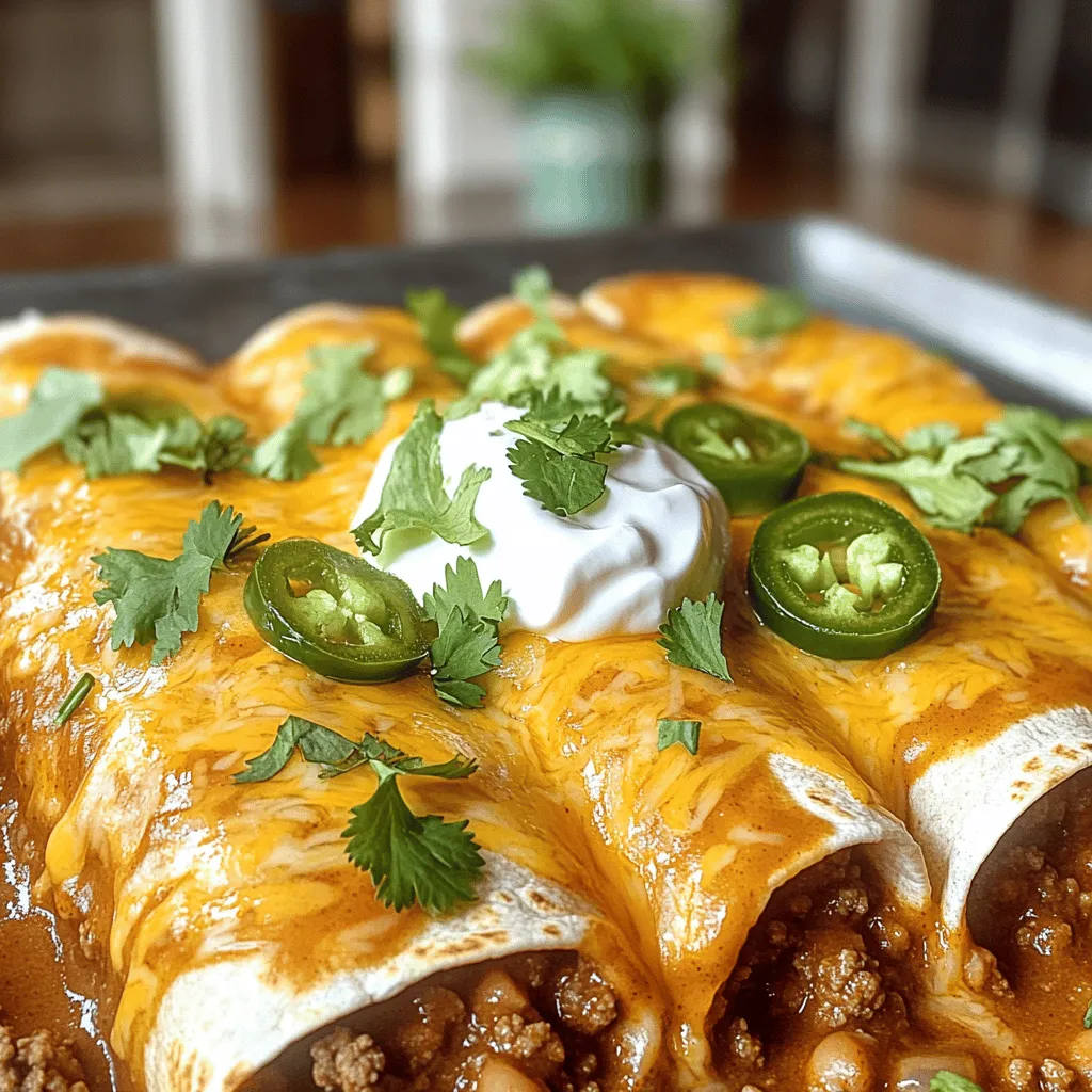 - 1 pound ground beef - 1 small onion, finely chopped - 2 cloves garlic, minced - 1 teaspoon ground cumin - 1 teaspoon chili powder - 8 small corn tortillas - 2 cups shredded cheddar cheese, plus extra for garnish - 1 can (15 oz) refried beans - 1 can (10 oz) enchilada sauce - 1/2 cup sour cream - Fresh cilantro and sliced jalapeños for garnish (optional) I love using these fresh and simple ingredients for my Easy Cheesy Ground Beef Enchiladas. The ground beef gives a nice hearty flavor, while the spices add warmth. The tortillas hold everything together, and the cheddar cheese makes it all rich and creamy. Using refried beans adds a smooth texture. They blend well with the beef, making each bite satisfying. For the sauce, I pick a good enchilada sauce that brings a kick of flavor. You can even add your favorite toppings, like sour cream and fresh cilantro. These choices let you customize each serving to your taste. You can find the full recipe with details on how to prepare these delicious enchiladas! - Preheat your oven to 350°F (175°C). - In a large skillet, cook 1 pound of ground beef with 1 small onion, finely chopped, and 2 cloves of minced garlic. Stir the mixture until the beef turns brown, and the onion gets soft. This takes about 5 to 7 minutes. - After draining any fat, mix in 1 teaspoon of ground cumin, 1 teaspoon of chili powder, and 1 can of refried beans. Stir until smooth. - Grab a tortilla and place 2 to 3 tablespoons of the beef mixture in the center. Sprinkle a small handful of shredded cheddar cheese on top. Roll the tortilla around the filling to shape it into an enchilada. Repeat this for all tortillas, placing each one seam-side down in a greased 9x13 inch baking dish. - Pour 1 can of enchilada sauce evenly over the rolled enchiladas. Make sure each one is well covered. - Sprinkle the remaining shredded cheddar cheese on top for a cheesy finish. - Cover the baking dish tightly with aluminum foil and bake for 20 minutes. After this, take off the foil and bake for another 10 minutes. Look for melty, bubbly cheese that is slightly golden. This simple recipe helps you create delicious cheesy ground beef enchiladas at home. Choosing the right cheese For cheesy ground beef enchiladas, I prefer sharp cheddar cheese. It melts well and adds great flavor. You can also mix in Monterey Jack for a creamier texture. If you want a little heat, try pepper jack cheese. Adjusting spice levels Spice levels in your enchiladas can make a big difference. If you like mild flavors, use less chili powder and cumin. For more heat, add diced jalapeños or a pinch of cayenne pepper. Always taste as you go to find your perfect balance. Garnishing enchiladas attractively To make your enchiladas pop, use fresh cilantro and sliced jalapeños. Sprinkle these on top just before serving. A dollop of sour cream adds a nice creamy touch. You can also drizzle some enchilada sauce on the plate for color. Serving suggestions Serve your enchiladas with a side of Mexican rice or a fresh salad. This adds a nice contrast to the warm, cheesy dish. You can also set out extra toppings like avocado or lime wedges for guests to enjoy. For the full recipe, check out the provided instructions to create these delicious enchiladas. {{image_4}} You can make your enchiladas lighter by using ground turkey or chicken. These meats have less fat than beef. They still taste great and keep the meal filling. You can also add vegetables to boost the nutrients. Chopped spinach, bell peppers, or zucchini work well. Just sauté them with the onion and garlic before adding the meat. This will add flavor and color to your dish. Switching up the sauce can change the whole meal. If you want a twist, try green enchilada sauce instead of red. It brings a fresh, tangy taste. You can also mix different seasonings to make your enchiladas unique. Try adding smoked paprika or chipotle for a smoky flavor. Don’t forget to check the Full Recipe for more ideas on making your enchiladas special! After making your cheesy ground beef enchiladas, you’ll want to store any leftovers properly. First, let the enchiladas cool down to room temperature. Then, place them in a shallow, airtight container. This helps keep them fresh and tasty. You can store them in the fridge for up to 3 days. When you're ready to eat, simply reheat them in the oven. Set your oven to 350°F (175°C) and cover the dish with aluminum foil. Bake for about 15 to 20 minutes until hot. You can also microwave them for quicker reheating, but keep an eye on them to avoid overcooking. If you want to save enchiladas for later, freezing is a great option. You can freeze them before or after baking. To freeze unbaked enchiladas, wrap each one tightly in plastic wrap. Place them in a freezer-safe bag or container. This prevents freezer burn and keeps them fresh. If you freeze baked enchiladas, let them cool completely first. Then, cover them tightly with plastic wrap and aluminum foil. They can last in the freezer for up to 3 months. When you're ready to enjoy them, thaw the enchiladas in the fridge overnight. If you are in a hurry, you can also thaw them in the microwave. Once thawed, reheat them in the oven at 350°F (175°C) for about 20-25 minutes. Enjoy these delicious meals anytime with the right storage methods! For the full recipe, refer back to the beginning. Yes, you can make enchiladas ahead. Prepare them up to the baking step. - Assemble the enchiladas: Follow the steps to fill and roll your tortillas. - Store in the fridge: Place them in a covered dish for up to 24 hours. - Bake when ready: Just add a few extra minutes to the baking time. Soggy enchiladas happen when they soak up too much sauce. Here are some tips: - Use less sauce: Pour just enough sauce to cover the enchiladas lightly. - Warm tortillas: Heat the tortillas briefly before filling them. This helps them stay firm. - Bake uncovered: For the last part of baking, remove the foil. This keeps the top crispy. If you want a change, you can swap out refried beans. Here are some options: - Black beans: Mash them for a similar texture. They add a nice flavor too. - Lentils: Cooked lentils make a great filling. They are high in protein and fiber. - Chickpeas: Use mashed chickpeas for a unique twist. They are tasty and healthy. Feel free to explore these options to fit your taste! For the full recipe, check out the details above. This blog post covered how to make delicious enchiladas. We discussed the main and additional ingredients, including ground beef, tortillas, and cheese. I shared step-by-step instructions to help you prepare, assemble, and bake your dish. You gained tips to enhance flavor and presentation and learned about variations to suit your tastes. Finally, we reviewed storage and reheating tips. Enchiladas are fun to make and enjoy. With practice, you will create amazing meals your friends and family will love.