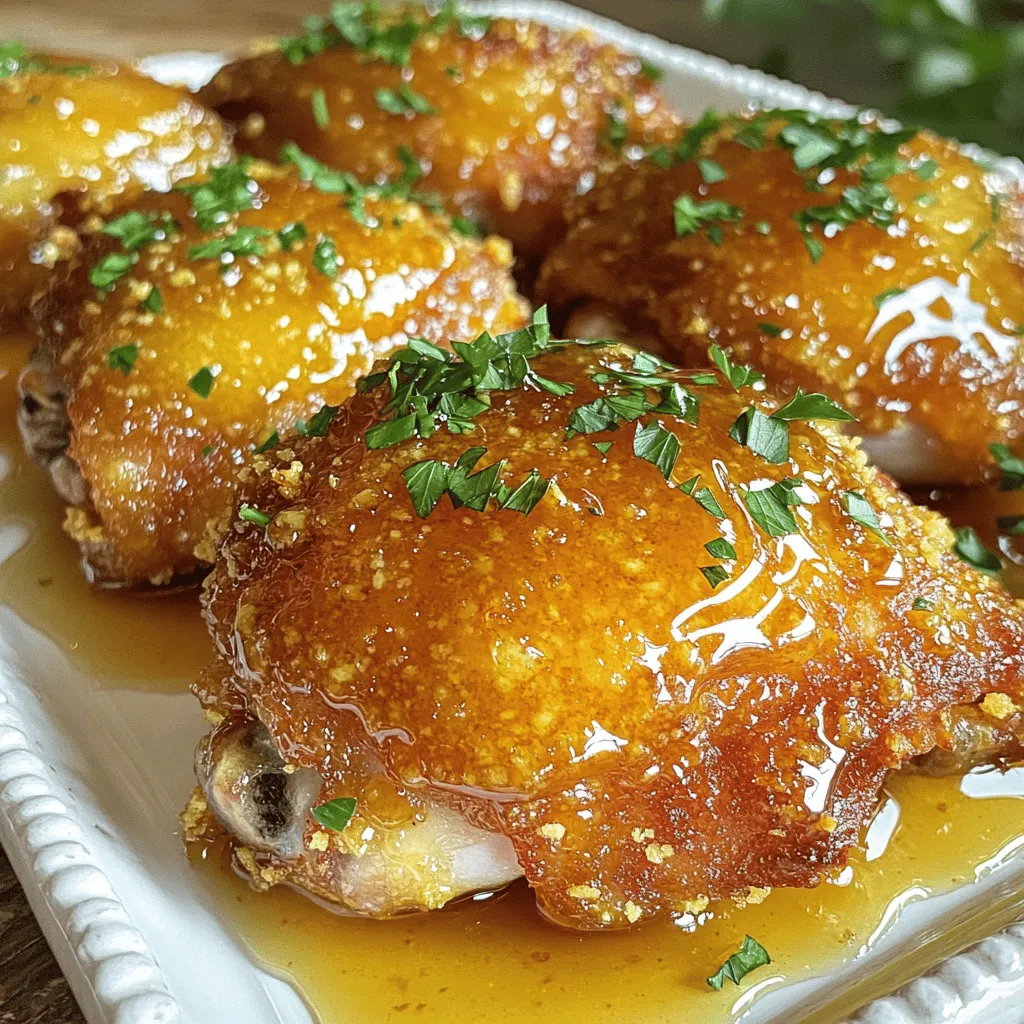 To make Baked Crunchy Hot Honey Chicken, you need a few simple ingredients. Here’s what you’ll need: - 4 boneless, skinless chicken thighs - 1 cup buttermilk - 1 cup all-purpose flour - 1/2 cup cornmeal - 1 teaspoon smoked paprika - 1 teaspoon garlic powder - 1 teaspoon onion powder - 1/2 teaspoon cayenne pepper (adjust this for more or less spice) - 1/2 teaspoon salt - 1/2 teaspoon black pepper - 1/4 cup hot honey (store-bought or homemade) - Fresh parsley, finely chopped (for garnish) These ingredients come together to create a dish that is crispy, sweet, and spicy. The buttermilk keeps the chicken juicy, while the flour and cornmeal give it a perfect crunch. The spices add warmth and depth, and the hot honey brings everything together with a sweet kick. For the full recipe, just follow along with the steps in the next section! Marinate the Chicken Start by placing the chicken thighs in a large bowl. Pour in the buttermilk, covering the chicken entirely. Cover the bowl with plastic wrap. Let it chill in the fridge for at least 1 hour. For even better flavor, marinate overnight if you can. Prepare the Coating In another bowl, mix the flour, cornmeal, and spices. Add smoked paprika, garlic powder, onion powder, cayenne pepper, salt, and black pepper. Whisk them together well. This mix gives your chicken a yummy taste and nice crunch. Preheat the Oven Set your oven to 425°F (220°C). Line a baking sheet with parchment paper. This step prevents sticking and makes cleanup easy. Coat the Chicken Take the marinated chicken out of the buttermilk. Let any extra buttermilk drip off. Now, dredge each thigh in the flour mix. Press down to coat well. Arrange the coated chicken on your baking sheet. Bake the Chicken Lightly spray the chicken with cooking spray or drizzle some olive oil on top. This helps it get extra crunchy. Bake for 25 to 30 minutes. Your chicken is ready when it is golden brown and reaches 165°F (75°C) inside. Finish with Hot Honey When the chicken comes out of the oven, drizzle hot honey over each piece. The heat from the chicken makes the honey melt just a bit, adding more flavor. For the full recipe, check out the instructions above! To get that crunchy texture, focus on your coating. Start by pressing the flour mixture firmly onto the chicken. This helps the coating stick well. Use a light mist of cooking spray or a drizzle of olive oil before baking. This adds a crisp layer without frying the chicken. You want the coating to be golden and crispy, not soggy. For extra flavor, play with the spices in the mix. If you want more heat, add more cayenne pepper. You can also try adding some dried herbs like oregano or thyme for a different taste. A bit of garlic powder can also brighten the dish. Adjust the spices based on your taste. Don’t be afraid to experiment! Make your dish look great by arranging the chicken nicely on a platter. Drizzle some hot honey on top for a shiny effect. Scatter freshly chopped parsley around the chicken for color. Serve it with sides like coleslaw or fresh veggies. This adds a nice crunch and balances the meal. For more ideas, check the Full Recipe. {{image_4}} If you don't have buttermilk, use plain yogurt or milk mixed with lemon juice. This will give you a similar tangy flavor. For all-purpose flour, you can swap it with whole wheat flour or almond flour. These options will change the taste slightly but still work well in this recipe. You can easily change the spice level. If you want it milder, cut the cayenne pepper in half or leave it out. For a spicier kick, add more cayenne or try using hot paprika instead. Taste the coating mix before you coat the chicken to find the right heat for you. If you prefer a faster method, try using an air fryer. Set it to 400°F (200°C) and cook the chicken for about 20 minutes. For stovetop cooking, heat oil in a skillet over medium heat. Cook each piece for 5-7 minutes per side until golden brown. Both methods yield crispy chicken, just like the oven! Find the Full Recipe to explore these variations and make this dish your own! To keep your Baked Crunchy Hot Honey Chicken fresh, place it in an airtight container. Let the chicken cool before sealing. Store it in the fridge for up to three days. Make sure to keep it away from strong-smelling foods to avoid flavor transfer. To reheat your chicken and keep it crunchy, use the oven. Preheat your oven to 375°F (190°C). Place the chicken on a baking sheet. Heat for about 10-15 minutes until warm and crispy. Avoid using the microwave, as it can make the chicken soggy. If you want to freeze the chicken, let it cool completely. Wrap each piece tightly in plastic wrap, then place them in a freezer bag. This way, it will last for up to three months. To thaw, move the chicken to the fridge overnight. Reheat it in the oven for the best crunch. For more detailed instructions, check the Full Recipe. The best way to marinate chicken is to use buttermilk. It keeps the meat juicy and adds flavor. Aim to marinate for at least 1 hour. For the best taste, let it sit overnight. This longer time allows the chicken to absorb more flavor. Always cover your bowl with plastic wrap to keep it fresh. Yes, you can use chicken breasts, but thighs are better. Thighs have more fat, which keeps them moist. They also have a richer flavor. Chicken breasts can dry out quicker when cooked. If you use breasts, check them often to avoid overcooking. Making homemade hot honey is easy! Here’s a quick recipe: - Ingredients: - 1 cup honey - 1-2 tablespoons of your favorite hot sauce (adjust to your spice level) - Instructions: 1. In a small saucepan, mix honey and hot sauce. 2. Heat over low heat until it's warm. 3. Stir well and remove from heat. 4. Let it cool before using. This hot honey adds a sweet and spicy kick to your dish. For sides, you have many tasty options. Here are some ideas: - Coleslaw for crunch and creaminess. - Roasted vegetables for a healthy touch. - Mashed potatoes to soak up the hot honey. - Rice to balance the flavors. - Cornbread for a sweet side. These sides complement the chicken well and make a complete meal. In this post, we covered the key steps to make Baked Crunchy Hot Honey Chicken. You learned about the best ingredients, how to prepare and bake the chicken, and tips for achieving crunch. We also explored variations and storage ideas. Baking this dish is simple yet rewarding. With just a few tweaks, you can make it your own. Enjoy your tasty creation and the smiles it brings!