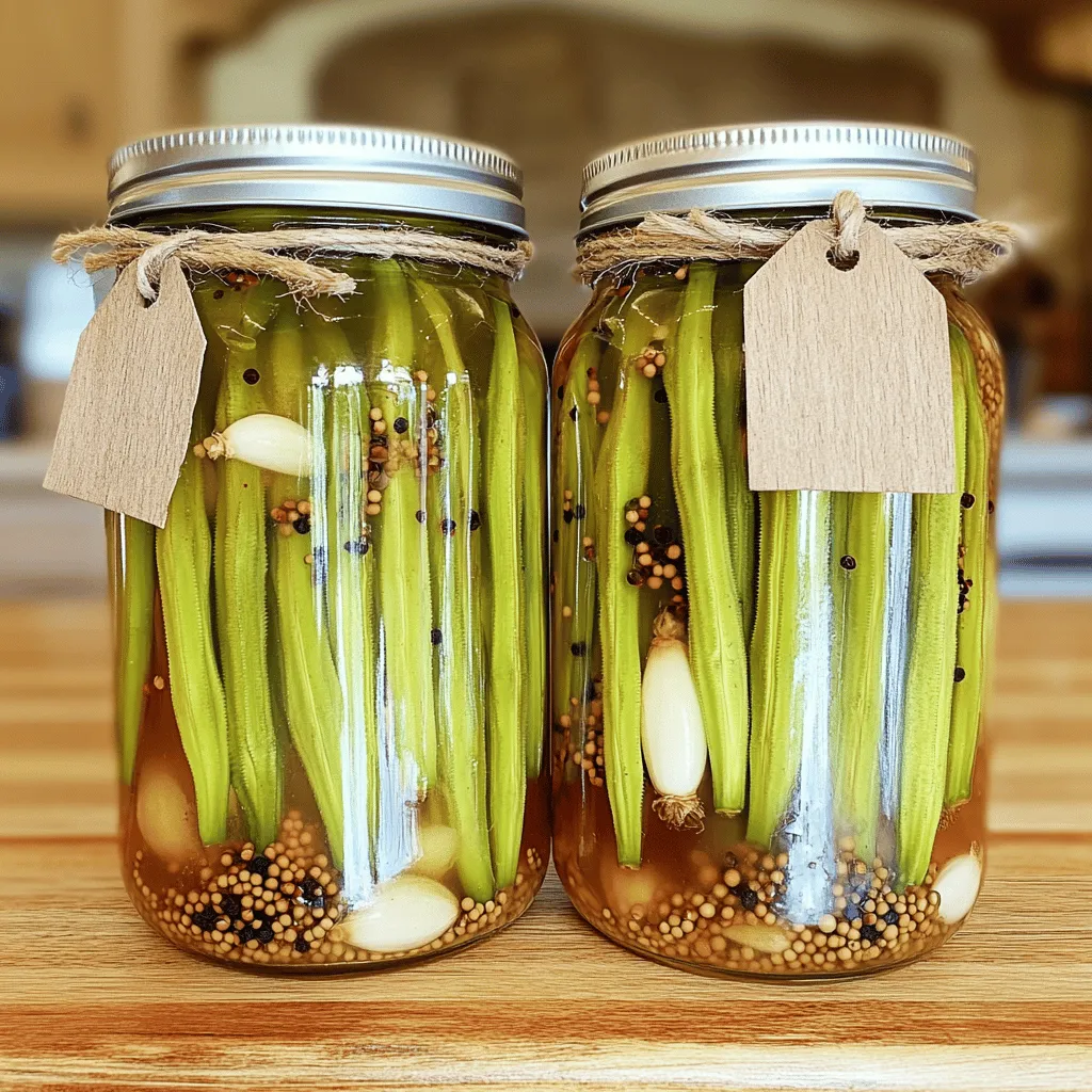 - 1 pound fresh okra, trimmed - 2 cloves garlic, sliced - 1 teaspoon black peppercorns - 1 teaspoon mustard seeds - 1 teaspoon red pepper flakes (optional) - 1 bay leaf - 1 cup distilled white vinegar - 1 cup water - 2 tablespoons kosher salt - 1 tablespoon granulated sugar - Sterilized glass jars (16-ounce) - Medium saucepan - Mixing spoon When you make refrigerator pickled okra, start by gathering your fresh ingredients. Choose bright, firm okra pods for the best crunch. The garlic adds a savory note, while black peppercorns and mustard seeds bring depth to the flavor. If you like heat, the red pepper flakes will give your okra a spicy kick. The bay leaf rounds out the flavor profile beautifully. Next, you need the brine. The vinegar and water create the acidic base for the pickling process. Kosher salt is key for seasoning, and sugar helps balance the acidity. This mix enhances the flavor of the okra and keeps it crisp. Don’t forget about your tools! You’ll need clean, sterilized glass jars to hold your pickled okra. A medium saucepan helps you create the brine, and a mixing spoon is essential for stirring everything together. With these ingredients and tools, you are ready to start your pickling adventure. For the complete recipe, you can refer to the Full Recipe section. First, gather your ingredients for the brine. You will need vinegar, water, salt, and sugar. In a medium saucepan, combine: - 1 cup distilled white vinegar - 1 cup water - 2 tablespoons kosher salt - 1 tablespoon granulated sugar Place the saucepan over medium heat. Stir the mixture until the salt and sugar dissolve completely. This step is key for a balanced flavor. Once dissolved, remove the saucepan from heat and let the brine cool slightly. Next, prepare your jars. Clean two 16-ounce glass jars thoroughly. You can wash them with hot, soapy water. Rinse them well. For a faster method, run them through the hottest cycle of your dishwasher. Clean jars are vital for pickling. They help prevent spoilage and ensure safety. Now, it’s time to pack the okra. Start by layering the garlic and spices in each jar. Add: - 2 cloves garlic, thinly sliced - 1 teaspoon black peppercorns - 1 teaspoon mustard seeds - 1 teaspoon red pepper flakes (optional) - 1 bay leaf Once the spices are in, carefully pack the fresh okra into the jars. Make sure they are upright and snug, but don’t crush them. Leave some space at the top for the brine. When the brine has cooled to just above room temperature, pour it over the okra in each jar. Ensure the okra is fully submerged in the brine. This helps with flavor and preservation. After sealing the jars tightly with their lids, let them cool on the countertop. Once they reach room temperature, transfer them to the refrigerator. Allow the okra to pickle for at least 24 hours. They taste even better after a week! Enjoy the crunchy, tangy goodness as they develop more flavor over time. For the complete recipe, refer to the Full Recipe section. To make your refrigerator pickled okra even better, try adding spices. Some great options are: - Dill seeds - Coriander seeds - Celery seeds Each spice adds a unique taste. If you want more heat, increase the red pepper flakes. Letting the okra sit in the brine is key. It allows the flavors to blend. The longer you wait, the better the taste. I suggest waiting at least 24 hours. For a richer flavor, wait up to a week. Pickled okra can enhance many dishes. You can enjoy them straight from the jar. They also make a great side for fried chicken or barbecued meats. For a fun twist, add pickled okra to your cocktails. They make a great garnish in a Bloody Mary. You can even toss them into a salad for a crunchy bite. A few mistakes can ruin your pickling process. One common error is overpacking jars. This can lead to uneven brining. Make sure to leave some space for the okra to breathe. Using non-sterilized containers is another mistake. Always sterilize your jars before adding okra. This step helps prevent spoilage and keeps your pickles fresh. {{image_4}} To make your okra spicy, you can adjust the spice levels. Start with extra red pepper flakes. If you like more heat, add sliced jalapeños or habaneros. This will give a great kick! Here’s what you’ll need for a spicier version: - 1 pound fresh okra, trimmed - 2 cloves garlic, sliced - 1 teaspoon black peppercorns - 1 teaspoon mustard seeds - 1 teaspoon red pepper flakes (or more for extra heat) - 1 bay leaf - Additional sliced jalapeños or habaneros (optional) If you prefer a sweet taste, add more sugar or try different sweeteners. Honey or agave syrup can work well. You can also add flavors like cinnamon or cloves for a unique twist. This gives the okra a lovely sweet and tangy taste. Here are some ideas to sweeten your pickles: - 1 pound fresh okra, trimmed - 2 cloves garlic, sliced - 1 teaspoon black peppercorns - 1 teaspoon mustard seeds - 1 cup sugar (or to taste) - 1 bay leaf - Optional flavor infusions (cinnamon stick or cloves) Using fresh herbs in the brine adds a fresh flavor. Dill and thyme are great choices. You can add a few sprigs of these herbs along with your spices. This will enhance the taste of your pickles and make them aromatic. Here’s how to include herbs: - 1 pound fresh okra, trimmed - 2 cloves garlic, sliced - 1 teaspoon black peppercorns - 1 teaspoon mustard seeds - Fresh dill or thyme sprigs (as desired) - 1 bay leaf Feel free to mix and match these ideas. Experimenting with flavors makes your pickled okra special! For the full recipe, check out the [Full Recipe]. Refrigerator pickled okra lasts about 1 to 3 months in the fridge. Always check for signs of spoilage. If the okra changes color, smells off, or has mold, it’s time to toss it. To keep your pickled okra fresh, seal the jars well. Make sure the lids fit tightly. This helps keep out air and bacteria. Before dipping anything into the jar, wash your hands. This avoids contamination. Use clean utensils when serving the okra. You can freeze pickled okra, but it may change in taste and texture. The crunchiness might fade, making it softer. If you decide to freeze, use airtight containers. Fill them with the okra and brine. Leave some space at the top for expansion. Thaw in the fridge before eating. The best time to refrigerate pickled okra is at least 24 hours. This gives the flavors time to blend. However, for the best taste, I recommend waiting up to a week. The longer it sits, the tastier it becomes! Yes, you can reuse the pickling brine for another batch of okra. Just make sure to strain it first to remove bits of okra and spices. Always check for any signs of spoilage, like off smells or changes in color. If it looks good, it should be fine to use again! Absolutely! Pickled okra is low in calories and high in vitamins. It contains vitamin K and fiber, which are great for your health. Just keep an eye on the sodium content, as the brine can be salty. Enjoy it as a nutritious snack or side dish. You can serve pickled okra in many fun ways. Use it as a tangy side for meals or add it to salads. They also make great garnishes for cocktails like a Bloody Mary. Get creative and enjoy the crunch and flavor! For the full recipe, check out the Refrigerator Pickled Okra section. You learned how to make delicious pickled okra. We covered the fresh ingredients, brine mix, and equipment you need. I shared step-by-step instructions and tips for better flavor. Don't forget the variations to customize your pickling. Pickled okra can add zing to many meals. Store it safely and watch for spoilage signs. Have fun creating your own healthy snacks! Enjoy the crunch and flavor in every bite.