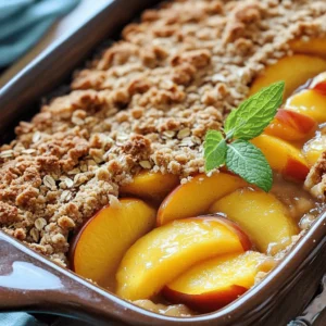 - Fresh ripe peaches - Sugar and brown sugar - Lemon juice and vanilla extract - Oats, flour, and baking powder - Unsalted butter and salt To make the best peach crisp, start with fresh, ripe peaches. Choose peaches that smell sweet and feel slightly soft. You will need about 6 peaches for this recipe. Next, gather your sugars. Granulated sugar will add sweetness, while brown sugar brings a rich flavor. Lemon juice gives a nice tang to the peaches. Use fresh juice for the best taste. Pure vanilla extract adds warmth and depth to the dish. For the crisp topping, you will need rolled oats and all-purpose flour. These two ingredients create a delicious crunch. Baking powder helps the topping rise slightly during baking. Lastly, unsalted butter binds everything together while adding richness. A pinch of salt balances the sweetness and enhances the flavor. - Nuts for added crunch - Spices for a flavor boost - Other fruits to combine with peaches You can make your peach crisp even better with a few add-ins. Chopped nuts, like almonds or walnuts, add great texture. Add them to the topping for an extra crunch. Consider adding spices too. Cinnamon is a classic choice, but nutmeg or ginger can add a unique touch. Just a little goes a long way. Feel free to mix in other fruits with the peaches. Berries like blueberries or raspberries can add a nice tartness. Apples also pair well with peaches for a different flavor profile. For the full recipe, check out the Heavenly Peach Crisp Delight section. To make the peach filling, start with ripe peaches. First, peel each peach. Then, slice them into thin wedges. Use a sharp knife for clean cuts. Place the slices in a big bowl. Next, mix the filling ingredients. Add 3/4 cup of granulated sugar to the peaches. Then, pour in the fresh lemon juice. Sprinkle the ground cinnamon and add pure vanilla extract. Gently toss the mixture. Make sure each peach slice gets coated. Once done, transfer this mixture into a greased 9x13-inch baking dish. Spread it out evenly to cover the bottom. Now, let’s make the oat crisp topping. In a separate bowl, combine the dry ingredients. Add rolled oats, all-purpose flour, packed brown sugar, and baking powder. Throw in a pinch of salt. Mix them well with a spoon. To achieve the perfect crumbly texture, drizzle the melted butter over the dry mix. Use a fork or your hands to stir. Keep mixing until the mixture looks crumbly and moist. This texture helps create a crunchy topping. Now it’s time to assemble the crisp. Evenly sprinkle the oat topping over the peach layer in the baking dish. Cover the peaches completely. This will create a deliciously crunchy layer on top. Preheat your oven to 350°F (175°C) if you haven’t done so. Place the baking dish in the oven. Bake for 30 to 35 minutes. Watch for the topping to turn a gorgeous golden brown. You’ll also see peach juices bubbling at the edges. Once baked, remove the dish and let it cool for 5-10 minutes. This helps the crisp set a bit. Now your peach crisp is ready to enjoy! For a special touch, serve it warm with vanilla ice cream or whipped cream. When selecting peaches, look for these signs of ripeness: - Bright yellow or orange skin - A slight give when gently squeezed - A sweet aroma near the stem For the best flavor, choose these types of peaches: - Freestone peaches for easy slicing - Clingstone peaches for more juice If your topping is too dry, add a little melted butter. This helps it stick together. If it's soggy, bake it a bit longer until golden. To adjust sweetness, taste the peach mix before baking. Add more sugar if needed. A hint of lemon juice can also balance flavors. Serve warm peach crisp straight from the dish. Top it with vanilla ice cream for a creamy contrast. A dollop of whipped cream works well too. For a lovely touch, garnish with fresh peach slices or mint sprigs. This adds color and flavor, making your dish more inviting. Try these ideas to impress your guests! For the full recipe, check out the Heavenly Peach Crisp Delight. {{image_4}} To make a gluten-free peach crisp, you can swap regular flour and oats for gluten-free options. Use almond flour or coconut flour instead of all-purpose flour. For oats, choose certified gluten-free rolled oats. This keeps the flavor rich while avoiding gluten. Ensure you adjust the baking time, as gluten-free flour can alter texture. To keep your peach crisp flavorful, add a bit more cinnamon or vanilla extract. This boosts taste and makes your dish sing. Want to jazz up your peach crisp? Try adding berries like blueberries or raspberries. The tartness of these fruits pairs well with sweet peaches. You can also mix in apples or pears for extra depth. Flavored extracts can bring fun twists too. Try almond or coconut extract for a different taste. A hint of nutmeg can also add warmth to the dish. Don’t be afraid to experiment; that’s part of the joy of cooking! For a fun twist, make mini peach crisps in individual ramekins. This is perfect for parties or a family treat. To do this, prepare the peach mixture and the topping as usual. Then, divide them into small dishes. You may need to adjust the baking time. Bake these mini treats for about 20-25 minutes. Keep an eye on them; when the topping is golden and the fruit bubbles, they’re done. This way, each person gets their own little dessert! For the full recipe, refer to the Heavenly Peach Crisp Delight section. After you enjoy your peach crisp, store any leftovers properly. Use an airtight container to keep it fresh. Glass or plastic containers work best. If you have a deep dish, cover it tightly with plastic wrap. This helps prevent the crisp from drying out. Leftover peach crisp stays fresh in the fridge for about 3-4 days. If it has ice cream or cream on top, eat it sooner. When you want to enjoy your peach crisp again, reheating is key. The oven is best for this task. Preheat it to 350°F (175°C). Place the crisp in an oven-safe dish. Cover it with foil to keep it moist. Heat for about 15-20 minutes or until warm. If you are short on time, you can use a microwave. However, it may make the topping a bit soggy. For the best results, reheat in short intervals. Check every 30 seconds until warm. You can also freeze peach crisp to save it for later. If you want to freeze it before baking, prepare the dish as normal. Wrap it tightly with plastic wrap and aluminum foil. This keeps out air and frost. If you freeze it after baking, allow it to cool first. Then, wrap it well in plastic and foil too. To thaw, move it to the fridge for a few hours or overnight. When you’re ready to eat, reheat it in the oven at 350°F (175°C) until warm. This will keep the topping crispy and delicious. For the full recipe, check out the Heavenly Peach Crisp Delight ! Yes, you can use frozen peaches. They work well in this recipe. - Thaw the peaches first. - Drain any excess juice. - Add a bit more lemon juice to keep the flavor bright. - You may need to bake a few minutes longer to get it bubbly. Look for a golden brown top and bubbling juices. - The topping should be crispy and firm. - You can also insert a toothpick; it should come out clean. - Let it cool slightly before serving for the best texture. Yes, you can prepare it ahead of time. - Assemble the crisp without baking it. - Cover it and store it in the fridge for up to a day. - Bake it right before you serve for the best taste. A serving of peach crisp has about: - 250 calories - 10 grams of fat - 40 grams of carbs - 2 grams of protein - 3 grams of fiber These numbers can vary based on your ingredients. Always check your specific brands for exact info. Peach crisp is a delightful dessert that mixes ripe peaches, sweet toppings, and warm flavors. We explored key ingredients, from fresh peaches to optional add-ins, that elevate your dish. We also discussed how to prepare the peach filling, make the oat topping, and assemble the crisp for baking. Remember to choose the best peaches and troubleshoot common issues for perfect results each time. With variations like gluten-free options and mini servings, you can enjoy peach crisp any way you like. Keep these tips in mind, and you'll impress anyone who tastes your dessert.