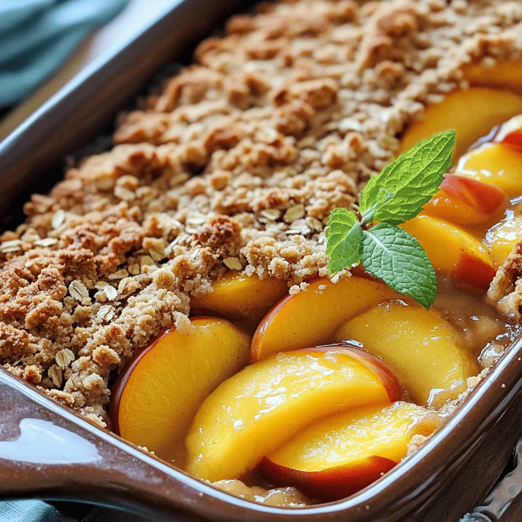 - Fresh ripe peaches - Sugar and brown sugar - Lemon juice and vanilla extract - Oats, flour, and baking powder - Unsalted butter and salt To make the best peach crisp, start with fresh, ripe peaches. Choose peaches that smell sweet and feel slightly soft. You will need about 6 peaches for this recipe. Next, gather your sugars. Granulated sugar will add sweetness, while brown sugar brings a rich flavor. Lemon juice gives a nice tang to the peaches. Use fresh juice for the best taste. Pure vanilla extract adds warmth and depth to the dish. For the crisp topping, you will need rolled oats and all-purpose flour. These two ingredients create a delicious crunch. Baking powder helps the topping rise slightly during baking. Lastly, unsalted butter binds everything together while adding richness. A pinch of salt balances the sweetness and enhances the flavor. - Nuts for added crunch - Spices for a flavor boost - Other fruits to combine with peaches You can make your peach crisp even better with a few add-ins. Chopped nuts, like almonds or walnuts, add great texture. Add them to the topping for an extra crunch. Consider adding spices too. Cinnamon is a classic choice, but nutmeg or ginger can add a unique touch. Just a little goes a long way. Feel free to mix in other fruits with the peaches. Berries like blueberries or raspberries can add a nice tartness. Apples also pair well with peaches for a different flavor profile. For the full recipe, check out the Heavenly Peach Crisp Delight section. To make the peach filling, start with ripe peaches. First, peel each peach. Then, slice them into thin wedges. Use a sharp knife for clean cuts. Place the slices in a big bowl. Next, mix the filling ingredients. Add 3/4 cup of granulated sugar to the peaches. Then, pour in the fresh lemon juice. Sprinkle the ground cinnamon and add pure vanilla extract. Gently toss the mixture. Make sure each peach slice gets coated. Once done, transfer this mixture into a greased 9x13-inch baking dish. Spread it out evenly to cover the bottom. Now, let’s make the oat crisp topping. In a separate bowl, combine the dry ingredients. Add rolled oats, all-purpose flour, packed brown sugar, and baking powder. Throw in a pinch of salt. Mix them well with a spoon. To achieve the perfect crumbly texture, drizzle the melted butter over the dry mix. Use a fork or your hands to stir. Keep mixing until the mixture looks crumbly and moist. This texture helps create a crunchy topping. Now it’s time to assemble the crisp. Evenly sprinkle the oat topping over the peach layer in the baking dish. Cover the peaches completely. This will create a deliciously crunchy layer on top. Preheat your oven to 350°F (175°C) if you haven’t done so. Place the baking dish in the oven. Bake for 30 to 35 minutes. Watch for the topping to turn a gorgeous golden brown. You’ll also see peach juices bubbling at the edges. Once baked, remove the dish and let it cool for 5-10 minutes. This helps the crisp set a bit. Now your peach crisp is ready to enjoy! For a special touch, serve it warm with vanilla ice cream or whipped cream. When selecting peaches, look for these signs of ripeness: - Bright yellow or orange skin - A slight give when gently squeezed - A sweet aroma near the stem For the best flavor, choose these types of peaches: - Freestone peaches for easy slicing - Clingstone peaches for more juice If your topping is too dry, add a little melted butter. This helps it stick together. If it's soggy, bake it a bit longer until golden. To adjust sweetness, taste the peach mix before baking. Add more sugar if needed. A hint of lemon juice can also balance flavors. Serve warm peach crisp straight from the dish. Top it with vanilla ice cream for a creamy contrast. A dollop of whipped cream works well too. For a lovely touch, garnish with fresh peach slices or mint sprigs. This adds color and flavor, making your dish more inviting. Try these ideas to impress your guests! For the full recipe, check out the Heavenly Peach Crisp Delight. {{image_4}} To make a gluten-free peach crisp, you can swap regular flour and oats for gluten-free options. Use almond flour or coconut flour instead of all-purpose flour. For oats, choose certified gluten-free rolled oats. This keeps the flavor rich while avoiding gluten. Ensure you adjust the baking time, as gluten-free flour can alter texture. To keep your peach crisp flavorful, add a bit more cinnamon or vanilla extract. This boosts taste and makes your dish sing. Want to jazz up your peach crisp? Try adding berries like blueberries or raspberries. The tartness of these fruits pairs well with sweet peaches. You can also mix in apples or pears for extra depth. Flavored extracts can bring fun twists too. Try almond or coconut extract for a different taste. A hint of nutmeg can also add warmth to the dish. Don’t be afraid to experiment; that’s part of the joy of cooking! For a fun twist, make mini peach crisps in individual ramekins. This is perfect for parties or a family treat. To do this, prepare the peach mixture and the topping as usual. Then, divide them into small dishes. You may need to adjust the baking time. Bake these mini treats for about 20-25 minutes. Keep an eye on them; when the topping is golden and the fruit bubbles, they’re done. This way, each person gets their own little dessert! For the full recipe, refer to the Heavenly Peach Crisp Delight section. After you enjoy your peach crisp, store any leftovers properly. Use an airtight container to keep it fresh. Glass or plastic containers work best. If you have a deep dish, cover it tightly with plastic wrap. This helps prevent the crisp from drying out. Leftover peach crisp stays fresh in the fridge for about 3-4 days. If it has ice cream or cream on top, eat it sooner. When you want to enjoy your peach crisp again, reheating is key. The oven is best for this task. Preheat it to 350°F (175°C). Place the crisp in an oven-safe dish. Cover it with foil to keep it moist. Heat for about 15-20 minutes or until warm. If you are short on time, you can use a microwave. However, it may make the topping a bit soggy. For the best results, reheat in short intervals. Check every 30 seconds until warm. You can also freeze peach crisp to save it for later. If you want to freeze it before baking, prepare the dish as normal. Wrap it tightly with plastic wrap and aluminum foil. This keeps out air and frost. If you freeze it after baking, allow it to cool first. Then, wrap it well in plastic and foil too. To thaw, move it to the fridge for a few hours or overnight. When you’re ready to eat, reheat it in the oven at 350°F (175°C) until warm. This will keep the topping crispy and delicious. For the full recipe, check out the Heavenly Peach Crisp Delight ! Yes, you can use frozen peaches. They work well in this recipe. - Thaw the peaches first. - Drain any excess juice. - Add a bit more lemon juice to keep the flavor bright. - You may need to bake a few minutes longer to get it bubbly. Look for a golden brown top and bubbling juices. - The topping should be crispy and firm. - You can also insert a toothpick; it should come out clean. - Let it cool slightly before serving for the best texture. Yes, you can prepare it ahead of time. - Assemble the crisp without baking it. - Cover it and store it in the fridge for up to a day. - Bake it right before you serve for the best taste. A serving of peach crisp has about: - 250 calories - 10 grams of fat - 40 grams of carbs - 2 grams of protein - 3 grams of fiber These numbers can vary based on your ingredients. Always check your specific brands for exact info. Peach crisp is a delightful dessert that mixes ripe peaches, sweet toppings, and warm flavors. We explored key ingredients, from fresh peaches to optional add-ins, that elevate your dish. We also discussed how to prepare the peach filling, make the oat topping, and assemble the crisp for baking. Remember to choose the best peaches and troubleshoot common issues for perfect results each time. With variations like gluten-free options and mini servings, you can enjoy peach crisp any way you like. Keep these tips in mind, and you'll impress anyone who tastes your dessert.