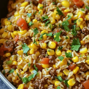 - 1 pound ground beef - 1 cup long-grain white rice - 1 medium onion, finely diced - 2 cloves garlic, minced - 1 bell pepper, diced - 1 can (14.5 oz) diced tomatoes, undrained - 2 cups beef broth - 1 teaspoon ground cumin - 1 teaspoon smoked paprika - 1/2 teaspoon dried oregano - Salt and pepper to taste - 1 cup corn - 1 tablespoon olive oil - Fresh parsley or cilantro, chopped When I create my Ground Beef and Rice Skillet, I always start with these main ingredients. Each one plays a crucial role in building flavor. - Ground beef gives the dish its hearty base. I prefer lean ground beef for a lighter meal. - Long-grain white rice cooks up fluffy and absorbs all the tasty juices. - Onion and garlic add depth and aroma. They make the kitchen smell divine as they cook. - Bell pepper brings a sweet crunch. Choose red for sweetness or green for earthiness. - Diced tomatoes provide moisture and acidity, balancing the rich beef. - Beef broth enhances the savory notes. You can swap it for chicken broth if you like. - Spices like cumin and smoked paprika add warmth and smokiness. - Corn adds a pop of color and sweetness, making the dish exciting. - Finally, a touch of olive oil helps everything sauté beautifully. To finish, I often garnish with fresh parsley or cilantro. It adds a bright touch and makes the dish visually appealing. For the full recipe, check out the section above. - Brown the Beef: Start by heating olive oil in your large skillet over medium-high heat. Add the ground beef, breaking it apart as it cooks. You need to brown it for about 5-7 minutes until there’s no pink left. If you see excess fat, drain it off. This keeps your dish lean and tasty. - Sauté Vegetables: Next, toss in your diced onion, bell pepper, and minced garlic. Stir them around for about 3-4 minutes. You want the veggies to soften and the onion to turn clear. This makes the base for your dish full of flavor. - Add Rice and Spices: Now, add your long-grain rice to the skillet. Sprinkle in the ground cumin, smoked paprika, and dried oregano. Don’t forget to season with salt and pepper. Stir everything well so the rice gets coated in the spices. This will add a depth of flavor to your meal. - Incorporate Tomatoes and Broth: Pour in the can of diced tomatoes, along with the corn and beef broth. Stir to mix everything together. Bring this mixture to a boil. Once it’s bubbling, lower the heat to let it simmer. - Cook the Rice: Cover the skillet with a lid. Let it cook for about 20-25 minutes. Check on it occasionally to make sure the rice isn’t sticking. You want it soft and to soak up most of the liquid. - Final Touch: When the rice is done, take the skillet off the heat. Fluff the rice gently with a fork. Then, let it sit covered for a few minutes. This step helps all the flavors mingle together nicely. - Presentation Tips: When serving, use colorful bowls that pop. This makes the dish look more appealing. You can also add lime wedges on the side. They give a fresh zest that pairs well with the savory notes. - Garnishing Ideas: Finish your dish by garnishing it with freshly chopped parsley or cilantro. This adds a splash of color and a fresh taste that brightens the whole meal. Enjoy every bite of your Ground Beef and Rice Skillet! For the full recipe, check the details provided earlier. How to prevent rice from sticking: To stop rice from sticking, rinse it first. Rinse under cold water until it runs clear. This removes excess starch. Use a large pot with enough water. Stir the rice once when it starts to cook. After that, don’t stir. Let the rice simmer and absorb the liquid. Maintaining a lean dish: Start with lean ground beef. Look for 90% lean or higher. This helps cut down on fat. After browning the beef, drain any extra fat. Use a slotted spoon to lift the beef. This keeps your dish light and healthy. Adding spices for extra flavor: Spices can transform your dish. Ground cumin adds warmth. Smoked paprika gives a subtle, smoky taste. Oregano adds a nice herb flavor. You can also try adding chili powder for heat. Mix and match spices to find your favorite blend. Choosing the right bell pepper: Bell peppers add color and taste. Red peppers are sweet and juicy. They add a pop of flavor. Green peppers have a more earthy taste. Choose your favorite based on your preference. You can mix colors for a vibrant dish! {{image_4}} You can swap ground beef for chicken. This change gives you a lighter flavor. Ground chicken cooks quickly and stays juicy. If you prefer turkey, that works too! For rice, you can use brown rice or quinoa. Brown rice adds a nutty taste and more fiber. Quinoa is gluten-free and cooks faster than brown rice. Both options keep your meal healthy and tasty. Want a kick? Add jalapeños for a spicy version. Dice them and mix with the beef and veggies. This will heat things up and make your dish exciting. If you want a vegetarian option, skip the meat. Use a mix of beans and more veggies instead. Black beans or chickpeas add protein and flavor. This makes it a filling meal without meat. These variations let you enjoy the Ground Beef and Rice Skillet your way. Explore these options to find your perfect flavor! To keep your Ground Beef and Rice Skillet fresh, store it in the fridge. Use an airtight container for best results. Make sure to cool the dish completely before sealing it. This helps prevent moisture buildup. It’s best to eat leftovers within three to four days. I recommend glass containers or BPA-free plastic ones. Both types seal tightly and resist stains. If you want to save space, use shallow containers. This way, the food cools faster and stays safe longer. To reheat your skillet, use the stovetop or microwave. If you use the stovetop, add a little water or broth to keep it moist. Heat over low until warmed through, stirring often. For the microwave, cover the dish with a microwave-safe lid. Heat in short bursts, stirring in between to ensure even heating. To keep the rice fluffy, avoid reheating it too long. Adding a splash of broth can help revive the flavors. This method also keeps the dish from drying out. Enjoy those savory tastes just like when you first made it! How long does it take to cook ground beef? Cooking ground beef takes about 5 to 7 minutes. You want it to be brown and no longer pink. Stir often to break it apart. This keeps it cooking evenly. Can I make this dish in advance? Yes, you can prepare this dish ahead of time. Cook it fully, then chill it in the fridge. When you’re ready to eat, just reheat it on the stove. What can I serve with Ground Beef and Rice Skillet? This dish pairs well with a simple salad or crusty bread. You can also serve it with lime wedges for a zesty touch. Can I use brown rice instead of white? Yes, you can use brown rice. Just keep in mind it needs more cooking time. You may need to add a bit more liquid for it to cook well. Is it okay to freeze Ground Beef and Rice Skillet? Absolutely! This dish freezes well. Store it in an airtight container. When you want to eat it, thaw it in the fridge and reheat it on the stove. What is the best way to ensure the rice cooks evenly? To cook rice evenly, stir it well after adding it to the skillet. Make sure it gets coated with the liquids. Covering the skillet helps trap the steam too. How do I know when the ground beef is fully cooked? You know the beef is fully cooked when it turns a nice brown color. There should be no pink spots left. A meat thermometer can help; it should read 160°F (71°C). This blog post covers a simple yet tasty Ground Beef and Rice Skillet. We detailed the ingredients and how to prepare them step by step. Cooking tips help you avoid sticky rice and enhance flavor. We also explored variations, storage tips, and answered common questions. In closing, this dish is versatile and easy to make. With a few tweaks, you can create your perfect meal every time. Enjoy your cooking!