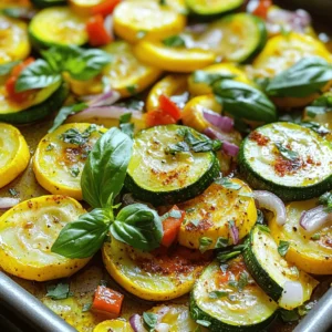 - 2 medium zucchinis - 2 medium yellow squashes - 1 red bell pepper - 1 small red onion - Extra virgin olive oil - Garlic powder - Dried oregano - Smoked paprika - Sea salt and freshly ground black pepper - Fresh basil leaves To make oven roasted zucchini and squash, you need a few key ingredients. Start with the vegetables. Zucchini and yellow squash are great choices. They both roast well and become tender. The red bell pepper and red onion add color and sweetness. Next, you need your seasonings. Extra virgin olive oil helps the veggies brown nicely. Garlic powder gives a tasty kick, while oregano adds a herby note. Smoked paprika brings a warm flavor, and salt and pepper enhance everything. For a fresh finish, consider basil leaves. They add a pop of color and a burst of flavor. You can find the full recipe to see how to bring all these ingredients together. Enjoy your cooking! Preheating your oven to 425°F (220°C) is very important. A hot oven helps the zucchini and squash roast evenly. This high heat brings out their natural sweetness. It also makes them crisp and tender, just how we want them. When you slice zucchini and squash, aim for half-moons. This shape lets them cook evenly. Use a sharp knife for clean cuts. Make sure the pieces are about the same size. This way, they roast together nicely. To coat the vegetables for even flavor, use a large bowl. Add the sliced zucchinis, squashes, red bell pepper, and red onion. Pour the olive oil on top. Then, sprinkle the garlic powder, oregano, paprika, salt, and pepper. Toss everything well to coat each piece. This step is key to tasty roasted veggies. Spread the seasoned vegetables on a large baking sheet. Make sure they’re in a single layer. This helps them roast, not steam. Place the baking sheet in the hot oven. Roast for 20-25 minutes. Halfway through, stir the mixture. This promotes even cooking and browning. When done, the vegetables should be golden and tender. Once they cool, garnish with fresh basil. For the complete process, refer to the Full Recipe. To make tasty oven-roasted zucchini and squash, you need fresh veggies. Look for zucchinis and yellow squashes that are firm, smooth, and vibrant. Pick ones that feel heavy for their size. Seasonal options are the best. Summer is when zucchinis and yellow squashes shine. You can also try colorful bell peppers. They add sweetness and crunch to your dish. Cooking time can change based on how tender you want your veggies. For crisp-tender zucchini and squash, roast for about 20 minutes. If you prefer them softer, add 5 more minutes. Keep an eye on them! Stir halfway through to help them cook evenly. You want a golden-brown color, which shows they’re perfectly done. To make your roasted veggies even more fun, add spices or herbs. Fresh garlic makes a big difference. You can also try red pepper flakes for heat. If you like herbs, fresh thyme or rosemary are great options. They add a lovely aroma and taste. Mix and match to find your favorite flavors! For the complete recipe, check the Full Recipe. {{image_4}} You can switch up the veggies for more fun! Try using: - Eggplant, cut into cubes - Asparagus, trimmed and halved - Cherry tomatoes, whole - Carrots, sliced into thin rounds - Bell peppers, any color, chopped Using seasonal veggies adds variety and freshness. You can also play with flavors. For a Mediterranean twist, add herbs like thyme and rosemary. Try an Italian vibe with balsamic vinegar and fresh parsley. For spice lovers, mix in chili flakes or cayenne pepper. Each option gives a new taste to the dish. Roasted zucchini and squash pair well with many foods. Serve them with grilled chicken for a hearty meal. They also taste great with fish or tofu. You can add them to a grain bowl with quinoa or brown rice. Mix them into pasta for a colorful dish. These ideas make your meal exciting and delicious. After you enjoy your oven roasted zucchini and squash, store leftovers in the fridge. Place the veggies in an airtight container. This keeps them fresh and tasty for up to three days. Make sure they cool to room temperature before sealing. This step helps to avoid moisture build-up, which can make them soggy. If you want to keep the flavors intact, try to avoid mixing them with other strong-smelling foods. You can freeze your roasted zucchini and squash for future meals. First, let the veggies cool completely. Next, spread them in a single layer on a baking sheet. Freeze them for about one hour until they are firm. Then, transfer the veggies to a freezer-safe bag. Be sure to remove as much air as possible before sealing. Label the bag with the date. They will last up to three months in the freezer. When it's time to enjoy your frozen or refrigerated veggies, reheating them correctly is key. For the best results, use the oven. Preheat it to 350°F (175°C). Spread the zucchini and squash on a baking sheet in a single layer. Heat for about 10-15 minutes, until they're warmed through. You can also use a microwave for quick reheating, but the oven gives better flavor and texture. Just cover the dish to keep them moist while heating. Roasting zucchini and squash takes about 20 to 25 minutes at 425°F (220°C). The time may change based on how thick you slice the veggies. Thinner slices cook faster, while thicker ones need more time. Always check for a light golden color and tenderness to know when they are done. Yes, you can use many types of squash! Summer squash, butternut squash, and acorn squash all work well. Each type adds a unique taste and texture. For a colorful dish, mix different squash types. Just keep in mind that cooking times may vary based on the type and size of the squash. Roasted zucchini and squash pair well with many dishes. Try serving them with grilled chicken or fish for a balanced meal. They also taste great with quinoa, rice, or pasta. For a vegetarian option, add them to a salad or serve with hummus. You can find the Full Recipe for more ideas! Roasting zucchini and squash can be fun and easy. We covered the key ingredients, from fresh veggies to flavorful seasonings. Preheating the oven and using proper slicing techniques are crucial for the best results. Remember to adjust cooking times based on your taste. Explore different veggies and flavors to keep meals exciting. With simple storage and reheating tips, you can enjoy leftovers easily. Now, it’s time to try these steps and create your own delicious dish. Enjoy every bite!