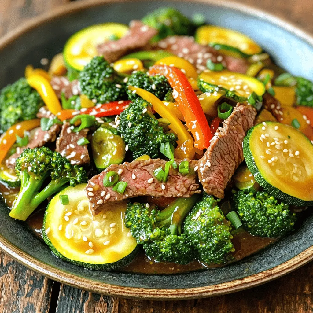 To make a tasty and healthy zucchini beef stir-fry, you will need these simple ingredients: - 1 lb (450g) lean beef sirloin, thinly sliced - 2 medium zucchinis, cut into half-moons - 1 red bell pepper, thinly julienned - 1 cup broccoli florets, cut into bite-sized pieces - 3 cloves garlic, finely minced - 1 tablespoon fresh ginger, finely minced - 3 tablespoons low-sodium soy sauce - 2 tablespoons oyster sauce - 1 tablespoon sesame oil - 1 tablespoon vegetable oil - Salt and freshly ground black pepper to taste - Green onions and sesame seeds for garnish This dish is not only delicious, but it also packs a healthy punch. Here’s what makes it great: - The beef provides high protein content, which is essential for muscle health. - Zucchini and broccoli are loaded with vitamins and minerals. They also add fiber to your meal. - This stir-fry is a low-calorie option while still giving you essential nutrients. You can easily find the complete cooking steps in the Full Recipe. Enjoy your healthy meal! 1. Marinate the beef. In a medium bowl, mix the sliced beef with soy sauce, salt, and pepper. Let it sit for 10-15 minutes. 2. Prepare the vegetables. Wash and cut the zucchinis into half-moons, julienne the bell pepper, and chop the broccoli into bite-sized pieces. Set them aside in a bowl. 1. Heat the skillet. Place a large skillet or wok over medium-high heat. Add vegetable oil and allow it to shimmer. 2. Sear the beef. Add the marinated beef in a single layer. Cook for 1-2 minutes until browned on one side. Stir-fry for 2-3 more minutes until it is no longer pink. Remove the beef and set it aside. 3. Stir-fry garlic and ginger. In the same skillet, add minced garlic and ginger. Stir quickly for about 30 seconds until fragrant. 4. Add and cook vegetables. Toss in the zucchini, bell pepper, and broccoli. Stir-fry for 4-5 minutes until the veggies are tender and colorful. 1. Combine beef with vegetables and sauces. Return the cooked beef to the skillet. Pour in the remaining soy sauce and oyster sauce, along with sesame oil. Toss to mix for about 2 minutes until everything is well heated. 2. Serve and garnish. Remove from heat and transfer the stir-fry to a serving platter. Garnish with sliced green onions and sesame seeds for a nice touch. You can find the full recipe details above for a healthy zucchini beef stir-fry. Enjoy your meal! To achieve the best results, use high heat. High heat helps sear the beef quickly. This gives it a nice crust and flavor. Avoid overcrowding the pan. If you add too much, the beef will steam instead of sear. Cook in batches if needed, and give each piece space. Spices can elevate your stir-fry. I suggest adding crushed red pepper for heat. Garlic and ginger are great, but try adding a touch of five-spice powder for depth. For sauces, you can mix in hoisin for sweetness or chili sauce for heat. Fresh herbs like cilantro or basil can add brightness. For the best stir-fry, use a wok or a large skillet. Woks allow for even heat distribution. A non-stick skillet works well too. Essential utensils include a sturdy spatula for flipping. A sharp knife makes cutting vegetables easy. Don’t forget a cutting board for safety and ease. {{image_4}} You can switch beef for chicken, tofu, or shrimp. Each protein brings unique flavors. If you choose chicken, cut it into thin strips. Tofu should be firm and cubed. Shrimp cooks quickly, so add it later to avoid overcooking. Adjust the cooking times based on the protein you use: - Chicken: Cook for 5-7 minutes until no longer pink. - Tofu: Stir-fry for 4-5 minutes until golden. - Shrimp: Cook for 2-3 minutes until pink and opaque. Feel free to add more veggies to your stir-fry. Carrots, snap peas, and mushrooms work well. Use seasonal vegetables for fresh taste. Some good choices include: - Summer: Bell peppers, corn, and green beans. - Fall: Brussels sprouts, squash, and kale. Adding colorful vegetables boosts nutrition and makes the dish look great! To make this dish gluten-free, you can use tamari instead of soy sauce. This swap keeps the flavor while being safe for gluten-free diets. If you want a vegan option, skip the oyster sauce. Use hoisin sauce as a tasty substitute. For those avoiding seafood, you can stick to soy sauce and add more garlic and ginger for a punch of flavor. To keep your Healthy Zucchini Beef Stir-Fry fresh, store leftovers properly. Place the stir-fry in an airtight container. This will help lock in the flavors and keep it safe. Refrigerate it within two hours of cooking. Aim to eat leftovers within three days for the best taste and safety. Recommended containers include glass or BPA-free plastic options. Make sure they have tight-fitting lids to prevent spills and air exposure. Labeling containers with dates can help you keep track of freshness. Reheat the stir-fry on the stove for the best results. Place it in a skillet over medium heat. Stir it occasionally to heat evenly. This method helps maintain the texture of the beef and veggies. If you're in a hurry, a microwave works too. Use a microwave-safe bowl and cover it with a lid or paper towel. Heat in short intervals, stirring in between. This will help prevent the food from drying out. You can freeze Healthy Zucchini Beef Stir-Fry for later meals. First, let it cool completely. Then, transfer it into freezer-safe bags or containers. Remove as much air as possible before sealing. This helps prevent freezer burn. When you're ready to eat, thaw it in the fridge overnight. For quick meals, you can also reheat from frozen. Just add a bit of water to the skillet to create steam. This will help thaw and heat the stir-fry without losing moisture. You can use hoisin sauce instead of oyster sauce. It adds a sweet and savory taste. If you prefer a lighter flavor, soy sauce works well too. Just adjust the quantity to match your taste. Yes, you can prepare the beef and veggies in advance. Slice the beef and veggies a few hours before cooking. Keep them in the fridge until you are ready to stir-fry. This saves time during busy nights. To add heat, try using red pepper flakes. You can also add sliced fresh chili peppers. A few drops of hot sauce can give it a nice kick. Adjust according to your heat preference. This stir-fry goes well with steamed jasmine rice. Quinoa is another great option for a healthy side. For extra crunch, serve with crispy fried shallots on top. Absolutely! This stir-fry is perfect for meal prep. It keeps well in the fridge for several days. You can reheat it easily for quick lunches or dinners. Enjoy the flavors all week long. This stir-fry recipe is straightforward and offers many options. You start with lean beef and vegetables, creating a healthy meal. The cooking steps are simple, ensuring anyone can enjoy it. Adding tips helps boost flavor and improve your skills. You can adjust the recipe for various diets, making it even more flexible. Remember to store leftovers properly to enjoy later. With this guide, you'll have fun making and sharing delicious dishes. Enjoy your cooking journey!