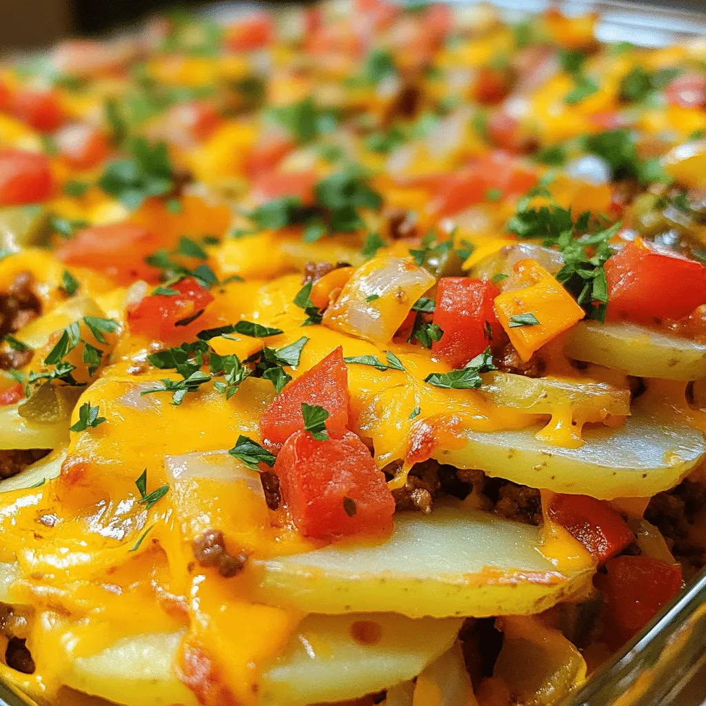 To make a tasty Hobo Casserole, you need the following: - 1 lb ground beef - 1 large onion, finely chopped - 2 cloves garlic, minced - 3 cups mixed vegetables (fresh or frozen; carrots, corn, and green beans are great choices) - 1 (15 oz) can diced tomatoes, undrained - 1 cup beef broth - 1 tablespoon Worcestershire sauce - 1 teaspoon dried Italian herbs (blend of basil, oregano, and thyme) - Salt and pepper to taste - 4 large potatoes, thinly sliced - 1 cup shredded cheddar cheese - Fresh parsley for garnish (optional) You will need some basic kitchen tools to create this dish: - A large skillet for browning the beef - A 9x13 inch baking dish for layering the casserole - A sharp knife and cutting board for chopping - A mixing spoon for stirring - Aluminum foil to cover the dish while baking Choosing fresh ingredients makes your casserole taste better. Here are some tips: - Ground Beef: Look for lean ground beef. Check the color; it should be bright red. - Vegetables: If you pick fresh veggies, choose ones that are firm and vibrant. Avoid any that are soft or have spots. - Potatoes: Pick potatoes that are smooth and free from blemishes. Smaller potatoes often taste sweeter. - Herbs: Use fresh herbs if possible. They add great flavor. If using dried herbs, check the date on the jar for freshness. Using quality ingredients will give your Hobo Casserole the best flavor. For the full recipe, refer to the section above. First, set your oven to 375°F (190°C). This makes sure your oven is ready when you need it. Next, gather all your ingredients. You will need ground beef, onion, garlic, mixed vegetables, diced tomatoes, beef broth, Worcestershire sauce, herbs, potatoes, cheese, and some salt and pepper. Having everything ready makes cooking easier. In a large skillet, heat the pan over medium heat. Add the ground beef, chopped onion, and minced garlic. Cook this mix for about 5-7 minutes. Stir it often until the beef turns brown and is fully cooked. Drain any extra fat from the skillet to keep your dish from being greasy. After that, add your mixed vegetables to the beef. Next, pour in the diced tomatoes (don’t drain them), beef broth, Worcestershire sauce, and herbs. Season with salt and pepper. Let this simmer for 5 minutes to blend the flavors. Grease a 9x13 inch baking dish. Start with half of the sliced potatoes; spread them evenly across the bottom. Next, pour half of the beef and vegetable mixture over the potatoes. Repeat this step with the rest of the sliced potatoes and remaining beef mix on top. This creates a hearty layered casserole. Cover the dish tightly with aluminum foil. Bake it for 30 minutes. After that, take off the foil and sprinkle shredded cheddar cheese on top. Return it to the oven and bake for another 15-20 minutes. The cheese should melt and bubble. The potatoes should be tender when you poke them with a fork. Serve warm and enjoy! For an extra touch, add some chopped fresh parsley on top. You can find the full recipe for Hobo Casserole at the beginning of this article. Layering is key to a great hobo casserole. Start with half your potatoes at the bottom. This creates a nice base. Next, add half the beef and veggie mix. Repeat this step. Top with the remaining potatoes and beef mix. This method ensures even cooking and flavor throughout. To get tender potatoes, slice them thinly. Thin slices cook faster and soak up flavors well. Boiling the slices for a few minutes before layering helps too. This softens them and speeds up the baking time. Make sure they are not too thick, or they won’t cook through. For the best cheese melt, use shredded cheddar cheese. Spread it evenly over the top of the casserole. Remove the foil in the last 15 minutes of baking. This allows the cheese to melt and bubble nicely. If you want extra flavor, try mixing in different cheese types. It adds depth to your dish. For more details on making this casserole, check the Full Recipe. {{image_4}} You can switch up the meat in Hobo Casserole. Ground turkey or chicken works great. These choices offer a leaner meal. They keep the dish light but still tasty. Simply replace the ground beef with an equal amount of turkey or chicken. The cooking steps stay the same. You may not even notice the difference! Want a meat-free option? You can easily make a vegetarian Hobo Casserole. Use a mix of beans, like black beans or kidney beans, for protein. Add extra veggies like bell peppers or zucchini. This keeps it hearty and filling. Replace the beef broth with vegetable broth for flavor. You can still layer it just like the original recipe. Seasonings can change the whole dish. Feel free to get creative! Try adding a pinch of smoked paprika for a smoky taste. You can also use taco seasoning for a zesty twist. If you enjoy heat, adding crushed red pepper gives it a kick. Just remember to taste as you go along. Adjust the spices to your liking for a perfect dish every time. After you finish your meal, let the casserole cool down. Once cooled, cover it tightly with plastic wrap or aluminum foil. You can also use an airtight container to keep it fresh. Store your leftovers in the fridge for up to 3 days. This way, you can enjoy Hobo Casserole later in the week. When you’re ready to eat the leftovers, preheat your oven to 350°F (175°C). Place the casserole in an oven-safe dish. Cover it with foil to keep it moist. Heat for about 20-25 minutes, or until it’s hot all the way through. If you want crispy cheese on top, remove the foil for the last 5 minutes of heating. You can freeze Hobo Casserole for a quick meal later on. After it cools, cut it into portions. Wrap each piece in plastic wrap, then place them in a freezer bag. Label the bag with the date. You can freeze it for up to 3 months. When you’re ready to eat, thaw it in the fridge overnight. Then, reheat it in the oven as mentioned before. Enjoy the great taste even after freezing! You can use several options instead of ground beef. Ground turkey is a lean choice. Ground chicken offers a mild flavor. For a plant-based option, try lentils or crumbled tofu. These swaps keep the dish hearty and tasty. Each choice adds its unique flavor and texture. Feel free to experiment with spices to match your preference. Yes, you can prepare Hobo Casserole in advance. Cook the beef and mix in the veggies as usual. Layer it in a dish and cover it tightly. Store it in the fridge for up to 24 hours before baking. When you are ready, simply pop it in the oven. This makes meal prep easy and stress-free. Hobo Casserole stays fresh in the fridge for about 3 to 4 days. Store it in an airtight container to keep it safe. When reheating, ensure it heats all the way through. You can also freeze leftovers for up to 3 months. Just thaw in the fridge overnight before reheating. Hobo casserole offers a tasty mix of layers and flavors. We covered the key ingredients, equipment, and tips for fresh selections. I provided easy steps to prepare and layer the casserole. Plus, we explored variations like vegetarian options and alternatives to ground beef. Storing and reheating the casserole properly can make it last. These tips ensure your meals stay delicious. Enjoy making this dish, and don't hesitate to experiment with flavors! With these ideas, you'll create a meal everyone loves.