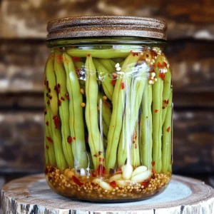 - 1 pound fresh green beans, thoroughly washed and trimmed - 1 ½ cups distilled white vinegar - 1 cup water - 2 tablespoons sea salt - 1 tablespoon granulated sugar - 3 cloves garlic, thinly sliced - 1 teaspoon mustard seeds - 1 teaspoon coriander seeds - 1 teaspoon red pepper flakes (adjust according to your heat tolerance) - 1 bay leaf - 1/2 teaspoon black peppercorns The fresh green beans are the star here. Choose crisp, bright beans. They give a wonderful crunch. The vinegar adds that tangy punch that makes pickling so special. Water balances the acidity, while sea salt enhances flavor. Sugar softens the sharpness, making each bite delightful. - Garlic and bay leaves - Variety of spices Garlic brings a rich, savory note that pairs well with the beans. Bay leaves add depth to the brine, giving it a warm aroma. You can also play with spices. Consider adding dill seeds or even a touch of cumin for a unique twist. These add-ins can take your pickled beans from good to great! For the full recipe, check out the detailed instructions on how to mix these great ingredients into a crunchy treat! How to sterilize jars: Start by sterilizing your jars and lids. Place them in a large pot of boiling water for 10 minutes. This step keeps your pickles safe. After boiling, use tongs to take them out. Set them on a clean towel to air dry. Trimming green beans for packing: Next, wash the green beans under cold water. Trim both ends of each bean. If some are long, cut them in half. This helps them fit better into the jars. Combining ingredients for the pickling brine: In a medium saucepan, mix the distilled white vinegar, water, sea salt, and sugar. Heat this mix over medium heat. Stir it often until the salt and sugar dissolve. Wait until the liquid boils. Importance of boiling and infusing flavors: Once boiling, remove the saucepan from heat. Stir in the sliced garlic, mustard seeds, coriander seeds, red pepper flakes, bay leaf, and black peppercorns. This lets the flavors blend well. Techniques for packing beans: Take your sterilized jars and pack the green beans tightly. Try to keep them upright for a nice look. Don’t crush them; they should stay firm. Sealing jars for preservation: Pour the hot brine over the beans in each jar. Make sure they are fully submerged. Leave about 1/2 inch of space at the top. Wipe the rims of the jars with a clean cloth. Place the lids on and screw them on firmly but not too tight. For the complete guide, check the Full Recipe. To make the best spicy pickled green beans, focus on a few key tips. - Use fresh green beans: Look for bright, crisp beans. They should snap easily when bent. - Balance the brine: A good mix of vinegar and water keeps the flavor bright. I like a ratio of 1.5 cups of vinegar to 1 cup of water. - Add spices wisely: Mustard seeds, garlic, and red pepper flakes add great flavor. Adjust the heat to your liking. - Ensure crunch: Blanch the green beans briefly in boiling water before packing. This helps them stay crisp. Even a small mistake can spoil your pickling game. Here are two common pitfalls to dodge. - Over-packing jars: Don’t cram beans in too tight. Leave space for the brine to flow around them. - Ignoring cooling times: Let your jars cool completely before refrigerating. This helps seal the jars properly. Pickled foods are not just tasty; they also offer health perks. - Nutritional benefits: Pickled green beans are low in calories and rich in vitamins. They also provide fiber, which is good for digestion. - The role of probiotics: Fermented pickles can be a source of probiotics. These good bacteria help your gut health. Try this full recipe for a fun and tasty way to enjoy these crunchy snacks! {{image_4}} To make spicy pickled green beans, you can change the heat level. For a mild kick, use fewer red pepper flakes. If you love heat, add more. Try different peppers too. Jalapeños or serranos can add great flavor. Each pepper brings its own taste. Herbs can also change the flavor. Dill is a classic choice. It adds a fresh note. You might also try thyme or oregano for a twist. Experimenting with spices makes each batch unique. Green beans aren’t the only great pickling veggie. Try carrots, cucumbers, or cauliflower. These add color and crunch. You can mix them with green beans for a fun blend. Unique combinations can surprise your taste buds. Consider adding radishes for a peppery bite. Or try asparagus for a seasonal touch. The key is to keep your vegetables fresh and crisp. The type of vinegar you use changes the taste. Distilled white vinegar is common, but others work well too. Apple cider vinegar adds sweetness and depth. Rice vinegar brings a mild flavor that balances the heat. Different vinegars can create new flavor profiles. Experiment to find your favorite. Each vinegar brings out different notes in your spices and veggies. This can make your spicy pickled green beans even more exciting. For the full recipe, check out the detailed instructions above! To keep your spicy pickled green beans fresh, store them in the fridge. Use clean, sterilized jars for the best results. Always make sure the brine fully covers the beans. This helps prevent spoilage. Your pickled green beans will stay crisp and flavorful for about 3-4 weeks. Canning is a great option if you want to store your pickles longer. It allows you to keep them at room temperature. To can, follow specific steps to ensure safety. Make sure to process the jars in boiling water for the correct time. If you prefer refrigeration, keep the jars well-sealed. You can also freeze the beans in the brine for up to six months. Look for signs of spoilage in your pickled goods. If you see mold or a strange smell, discard the jar. Bubbles or a cloudy brine can also indicate spoilage. Always trust your senses. If in doubt, it’s safer to throw it out. Enjoy your spicy pickled green beans while they are at their best! For the best taste, I recommend letting the pickled green beans marinate for at least 24 hours. This allows the flavors to meld well. If you wait longer, like 48 hours, the beans will soak up even more flavor. After that, they can stay tasty for about three to four weeks in the fridge. Yes, using fresh beans from your garden is a great idea! They taste better and have a nice crunch. To prepare them, rinse the beans under cold water. Trim both ends to make them neat. If they are long, cut them in half for better fitting in the jars. You can find pre-made spicy pickled green beans at many grocery stores. Some good brands to look for are B&G, Mt. Olive, and Trader Joe's. Check the pickle aisle or the specialty section. You can also buy them online if you want more options. Yes, pickled green beans are usually gluten-free and vegan. They contain green beans, vinegar, and spices. Always check the label to be safe, especially if you have allergies. Most ingredients are simple and easy to understand. You learned about the key ingredients and steps for making spicy pickled green beans. We covered how to prepare jars, craft the perfect brine, and pack your beans. I shared tips on avoiding common mistakes and highlighted health benefits. Don't forget to experiment with flavors and spices to make it your own. Enjoy your crunchy, tangy treat! Happy pickling!