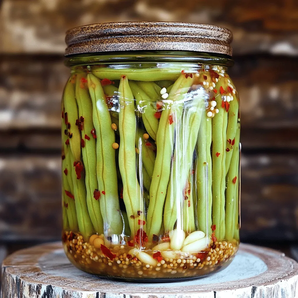 - 1 pound fresh green beans, thoroughly washed and trimmed - 1 ½ cups distilled white vinegar - 1 cup water - 2 tablespoons sea salt - 1 tablespoon granulated sugar - 3 cloves garlic, thinly sliced - 1 teaspoon mustard seeds - 1 teaspoon coriander seeds - 1 teaspoon red pepper flakes (adjust according to your heat tolerance) - 1 bay leaf - 1/2 teaspoon black peppercorns The fresh green beans are the star here. Choose crisp, bright beans. They give a wonderful crunch. The vinegar adds that tangy punch that makes pickling so special. Water balances the acidity, while sea salt enhances flavor. Sugar softens the sharpness, making each bite delightful. - Garlic and bay leaves - Variety of spices Garlic brings a rich, savory note that pairs well with the beans. Bay leaves add depth to the brine, giving it a warm aroma. You can also play with spices. Consider adding dill seeds or even a touch of cumin for a unique twist. These add-ins can take your pickled beans from good to great! For the full recipe, check out the detailed instructions on how to mix these great ingredients into a crunchy treat! How to sterilize jars: Start by sterilizing your jars and lids. Place them in a large pot of boiling water for 10 minutes. This step keeps your pickles safe. After boiling, use tongs to take them out. Set them on a clean towel to air dry. Trimming green beans for packing: Next, wash the green beans under cold water. Trim both ends of each bean. If some are long, cut them in half. This helps them fit better into the jars. Combining ingredients for the pickling brine: In a medium saucepan, mix the distilled white vinegar, water, sea salt, and sugar. Heat this mix over medium heat. Stir it often until the salt and sugar dissolve. Wait until the liquid boils. Importance of boiling and infusing flavors: Once boiling, remove the saucepan from heat. Stir in the sliced garlic, mustard seeds, coriander seeds, red pepper flakes, bay leaf, and black peppercorns. This lets the flavors blend well. Techniques for packing beans: Take your sterilized jars and pack the green beans tightly. Try to keep them upright for a nice look. Don’t crush them; they should stay firm. Sealing jars for preservation: Pour the hot brine over the beans in each jar. Make sure they are fully submerged. Leave about 1/2 inch of space at the top. Wipe the rims of the jars with a clean cloth. Place the lids on and screw them on firmly but not too tight. For the complete guide, check the Full Recipe. To make the best spicy pickled green beans, focus on a few key tips. - Use fresh green beans: Look for bright, crisp beans. They should snap easily when bent. - Balance the brine: A good mix of vinegar and water keeps the flavor bright. I like a ratio of 1.5 cups of vinegar to 1 cup of water. - Add spices wisely: Mustard seeds, garlic, and red pepper flakes add great flavor. Adjust the heat to your liking. - Ensure crunch: Blanch the green beans briefly in boiling water before packing. This helps them stay crisp. Even a small mistake can spoil your pickling game. Here are two common pitfalls to dodge. - Over-packing jars: Don’t cram beans in too tight. Leave space for the brine to flow around them. - Ignoring cooling times: Let your jars cool completely before refrigerating. This helps seal the jars properly. Pickled foods are not just tasty; they also offer health perks. - Nutritional benefits: Pickled green beans are low in calories and rich in vitamins. They also provide fiber, which is good for digestion. - The role of probiotics: Fermented pickles can be a source of probiotics. These good bacteria help your gut health. Try this full recipe for a fun and tasty way to enjoy these crunchy snacks! {{image_4}} To make spicy pickled green beans, you can change the heat level. For a mild kick, use fewer red pepper flakes. If you love heat, add more. Try different peppers too. Jalapeños or serranos can add great flavor. Each pepper brings its own taste. Herbs can also change the flavor. Dill is a classic choice. It adds a fresh note. You might also try thyme or oregano for a twist. Experimenting with spices makes each batch unique. Green beans aren’t the only great pickling veggie. Try carrots, cucumbers, or cauliflower. These add color and crunch. You can mix them with green beans for a fun blend. Unique combinations can surprise your taste buds. Consider adding radishes for a peppery bite. Or try asparagus for a seasonal touch. The key is to keep your vegetables fresh and crisp. The type of vinegar you use changes the taste. Distilled white vinegar is common, but others work well too. Apple cider vinegar adds sweetness and depth. Rice vinegar brings a mild flavor that balances the heat. Different vinegars can create new flavor profiles. Experiment to find your favorite. Each vinegar brings out different notes in your spices and veggies. This can make your spicy pickled green beans even more exciting. For the full recipe, check out the detailed instructions above! To keep your spicy pickled green beans fresh, store them in the fridge. Use clean, sterilized jars for the best results. Always make sure the brine fully covers the beans. This helps prevent spoilage. Your pickled green beans will stay crisp and flavorful for about 3-4 weeks. Canning is a great option if you want to store your pickles longer. It allows you to keep them at room temperature. To can, follow specific steps to ensure safety. Make sure to process the jars in boiling water for the correct time. If you prefer refrigeration, keep the jars well-sealed. You can also freeze the beans in the brine for up to six months. Look for signs of spoilage in your pickled goods. If you see mold or a strange smell, discard the jar. Bubbles or a cloudy brine can also indicate spoilage. Always trust your senses. If in doubt, it’s safer to throw it out. Enjoy your spicy pickled green beans while they are at their best! For the best taste, I recommend letting the pickled green beans marinate for at least 24 hours. This allows the flavors to meld well. If you wait longer, like 48 hours, the beans will soak up even more flavor. After that, they can stay tasty for about three to four weeks in the fridge. Yes, using fresh beans from your garden is a great idea! They taste better and have a nice crunch. To prepare them, rinse the beans under cold water. Trim both ends to make them neat. If they are long, cut them in half for better fitting in the jars. You can find pre-made spicy pickled green beans at many grocery stores. Some good brands to look for are B&G, Mt. Olive, and Trader Joe's. Check the pickle aisle or the specialty section. You can also buy them online if you want more options. Yes, pickled green beans are usually gluten-free and vegan. They contain green beans, vinegar, and spices. Always check the label to be safe, especially if you have allergies. Most ingredients are simple and easy to understand. You learned about the key ingredients and steps for making spicy pickled green beans. We covered how to prepare jars, craft the perfect brine, and pack your beans. I shared tips on avoiding common mistakes and highlighted health benefits. Don't forget to experiment with flavors and spices to make it your own. Enjoy your crunchy, tangy treat! Happy pickling!