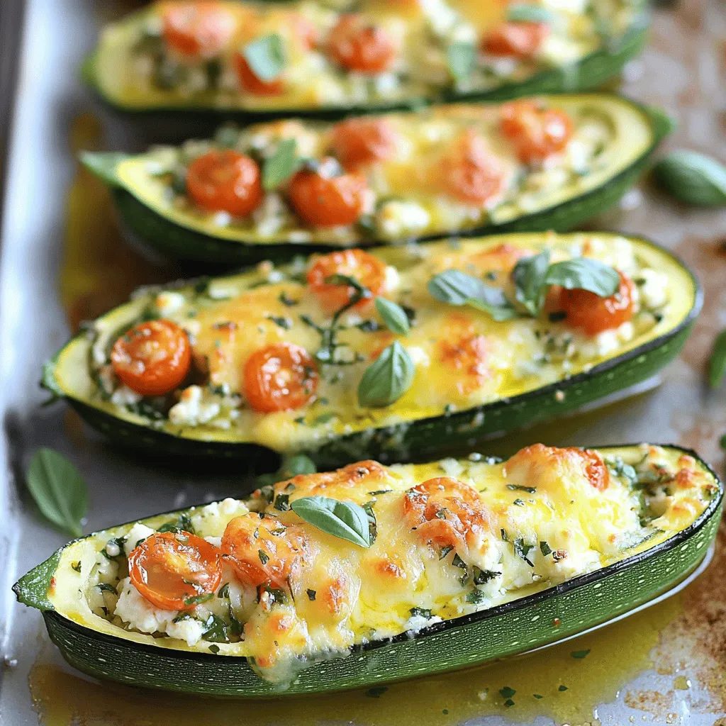 - 4 medium zucchinis - 1 cup fresh ricotta cheese - 1 cup shredded mozzarella cheese, divided - 1/2 cup grated Parmesan cheese - 1 cup cherry tomatoes, halved - 1 tablespoon dried Italian herbs - 2 cloves garlic, minced - 1/2 teaspoon red pepper flakes (optional) - Salt and freshly ground black pepper to taste - Extra virgin olive oil for drizzling - Fresh basil leaves for garnish (optional) To make tasty cheese stuffed zucchini boats, gather these ingredients. First, pick firm zucchinis. They hold up better when cooked. Fresh ricotta gives a creamy texture. Shredded mozzarella melts beautifully on top. Grated Parmesan adds a salty kick. Next, the cherry tomatoes bring sweetness. Dried Italian herbs enhance flavor. Minced garlic adds a punch. If you like heat, the red pepper flakes are great. Season with salt and black pepper to your taste. Drizzle olive oil to finish. Finally, fresh basil leaves can brighten up your dish. This simple mix of ingredients creates a burst of flavor. For the full recipe, check the details above. - Preheat the oven to 375°F (190°C). - Rinse and slice the zucchinis in half lengthwise. - Scoop out the center of each zucchini half. - Mix cheese and seasoning ingredients in a large bowl. To start, you must preheat your oven to 375°F (190°C). This step is key to getting your zucchini boats just right. Next, rinse the zucchinis under cold water. Then, slice each zucchini in half lengthwise. You want to create two long pieces. Now it’s time to scoop out the center of each half. Use a small spoon to do this carefully. Create a boat-like shape to hold all the tasty filling. Set the scooped-out flesh aside for later. In a large bowl, combine the filling ingredients. Add one cup of ricotta cheese, half a cup of grated Parmesan cheese, and half of the shredded mozzarella cheese. Then, drop in one cup of halved cherry tomatoes and two minced garlic cloves. Toss in one tablespoon of dried Italian herbs and half a teaspoon of red pepper flakes if you like heat. Don’t forget to add some salt and black pepper to taste. Chop the reserved zucchini flesh finely and mix it into the filling. Stir everything together until well blended. - Fill zucchinis with cheese mixture. - Bake for 25-30 minutes until tender and golden. Now, take each zucchini boat and fill it with your cheese mixture. Press down lightly to pack the filling in well. Place the stuffed zucchinis on a baking sheet lined with parchment paper. This makes cleanup easier later on. Drizzle a little extra virgin olive oil over the tops of the stuffed zucchinis for added flavor. Sprinkle the remaining mozzarella cheese on top for a delicious cheesy finish. Put the baking sheet in the preheated oven. Bake for 25-30 minutes. You’ll know they’re ready when the zucchinis are tender and the cheese is golden and bubbling. Once baked, take the zucchini boats out of the oven and let them cool for a few minutes. For a fresh touch, you can garnish with basil leaves before serving. Enjoy these tasty cheese stuffed zucchini boats! You can find the full recipe to refer back to anytime. - Choose firm zucchinis for better texture. - Don’t overfill to avoid spilling. When picking zucchinis, look for ones that feel heavy and firm. They should not have soft spots or blemishes. This gives you a nice base for stuffing. If you overfill the zucchini, the filling may spill out. Keep it just below the rim for best results. - Add fresh herbs for a pop of freshness. - Use high-quality cheese for richer flavor. Fresh herbs like basil or parsley can brighten your dish. Add them in the filling for a fresh taste. Using high-quality cheese, like aged Parmesan or fresh mozzarella, makes a big difference. It adds depth and creaminess to the dish. - Underbaking may result in crunchy zucchinis. - Overcooking can cause a mushy texture. Bake your zucchini boats until they are tender but not mushy. You want them soft enough to bite easily, but still holding their shape. Keep an eye on them in the oven. Check around the 25-minute mark to see if they are ready. {{image_4}} You can easily switch up the cheese in your zucchini boats. For a creamier bite, try using cream cheese instead of ricotta. If you want a tangy flavor, goat cheese works wonders. You can also mix in other melty cheeses. Fontina or cheddar add a rich, gooey texture. Experiment to find your favorite blend! To make your zucchini boats heartier, think about adding proteins. Cooked ground meat, like beef or turkey, gives a nice boost. For a plant-based option, lentils are great too. They add fiber and make the dish filling. You can also toss in chopped spinach or kale for extra nutrients. This adds color and flavor, making the dish even better! If you prefer a vegan version, there are tasty options too. Use cashew or tofu-based cheese for a creamy filling. These alternatives melt well and taste great. Instead of olive oil, you can use vegan butter. This keeps the dish rich and flavorful while sticking to a plant-based diet. Try these swaps for a delightful vegan treat! Store your cheese stuffed zucchini boats in an airtight container. They can last up to 3 days. When you want to enjoy them again, reheat in the oven. This keeps them crispy and delicious. For freezing, wrap each zucchini boat tightly. You can use plastic wrap or foil. This protects them from freezer burn. When you’re ready to eat, thaw them overnight in the refrigerator. This makes reheating easier. The oven is the best method to reheat these boats. It gives them a crispy texture. Preheat the oven to 375°F (190°C) and bake until hot. If you use the microwave for a quick reheat, the zucchini might soften. It’s faster, but the texture may not be as good. Enjoy your meal! Yes, you can assemble them and refrigerate before baking. This makes meal prep easy. Just pull them out when you're ready to cook. They should be tender and the cheese should be melted and bubbling. Use a fork to check if the zucchini feels soft. They pair well with a side salad or garlic bread. A fresh salad adds crunch, while garlic bread gives a nice, warm side. Yes, add more red pepper flakes or diced jalapeños. This gives a kick that makes the dish exciting and fun! Try it out if you love heat! In this post, we covered how to make cheese-stuffed zucchini boats. We explored the ingredients, step-by-step instructions, and tips for success. You learned about variations, storage, and answers to common questions. These zucchini boats are easy to prepare and deliciously satisfying. Whether you choose fresh or different ingredients, enjoy the simple process. Happy cooking!