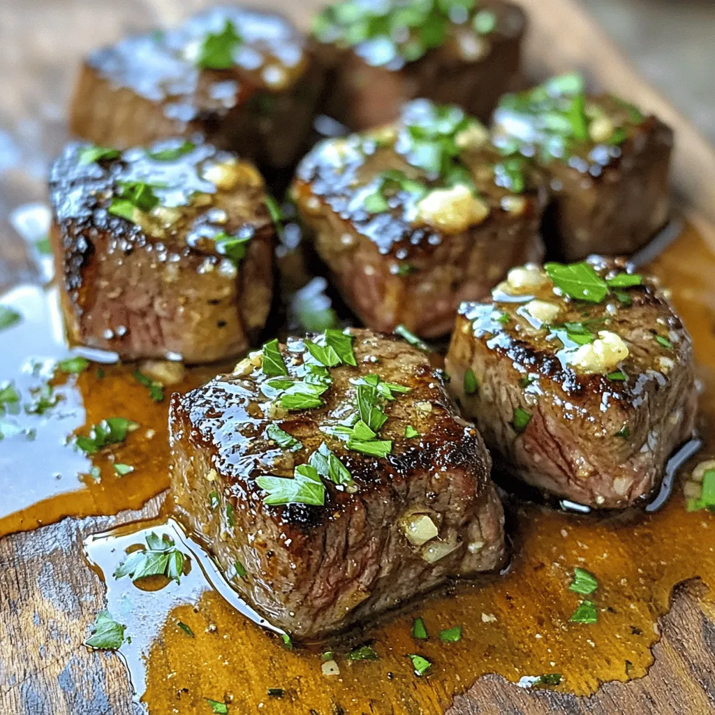 - 1.5 lbs sirloin steak, cut into 1-inch cubes - 4 tablespoons unsalted butter, divided - 6 cloves garlic, minced - 2 tablespoons fresh parsley, finely chopped - 1 tablespoon soy sauce - 1 teaspoon smoked paprika - Salt and freshly ground black pepper to taste - Optional: 1 teaspoon crushed red pepper flakes The main ingredients in garlic butter steak tips create a rich and savory flavor. Sirloin steak is perfect for this dish. It is tender and flavorful when cooked well. Cutting the steak into 1-inch cubes allows for even cooking and easy handling. Four tablespoons of unsalted butter add a creamy richness that enhances every bite. Garlic is the star here, with six cloves minced to infuse the dish with its strong aroma. For seasoning, fresh parsley adds a pop of color and flavor. Soy sauce brings an umami taste that complements the steak's natural flavor. Smoked paprika adds a hint of smokiness, enhancing the overall taste. Salt and pepper are key to bringing all the flavors together. If you like a kick, add crushed red pepper flakes to spice things up. Each ingredient works together to create a delicious meal. You can find the Full Recipe for precise steps and cooking instructions. Enjoy creating this savory dish! First, I dry the steak cubes with paper towels. This step helps get a good sear. Next, I season the steak cubes with salt, black pepper, and smoked paprika. If you like heat, add crushed red pepper flakes for a kick. To achieve the perfect sear, make sure the skillet is hot before adding the steak. This helps create that nice brown crust we love. I heat a large skillet over medium-high heat and add 2 tablespoons of unsalted butter. I let the butter melt until it bubbles. This means it's ready for the steak. I add the seasoned steak tips in a single layer. If they are crowded, they won’t sear well. I cook the steak tips for about 2-3 minutes on each side. I flip them when they are golden brown. Once they reach the doneness you like, I remove them from the skillet and set them aside. Next, I lower the heat to medium and add the remaining 2 tablespoons of butter to the skillet. Once it melts, I stir in the minced garlic. I sauté the garlic for around 30 seconds. It should smell amazing! I then return the seared steak tips to the skillet along with any juices. I toss everything gently to coat the steak in the garlic butter sauce. Finally, I pour in the soy sauce and sprinkle with chopped parsley. I toss it all together for another minute to heat through. For the full recipe, check out the main article. Enjoy those rich and savory flavors! To get a great sear on your steak tips, start by patting them dry. This removes excess moisture, allowing the steak to brown nicely. Next, heat your skillet. A hot skillet is key. If the skillet is not hot enough, the steak will steam instead of sear. Aim for medium-high heat. You want the butter to foam and bubble before adding the steak. You can tweak the seasonings to match your taste. If you like it spicy, add more crushed red pepper flakes. If you want a fresh twist, try adding lemon zest. Fresh herbs like thyme or rosemary can also enhance the flavor. For the adventurous cook, consider adding a splash of red wine or balsamic vinegar to the sauce. This adds depth and richness to the dish. For cooking steak tips, the skillet method works best. It gives you that rich crust and flavor. If you want to try something different, you can grill them. Grilling adds a smoky flavor that pairs well with the garlic butter. Alternatively, you can use an oven. Cook the steak tips at 400°F for about 10-12 minutes. This method will give you tender meat that’s full of flavor. For the full recipe, check out the instructions above. Enjoy your cooking adventure! {{image_4}} To add more flavor to your garlic butter steak tips, try using fresh herbs. Herbs like thyme and rosemary can give your dish a new twist. Simply chop the herbs and mix them into the garlic butter. This adds a nice aroma and taste to your steak. You can also use dried herbs if fresh ones aren’t available. Just remember that dried herbs are stronger, so use less. You can change the heat in your steak tips by using different spices. For a mild kick, use black pepper or paprika. If you want more heat, add cayenne pepper or chili powder. You can also try spice blends like Cajun or Italian for a unique flavor. Marinades can also deepen the taste. A mix of soy sauce, garlic, and ginger can make a great marinade. Just let the steak soak for a few hours. Pairing your garlic butter steak tips with side dishes can enhance your meal. Try serving them with creamy mashed potatoes or sautéed vegetables. A fresh salad can also balance the richness of the steak. For dips or sauces, a chimichurri or a garlic aioli adds extra flavor. These options will make your meal even more enjoyable. Check out the Full Recipe for more ideas! To keep your garlic butter steak tips fresh, store them in an airtight container. Place the cooled steak tips in the fridge within two hours of cooking. They can last up to three days in the refrigerator. For longer storage, freeze them. Place the steak tips in a freezer-safe bag, removing as much air as possible. They will stay good for up to three months in the freezer. Label the bags with the date to track freshness. To reheat steak tips, avoid the microwave if you want to keep their rich flavor and texture. Instead, heat a skillet over medium heat. Add a little butter to the pan and let it melt. Once hot, add the steak tips and cook for about 3-5 minutes, stirring occasionally. This method revives their savory taste while keeping them juicy. You can also reheat them in the oven at 350°F for about 10-15 minutes. Cover them with foil to prevent drying out. Garlic butter steak tips are safe to eat for about three days when stored properly in the fridge. If frozen, they can last up to three months. However, for the best flavor and texture, aim to eat or use them sooner. Always check for any off smells or changes in texture before consuming. If you're unsure, it's best to toss them to be safe. The best cuts for steak tips are sirloin, tenderloin, or flank steak. Sirloin is my top choice because it is tender and flavorful. Tenderloin offers a buttery texture, while flank steak has a great beefy taste. When choosing steak, look for nice marbling. This fat adds flavor and keeps the meat juicy. For a more budget-friendly option, consider using chuck steak. It still delivers great taste when cooked right. Yes, you can make garlic butter steak tips ahead of time. Start by cooking the steak tips and making the sauce as per the Full Recipe. After cooking, cool them down to room temperature. Next, store the steak tips in an airtight container in the fridge. They should stay fresh for 3 to 4 days. When ready to serve, reheat them gently in a skillet. This keeps them tender and tasty. To make garlic butter steak tips healthier, use less butter or switch to olive oil. You can also reduce the amount of soy sauce to cut back on sodium. Adding more veggies is another great way to boost health. Serve your steak tips with a side of steamed broccoli or a fresh salad. This adds fiber and nutrients without losing flavor. You now have a complete guide to making garlic butter steak tips. We covered key ingredients, step-by-step cooking, and various tips to help you shine in the kitchen. Remember, achieving that perfect sear makes all the difference. Feel free to experiment with flavors and serve these tasty steak tips with your favorite sides. Store leftovers properly to enjoy them later. With practice and patience, you’ll master this dish and impress anyone at your table. Happy cooking!