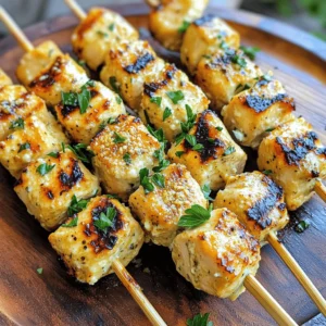 - Chicken: 1.5 lbs chicken breast, cut into 1-inch cubes - Marinade components: 1/2 cup ranch dressing, 3 cloves garlic, minced, 1/2 cup grated Parmesan cheese - Additional seasonings: 1 tablespoon olive oil, 1 teaspoon paprika, 1 teaspoon garlic powder, 1 teaspoon onion powder, salt and pepper to taste - Garnish: Fresh parsley, chopped - Skewers: Bamboo or metal skewers (soak bamboo skewers in water for 30 minutes) This dish shines with simple yet bold flavors. You need fresh chicken breast to ensure tenderness. Cut it into 1-inch cubes for even cooking. The marinade is the heart of this recipe. Start with ranch dressing, which adds creaminess and tang. Minced garlic brings a strong aroma and flavor. Grated Parmesan cheese gives a salty, nutty taste that pairs well with chicken. Additional seasonings make this dish pop. Olive oil keeps the chicken moist. Paprika adds a mild heat and color. Garlic and onion powders enhance the savory notes. Salt and pepper balance all flavors, so adjust them to your taste. Don’t forget the fresh parsley for garnish. It adds a burst of color and freshness. Finally, choose your skewers wisely. Bamboo skewers are great, but soak them first. This prevents burning on the grill. Metal skewers are reusable and easy to clean. For the complete recipe, check the [Full Recipe]. You will love how easy and fun this dish is to make! To make the marinade, start by mixing several key ingredients. In a large bowl, combine: - 1/2 cup ranch dressing - 3 cloves garlic, minced - 1/2 cup grated Parmesan cheese - 1 tablespoon olive oil Next, add in your seasonings: - 1 teaspoon paprika - 1 teaspoon garlic powder - 1 teaspoon onion powder - Salt and pepper to taste Mix all these together until you have a smooth marinade. This blend gives the chicken a rich flavor. Now, it’s time to marinate the chicken. Cut your chicken breast into 1-inch cubes. Carefully coat each cube in the marinade. Make sure every piece is well covered. This step is key for a juicy finish. Cover the bowl with plastic wrap. Place it in the fridge for 30 minutes to 2 hours. This lets the flavors soak into the chicken. The longer you marinate, the better the taste. While the chicken marinates, preheat your grill to medium-high heat. This ensures a nice sear on the chicken. If you use bamboo skewers, soak them in water for 30 minutes to prevent burning. Once the chicken is ready, skewer the cubes onto the prepared sticks. Leave a little space between each piece. This helps them cook evenly. Now, place the skewers on the hot grill. Grill for about 10-12 minutes. Turn them every few minutes for even cooking. Check that the chicken reaches an internal temperature of 165°F (75°C). This step keeps your meal safe and tasty. After grilling, let the skewers rest for a few minutes. This helps them retain moisture. Enjoy these Grilled Ranch Garlic Parmesan Chicken Skewers as a tasty treat! For more details, check the Full Recipe. - Ensure the grill is hot before placing skewers. - Leave space between chicken pieces on skewers for even cooking. Grill marks give food a delicious look. To achieve this, heat your grill well. A hot grill sears the chicken quickly, sealing in juices. This creates those beautiful grill lines. Placing the chicken too close together can lead to steaming. Make sure there is space. This allows heat to circulate and cook everything evenly. - Marinate longer for deeper flavor penetration. - Experiment with additional herbs or spices in the marinade. The key to tasty chicken skewers is the marinade. For the best flavor, let the chicken soak longer. A minimum of 30 minutes works, but up to 2 hours is better. You can also add your favorite herbs or spices. Try adding thyme or rosemary for a fresh twist. Each addition can change the flavor and make your skewers unique. - Check that chicken reaches an internal temperature of 165°F (75°C). - Let skewers rest after grilling to retain moisture. Food safety is very important when cooking chicken. Always check the internal temperature. Use a meat thermometer to ensure it reaches 165°F (75°C). This ensures the chicken is safe to eat. After grilling, let the skewers rest for a few minutes. This helps keep the chicken juicy and full of flavor. Enjoy your delicious creation! For the complete recipe, check out the Full Recipe. {{image_4}} You can switch the chicken for shrimp, beef, or tofu. Each protein adds its own flavor. For shrimp, marinate for just 15-30 minutes. Beef needs a little longer, about 1-2 hours. Tofu should soak for at least 30 minutes to soak up the flavors. Want to change things up? Add lemon juice or zest for a fresh, citrusy kick. It brightens the dish and adds depth. You can also swap the Parmesan for other cheeses. Try mozzarella for a milder flavor or feta for a tangy twist. Each cheese brings its own unique taste. These skewers pair well with grilled vegetables, like bell peppers or zucchini. A fresh salad also makes a great side. For a fun touch, serve with a variety of dipping sauces. Ranch dressing, barbecue sauce, or a spicy aioli can enhance the meal. For the full recipe, check out the earlier section. Store leftover skewers in an airtight container in the fridge. They taste best within 3 days. This keeps the chicken juicy and flavorful. You can freeze skewers before grilling to keep them fresh. Place them in a single layer in a freezer bag. Thaw them in the refrigerator when ready to grill. This helps maintain their taste and texture. Reheat skewers in the oven or microwave. Heat them until they reach a safe internal temperature of 165°F (75°C). This ensures the chicken is safe to eat and full of flavor. For the best results, use the oven for even heating. You can pair these skewers with many tasty sides. Here are some great ideas: - Fresh Veggies: Serve with carrot sticks, cucumber slices, or bell pepper strips. - Dips: Offer extra ranch dressing or a creamy garlic dip for added flavor. - Salads: A light garden salad or a Caesar salad works well. - Grains: Consider serving with rice or quinoa for a filling meal. - Drinks: I recommend iced tea or lemonade to cool you down. Yes, you can prepare the marinade ahead of time! Here’s how: - Mix the Marinade: Combine all the marinade ingredients in a bowl. - Store: Place it in an airtight container. You can keep it in the fridge for up to three days. - Use: When ready to grill, just add the chicken and let it marinate. You can tell when your chicken is done in two ways: - Internal Temperature: Use a meat thermometer. The chicken should reach 165°F (75°C). - Visual Cues: The chicken should be white and no longer pink inside. Juices should run clear when cut. Grilled Ranch Garlic Parmesan Chicken Skewers are simple and tasty. We covered the key ingredients, step-by-step grilling, and tips for the best results. Remember to marinate chicken for flavor, check cooking temperatures, and store any leftovers properly. You can also try different proteins and flavors to mix things up. Cooking can be fun and creative. Enjoy your skewers with friends or family for a delicious meal. Happy grilling!
