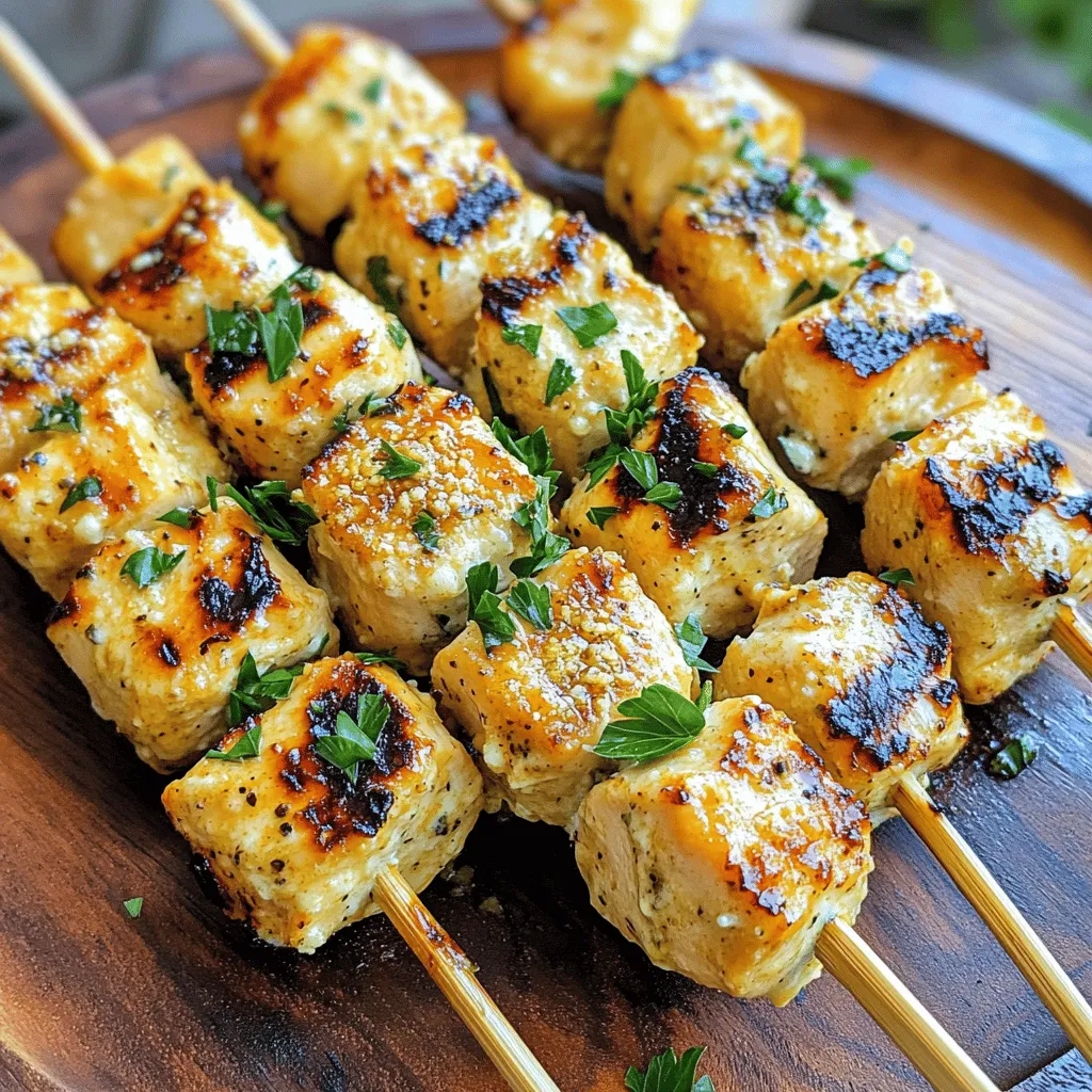 - Chicken: 1.5 lbs chicken breast, cut into 1-inch cubes - Marinade components: 1/2 cup ranch dressing, 3 cloves garlic, minced, 1/2 cup grated Parmesan cheese - Additional seasonings: 1 tablespoon olive oil, 1 teaspoon paprika, 1 teaspoon garlic powder, 1 teaspoon onion powder, salt and pepper to taste - Garnish: Fresh parsley, chopped - Skewers: Bamboo or metal skewers (soak bamboo skewers in water for 30 minutes) This dish shines with simple yet bold flavors. You need fresh chicken breast to ensure tenderness. Cut it into 1-inch cubes for even cooking. The marinade is the heart of this recipe. Start with ranch dressing, which adds creaminess and tang. Minced garlic brings a strong aroma and flavor. Grated Parmesan cheese gives a salty, nutty taste that pairs well with chicken. Additional seasonings make this dish pop. Olive oil keeps the chicken moist. Paprika adds a mild heat and color. Garlic and onion powders enhance the savory notes. Salt and pepper balance all flavors, so adjust them to your taste. Don’t forget the fresh parsley for garnish. It adds a burst of color and freshness. Finally, choose your skewers wisely. Bamboo skewers are great, but soak them first. This prevents burning on the grill. Metal skewers are reusable and easy to clean. For the complete recipe, check the [Full Recipe]. You will love how easy and fun this dish is to make! To make the marinade, start by mixing several key ingredients. In a large bowl, combine: - 1/2 cup ranch dressing - 3 cloves garlic, minced - 1/2 cup grated Parmesan cheese - 1 tablespoon olive oil Next, add in your seasonings: - 1 teaspoon paprika - 1 teaspoon garlic powder - 1 teaspoon onion powder - Salt and pepper to taste Mix all these together until you have a smooth marinade. This blend gives the chicken a rich flavor. Now, it’s time to marinate the chicken. Cut your chicken breast into 1-inch cubes. Carefully coat each cube in the marinade. Make sure every piece is well covered. This step is key for a juicy finish. Cover the bowl with plastic wrap. Place it in the fridge for 30 minutes to 2 hours. This lets the flavors soak into the chicken. The longer you marinate, the better the taste. While the chicken marinates, preheat your grill to medium-high heat. This ensures a nice sear on the chicken. If you use bamboo skewers, soak them in water for 30 minutes to prevent burning. Once the chicken is ready, skewer the cubes onto the prepared sticks. Leave a little space between each piece. This helps them cook evenly. Now, place the skewers on the hot grill. Grill for about 10-12 minutes. Turn them every few minutes for even cooking. Check that the chicken reaches an internal temperature of 165°F (75°C). This step keeps your meal safe and tasty. After grilling, let the skewers rest for a few minutes. This helps them retain moisture. Enjoy these Grilled Ranch Garlic Parmesan Chicken Skewers as a tasty treat! For more details, check the Full Recipe. - Ensure the grill is hot before placing skewers. - Leave space between chicken pieces on skewers for even cooking. Grill marks give food a delicious look. To achieve this, heat your grill well. A hot grill sears the chicken quickly, sealing in juices. This creates those beautiful grill lines. Placing the chicken too close together can lead to steaming. Make sure there is space. This allows heat to circulate and cook everything evenly. - Marinate longer for deeper flavor penetration. - Experiment with additional herbs or spices in the marinade. The key to tasty chicken skewers is the marinade. For the best flavor, let the chicken soak longer. A minimum of 30 minutes works, but up to 2 hours is better. You can also add your favorite herbs or spices. Try adding thyme or rosemary for a fresh twist. Each addition can change the flavor and make your skewers unique. - Check that chicken reaches an internal temperature of 165°F (75°C). - Let skewers rest after grilling to retain moisture. Food safety is very important when cooking chicken. Always check the internal temperature. Use a meat thermometer to ensure it reaches 165°F (75°C). This ensures the chicken is safe to eat. After grilling, let the skewers rest for a few minutes. This helps keep the chicken juicy and full of flavor. Enjoy your delicious creation! For the complete recipe, check out the Full Recipe. {{image_4}} You can switch the chicken for shrimp, beef, or tofu. Each protein adds its own flavor. For shrimp, marinate for just 15-30 minutes. Beef needs a little longer, about 1-2 hours. Tofu should soak for at least 30 minutes to soak up the flavors. Want to change things up? Add lemon juice or zest for a fresh, citrusy kick. It brightens the dish and adds depth. You can also swap the Parmesan for other cheeses. Try mozzarella for a milder flavor or feta for a tangy twist. Each cheese brings its own unique taste. These skewers pair well with grilled vegetables, like bell peppers or zucchini. A fresh salad also makes a great side. For a fun touch, serve with a variety of dipping sauces. Ranch dressing, barbecue sauce, or a spicy aioli can enhance the meal. For the full recipe, check out the earlier section. Store leftover skewers in an airtight container in the fridge. They taste best within 3 days. This keeps the chicken juicy and flavorful. You can freeze skewers before grilling to keep them fresh. Place them in a single layer in a freezer bag. Thaw them in the refrigerator when ready to grill. This helps maintain their taste and texture. Reheat skewers in the oven or microwave. Heat them until they reach a safe internal temperature of 165°F (75°C). This ensures the chicken is safe to eat and full of flavor. For the best results, use the oven for even heating. You can pair these skewers with many tasty sides. Here are some great ideas: - Fresh Veggies: Serve with carrot sticks, cucumber slices, or bell pepper strips. - Dips: Offer extra ranch dressing or a creamy garlic dip for added flavor. - Salads: A light garden salad or a Caesar salad works well. - Grains: Consider serving with rice or quinoa for a filling meal. - Drinks: I recommend iced tea or lemonade to cool you down. Yes, you can prepare the marinade ahead of time! Here’s how: - Mix the Marinade: Combine all the marinade ingredients in a bowl. - Store: Place it in an airtight container. You can keep it in the fridge for up to three days. - Use: When ready to grill, just add the chicken and let it marinate. You can tell when your chicken is done in two ways: - Internal Temperature: Use a meat thermometer. The chicken should reach 165°F (75°C). - Visual Cues: The chicken should be white and no longer pink inside. Juices should run clear when cut. Grilled Ranch Garlic Parmesan Chicken Skewers are simple and tasty. We covered the key ingredients, step-by-step grilling, and tips for the best results. Remember to marinate chicken for flavor, check cooking temperatures, and store any leftovers properly. You can also try different proteins and flavors to mix things up. Cooking can be fun and creative. Enjoy your skewers with friends or family for a delicious meal. Happy grilling!