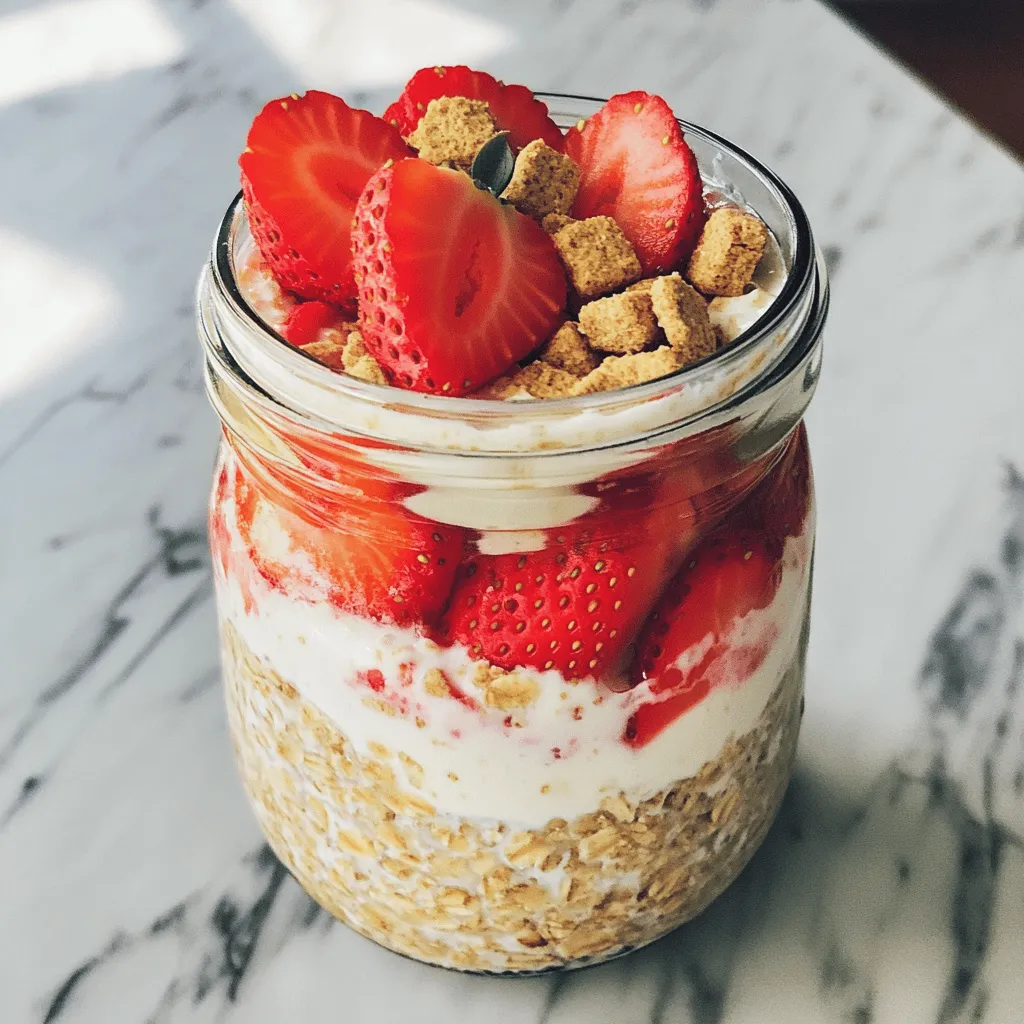 To make this tasty dish, you need: - 1 cup rolled oats - 1 cup milk (dairy or non-dairy) - ½ cup Greek yogurt - 1 tablespoon cream cheese, softened - 2 tablespoons maple syrup or honey - ½ teaspoon pure vanilla extract - ½ cup fresh strawberries, hulled and sliced - Pinch of salt These ingredients create a creamy texture with a sweet strawberry flavor. You can add twists to your oats! Try these optional ingredients: - 2 tablespoons crushed graham crackers (for a crunchy topping) - A sprinkle of cinnamon (for warmth) - Chia seeds (for added nutrition) - Nut butter (for extra creaminess) These options let you personalize your oats to match your taste. Choosing the best ingredients makes a difference. Here are some tips: - Oats: Look for rolled oats, as they cook well and stay chewy. - Milk: Choose a milk type you enjoy, like almond or oat milk. - Yogurt: Use thick Greek yogurt for creaminess and protein. - Strawberries: Pick fresh, ripe strawberries for the best flavor. Quality ingredients lead to a delicious breakfast you will love. For the full recipe, check out the complete details. To start, grab a big mixing bowl. Combine one cup of rolled oats, one cup of milk, and half a cup of Greek yogurt. Then, add one tablespoon of softened cream cheese. This gives the oats a rich taste. Next, stir in two tablespoons of maple syrup or honey for sweetness. Don't forget half a teaspoon of pure vanilla extract. Finally, add a pinch of salt to enhance the flavors. Mix it well until everything is creamy and smooth. Now, take half a cup of fresh strawberries. Make sure to hull and slice them nicely. Gently fold the sliced strawberries into the oat mixture. This step is key for making sure each bite has a burst of strawberry flavor. You want the strawberries to be evenly spread throughout the mixture. Once your mixture is ready, it's time to store it. Portion the oat mix into two or three jars. Seal them tightly with their lids. This keeps the oats fresh. Place the jars in the refrigerator. Let them rest overnight, or for at least six hours. This soaking time helps the oats absorb the liquid and become soft. When morning comes, give the oats a good stir. Top with more sliced strawberries and some crushed graham crackers if you like. Enjoy your delicious breakfast straight from the jar! For the full recipe, check the earlier section. To get that smooth and creamy texture in your overnight oats, use Greek yogurt. It adds thickness and creaminess. Mixing softened cream cheese into the oats also helps. This step makes the oats rich and indulgent. Stir all the ingredients well. If you notice lumps, blend them out. The oats will soak up liquid and soften overnight, creating a delightful treat. Strawberries shine in this recipe, but you can mix in other flavors. Try adding a dash of cinnamon for warmth. A bit of lemon zest can lift the taste too. Pairing strawberries with vanilla extract enhances their sweetness. If you like a touch of tartness, add some fresh raspberries. These combinations keep breakfast exciting and flavorful. For a healthier version of your overnight oats, use almond milk or oat milk instead of regular milk. You can reduce maple syrup or honey to lower sugar. Use a natural sweetener like mashed banana for added flavor. Add chia seeds for extra fiber and omega-3s. They will also thicken the mixture and boost nutrition. These changes make your breakfast tasty and nourishing without losing the joy of this delightful treat. {{image_4}} To make vegan strawberry cheesecake overnight oats, swap the Greek yogurt and cream cheese for plant-based options. Use coconut yogurt for creaminess and cashew cream for a rich taste. Replace dairy milk with almond milk or oat milk. This keeps the flavor and texture deliciously creamy without any dairy. Feel free to mix in other fruits to change the taste. Blueberries, raspberries, or peaches work well. You can also try banana slices for added sweetness. Just remember to adjust the amount of sweetener if you pick fruits that are naturally sweet. While maple syrup and honey are great choices, there are other options. You can use agave nectar or stevia if you want a lower-calorie option. Each sweetener adds a unique flavor. Taste your mixture as you go to find your perfect sweetness level. For the complete recipe, check the Full Recipe section. You can keep your strawberry cheesecake overnight oats in the fridge for up to five days. The oats will stay delicious and safe to eat. As they sit, the flavors blend even more. I love making a batch and enjoying them throughout the week. If you want to save your oats longer, freezing is a great option. Portion your oats into airtight containers or freezer bags. They can last up to three months in the freezer. To enjoy, thaw them in the fridge overnight. You can also heat them in the microwave if you prefer warm oats. Use glass jars or BPA-free plastic containers for storage. Glass jars are great because they don’t stain and are easy to clean. Make sure the containers have tight-fitting lids. This helps keep your oats fresh and prevents spills. I recommend using mason jars for a fun touch, plus they’re perfect for serving! Yes, you can make these overnight oats the night before! It’s one of the best parts. Just mix everything together, and let them sit overnight. This way, the oats soak up the milk and yogurt. By morning, you get a creamy and flavorful breakfast. It saves time and gives you a tasty start to your day. If you need a substitute for Greek yogurt, try using regular yogurt. You can also use plant-based yogurt if you want a dairy-free option. Silken tofu blended until smooth works well too. Each option will keep the oats creamy and tasty. Just remember to choose a flavor you enjoy, so your oats stay delicious. To make your oats gluten-free, simply select gluten-free rolled oats. Many brands offer this now. Always check the package to ensure they are certified gluten-free. This step makes your breakfast safe and enjoyable for those with gluten sensitivities. You can still enjoy the same great taste with these oats! Strawberry cheesecake overnight oats offer a simple, tasty breakfast. We covered key ingredients, tips for selecting quality items, and how to prepare the mixture. You learned how to customize and achieve a creamy texture while exploring tasty variations. Don't forget about storage options to keep your oats fresh. Enjoy this healthy treat with joy! Making it your own is easy, and you'll love every bite.