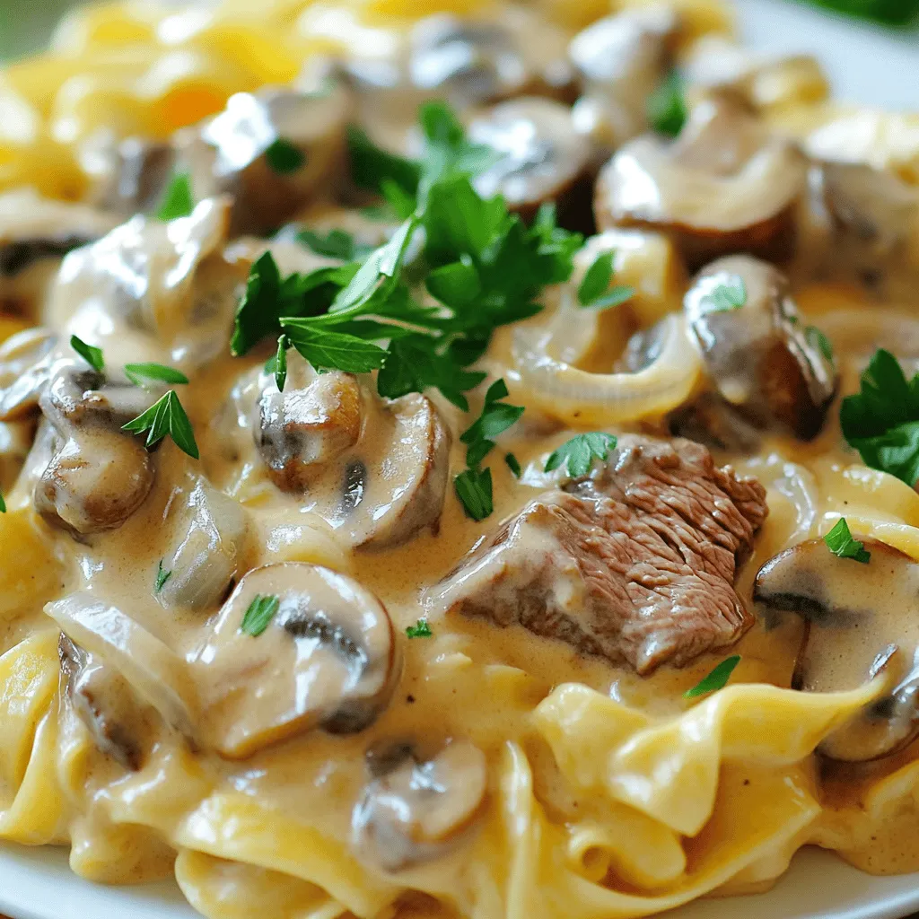 - 1 pound beef sirloin, thinly sliced - 1 medium onion, finely diced - 2 cloves garlic, minced - 2 cups mushrooms, sliced (button or cremini for extra flavor) - 1 tablespoon olive oil - 1 tablespoon Worcestershire sauce - 1 cup beef broth (preferably low sodium) - 8 ounces Velveeta cheese, cut into cubes - 1 cup sour cream (can substitute with Greek yogurt for a tangy twist) - 2 tablespoons all-purpose flour - 1 teaspoon paprika (smoked paprika for a deeper flavor) - Salt and freshly cracked pepper to taste - 12 ounces egg noodles (wide noodles work best) - Fresh parsley, finely chopped (for garnish) Each ingredient plays a key role. The beef sirloin gives a nice texture and flavor. Onions and garlic add depth, while mushrooms bring earthiness. Velveeta cheese makes the sauce creamy and rich. The Worcestershire sauce adds umami, and beef broth enhances the savory taste. Sour cream rounds it all out with a nice tang. Choosing the right noodles is key too. I like egg noodles because they hold the sauce well. The parsley adds a pop of color and freshness when you serve the dish. You can find the Full Recipe for more details on how to prepare this dish. Bring a large pot of salted water to a boil. Use enough water to let the noodles float freely. Add 12 ounces of egg noodles to the pot. Cook them according to the package instructions until they are al dente. This usually takes about 7-10 minutes. Once cooked, drain the noodles in a colander. To prevent sticking, toss them lightly with a bit of olive oil. Set them aside for later. In a large skillet, heat 1 tablespoon of olive oil over medium-high heat. Season 1 pound of thinly sliced beef sirloin with salt and pepper. Add the beef to the skillet in a single layer. Cook for 3-4 minutes, turning once, until browned on all sides. After cooking, let the beef rest on a plate. Resting the meat helps keep it juicy and tender. Using the same skillet, add 1 medium diced onion and 2 minced garlic cloves. Sauté until the onions are translucent, which takes about 3 minutes. Then, add 2 cups of sliced mushrooms. Cook for an additional 4-5 minutes until they are tender and have released their moisture. This step adds great flavor to your dish. Sprinkle 2 tablespoons of all-purpose flour evenly over the sautéed vegetables. Stir well to coat everything. Gradually pour in 1 cup of beef broth while stirring continuously to avoid lumps. Add 1 tablespoon of Worcestershire sauce and 1 teaspoon of paprika. Bring the mixture to a gentle simmer. Cook for a few minutes until the sauce starts to thicken. Once the sauce has thickened, add 8 ounces of cubed Velveeta cheese to the skillet. Stir gently until the cheese is fully melted, creating a creamy sauce. Next, return the cooked beef to the skillet. Add 1 cup of sour cream and mix gently until well combined. This adds richness and creaminess to the dish. Add the cooked noodles directly into the beef stroganoff mixture. Toss gently until all the noodles are coated in the rich sauce. Remove the skillet from the heat. Serve the stroganoff hot, garnished with fresh parsley for a pop of color. Enjoy this creamy Velveeta beef stroganoff as a simple dinner delight! For the full recipe, check the earlier section. - Overcooking the beef: When you cook beef, aim for a nice brown crust. If you leave it too long, it can become tough and chewy. Cook it just until brown, then let it rest. This keeps it juicy. - Not seasoning properly: Seasoning is key. If you skip this step, your dish may taste bland. Add salt and pepper to every layer of flavor. Don’t forget to taste as you cook! - Adding herbs or spices: Fresh herbs like parsley or thyme can brighten the dish. A pinch of garlic powder or onion powder can also boost flavor. Try smoked paprika for a deeper taste. - Using different types of cheese: While Velveeta gives that creamy texture, you can mix in other cheeses. Cream cheese or Monterey Jack can add a nice twist. Experiment to find your favorite mix! - Recommended pans and utensils for best results: A large skillet works best for this dish. It helps cook everything evenly. Use a wooden spoon for stirring. It won’t scratch your pan and gives you good control. A colander is also handy for draining the noodles. For the full recipe, check out the complete guide. {{image_4}} You can easily switch the beef for chicken or turkey. Both meats work well in stroganoff. Just slice the chicken or turkey thinly, and follow the same cooking steps. For a vegetarian option, use mushrooms instead of meat. They give the dish a great texture and flavor. Use a mix of button and cremini mushrooms for extra taste. If you're gluten-free, try gluten-free noodles. Many brands offer great options that taste just as good. For dairy-free, use cashew cream or coconut yogurt instead of sour cream. These help keep the dish creamy while fitting your dietary needs. To change up the taste, add different veggies like bell peppers or spinach. You can also try spices like thyme or rosemary. For a spicy kick, add some red pepper flakes or hot sauce. This adds depth and makes the dish more exciting. For the full recipe, check out Creamy Velveeta Beef Stroganoff. After enjoying your creamy Velveeta beef stroganoff, store any leftovers in the fridge. Place the stroganoff in an airtight container to keep it fresh. This dish stays good for about three to four days. Make sure to let it cool down before sealing it up. This helps avoid moisture buildup inside the container. If you want to keep your stroganoff longer, freezing is a great option. First, let the dish cool completely. Then, pour it into a freezer-safe container. Leave some space at the top for expansion. Seal it tightly and label it with the date. Frozen beef stroganoff can last up to three months. When you’re ready to eat, thaw it in the fridge overnight. Reheat it on the stove over low heat. Stir often, and add a splash of beef broth or water if it seems too thick. You can also use a microwave on medium heat, stirring every minute until hot. Enjoy your delicious meal again! For the full recipe, check out the original instructions. You can use different cheeses like cream cheese, cheddar, or gouda. These cheeses add a nice taste and creaminess. However, Velveeta melts smoothly, which is why it works well in this dish. It gives a rich, creamy texture, making the stroganoff extra comforting. You can cook the beef stroganoff a day before. Just follow the full recipe, then cool it down. Store it in an airtight container in the fridge. When you want to eat, reheat it on low heat. Stir it well to keep it creamy. You may need to add a splash of broth to loosen the sauce. Yes, you can! Instead of sour cream, try Greek yogurt. It gives a similar creaminess with a tangy taste. You could also use cream cheese or a dairy-free option like coconut cream. These alternatives will keep your stroganoff rich and tasty. In this post, I shared a complete guide to making creamy Velveeta beef stroganoff. You learned about key ingredients, step-by-step cooking, and tips to avoid common mistakes. This recipe is versatile, with options for different meats and dietary needs. Always remember to season well and not to overcook your beef. Enjoy making this hearty dish that satisfies everyone at the table. Happy cooking!