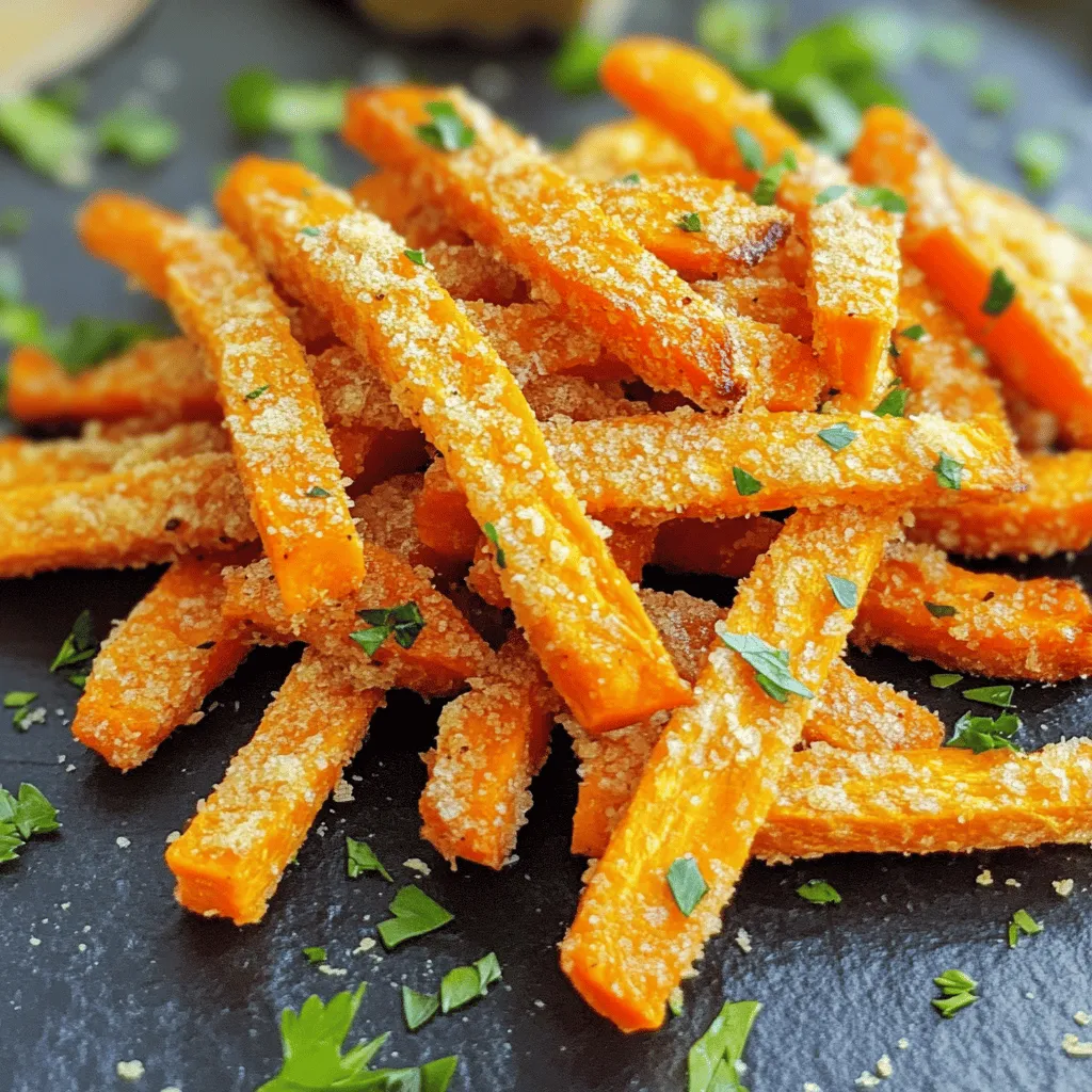- 4 large carrots, peeled and sliced into fry shapes - 2 tablespoons extra-virgin olive oil - 1/2 cup freshly grated Parmesan cheese - 1 teaspoon garlic powder - 1 teaspoon smoked paprika - 1/2 teaspoon fine sea salt - 1/4 teaspoon freshly ground black pepper - Fresh parsley for garnish - Baking sheet - Parchment paper - Large mixing bowl - Small bowl for seasoning Gathering your ingredients is the first step. You want fresh carrots for the best taste. Peel and slice them into fry shapes. This makes them crispier when roasted. Next, have your olive oil ready. It helps the fries get a nice golden color. Grated Parmesan cheese is your star topping. It adds a rich flavor. The garlic powder and smoked paprika give your fries a warm kick. Don’t forget about salt and pepper. They enhance all the flavors. Lastly, fresh parsley will make your dish pop with color. For tools, a baking sheet lined with parchment paper is key. It makes cleanup easy. A large mixing bowl helps you toss the fries. A small bowl is perfect for mixing the seasonings together. With all these ingredients and tools ready, you're set to make delicious Parmesan roasted carrot fries. You can find the full recipe in the article. - Preheat oven to 425°F (220°C). - Line baking sheet with parchment paper. - Slice carrots into fry shapes. - Toss with olive oil. - Combine Parmesan, garlic powder, smoked paprika, salt, and pepper. - Toss carrot fries with the seasoning mixture. - Arrange fries on the baking sheet. - Roast for 25-30 minutes, flipping halfway. To make Parmesan roasted carrot fries, follow these steps. First, preheat your oven to 425°F (220°C). This temperature helps the fries get nice and crispy. Next, line your baking sheet with parchment paper. This keeps the fries from sticking and makes cleanup easy. Now, for the carrot fries! Grab your large carrots and slice them into fry shapes. Aim for uniform sizes to ensure even cooking. Toss the sliced carrots with olive oil in a bowl. This helps the seasoning stick and adds flavor. Next, let’s make the seasoning mix. In a small bowl, combine freshly grated Parmesan cheese, garlic powder, smoked paprika, sea salt, and black pepper. Mix this blend well. It gives the fries a cheesy and smoky taste. Now, toss the carrot fries in the seasoning mix. Make sure every fry gets coated. This adds a burst of flavor with every bite. Arrange the seasoned fries on the lined baking sheet. Spread them out so they aren’t crowded. This helps them roast better. Now, it’s time to roast! Place the baking sheet in the oven and roast for 25-30 minutes. Flip the fries halfway through for even cooking. Once they are golden and tender, take them out of the oven. Let them cool for a few minutes. This helps them get even crispier. Before serving, sprinkle some fresh parsley on top for color. Enjoy your delicious Parmesan roasted carrot fries as a healthy and tasty snack! Check out the Full Recipe for more details. To make your fries crispy, space them well on the baking sheet. If they are too close, they will steam instead of roast. Aim for a single layer with some space between each fry. This helps them brown evenly. For a golden color, roast them at 425°F (220°C). Flipping them halfway through cooking also helps achieve that perfect crunch. You can easily boost the flavor of your carrot fries. Try adding spices like cumin or cayenne pepper for a kick. Fresh herbs like thyme or rosemary can also work well. If you want to change the cheese, use aged cheddar or feta for a different taste. Each cheese brings its own unique flavor to the dish. For a great presentation, serve your fries in rustic bowls or on a stylish platter. This adds charm to your meal. Dipping sauces elevate the experience even more. Consider pairing with ranch, garlic aioli, or a spicy sriracha sauce. These dips make your snack more fun and tasty. You can find a full recipe for these delicious fries to get started! {{image_4}} If you want a vegan twist, swap out Parmesan for nutritional yeast. Nutritional yeast gives a cheesy flavor without dairy. It’s also packed with vitamins, making your snack even healthier. You can also change the veggies you use. Sweet potatoes make a great alternative. They add a natural sweetness and a vibrant color. Zucchini is another fun choice. It roasts nicely and adds a different texture. You can cook these fries in an air fryer for a quicker option. Set your air fryer to 400°F (200°C). Cook for about 15-20 minutes. Shake the basket halfway through to ensure even crispiness. Grilling is another way to enjoy these fries. Toss them on the grill for a smoky flavor. Cook them in a grill basket to avoid losing any fries. The grill marks add a nice touch and enhance the taste. For the full recipe, check out the instructions above. To keep your Parmesan roasted carrot fries fresh, store them in the refrigerator. Place the fries in an airtight container. This helps maintain their taste and texture. They can stay fresh for up to three days. When you're ready to eat, reheat them in the oven for the best results. For reheating, preheat your oven to 350°F (175°C). Spread the fries on a baking sheet. Heat for about 10-15 minutes. This will help them regain their crispness. Avoid using a microwave, as it can make them soggy. If you want to save some for later, freezing is a great option. Allow the fries to cool completely before freezing. Lay them flat on a baking sheet. Freeze them for a few hours until solid. Then, transfer them to a freezer-safe bag or container. This method prevents them from sticking together. When you're ready to enjoy them, reheat from frozen. Preheat your oven to 400°F (200°C). Place the fries on a baking sheet and cook for about 20-25 minutes. Check them regularly to ensure they stay crispy. Enjoy your tasty snack later on! For the full recipe, refer to the earlier sections of this article. To add heat, try a few simple ideas. You can sprinkle cayenne pepper on the fries before roasting. Start with a small amount, like 1/4 teaspoon, and adjust to your taste. You might also add red pepper flakes for a nice kick. Mixing in some sriracha or hot sauce with the olive oil will give them a spicy glaze. These options make each bite exciting and full of flavor. Yes, you can use baby carrots. They are smaller and more tender. However, they might not get as crispy as larger ones. Baby carrots also require less prep time since they are already cut. If you choose them, just roast them for a shorter time. Keep an eye on them to avoid overcooking. Using different sizes can change the texture and taste, so try both! Dipping sauces can really enhance the flavor of carrot fries. Here are some ideas: - Ranch dressing: It’s creamy and pairs well with the fries. - Hummus: This adds a nice, earthy taste. - Honey mustard: A sweet and tangy option that's fun to dip. - Spicy mayo: Mix mayonnaise with a bit of sriracha for heat. Feel free to try store-bought sauces or make your own. The right sauce can make your snack even more enjoyable. Peeling carrots is not necessary, but it can change the flavor. If you peel them, they taste sweeter and milder. Leaving the skin on adds a bit of earthiness and texture. It also saves time during prep. If you choose to keep the skin, wash the carrots well to remove any dirt. Both ways are delicious, so pick what you prefer! In this post, we covered how to make tasty Parmesan roasted carrot fries. We listed ingredients, tools, and clear steps. You learned how to get crispy fries and add unique flavors. I shared tips for serving and storing leftovers too. Try this recipe and enjoy the crunch of carrot fries. Don’t be afraid to experiment with spices or dips. Your snacks can be healthy and fun! Happy cooking!