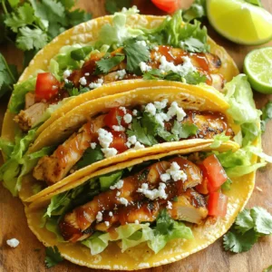 When making Garlic Butter Honey BBQ Chicken Tacos, you'll need these key items: - 1 lb boneless, skinless chicken thighs - 2 tablespoons unsalted butter - 4 cloves garlic, minced - 1/4 cup honey - 1/4 cup BBQ sauce (your favorite brand) These ingredients create a juicy and flavorful chicken. The honey adds a sweet touch, while the BBQ sauce brings a smoky flavor. The garlic and butter add richness, making each bite a delight. To make your tacos shine, gather these toppings: - 1 cup shredded lettuce - 1 cup diced tomatoes - 1/2 cup crumbled queso fresco or feta cheese - Fresh cilantro for garnish - Lime wedges, for serving These fresh toppings add crunch and color. The lettuce and tomatoes bring brightness, while the queso fresco adds creaminess. A squeeze of lime at the end gives a nice zing. Don't forget to add flavor with these spices: - 1 teaspoon smoked paprika - 1/2 teaspoon cayenne pepper (optional for heat) - Salt and pepper, to taste These spices elevate the chicken. Smoked paprika gives it depth, and cayenne adds a kick. Adjust the salt and pepper to fit your taste. For the full recipe, check out the [Full Recipe]. To start, you need to prepare the marinade. Grab a mixing bowl and whisk together honey, BBQ sauce, smoked paprika, cayenne pepper, salt, and pepper. This mix brings a sweet and smoky taste. Now, add your chicken thighs to the bowl. Make sure they are fully coated in the marinade. Cover the bowl and place it in the refrigerator. Let the chicken marinate for at least 20 minutes. This time allows the flavors to soak in. Next, heat a large skillet over medium heat. Add unsalted butter and let it melt. Once melted, add the minced garlic to the pan. Sauté the garlic for about 1-2 minutes. You want it fragrant but not burned. Now, take the marinated chicken thighs and carefully add them to the hot skillet. Cook the chicken for about 6-7 minutes on each side. You need to ensure the chicken reaches an internal temperature of 165°F (75°C). This step keeps it safe to eat and juicy. While the chicken cooks, it’s time to warm the corn tortillas. Use another dry skillet over medium heat. Heat each tortilla for about 30 seconds on each side. This warms them up and makes them flexible. Soft tortillas make for better tacos. Keep them warm in a clean kitchen towel until you are ready to assemble. Now comes the fun part: assembling the tacos! Start by placing a generous amount of sliced chicken on each tortilla. Top with shredded lettuce and diced tomatoes. Sprinkle crumbled queso fresco on top for that creamy finish. For a nice touch, garnish with fresh cilantro. Serve your tacos with lime wedges on the side. A squeeze of lime over the tacos adds a bright flavor. Enjoy this delicious meal with friends or family. For the full recipe, check out the Garlic Butter Honey BBQ Chicken Tacos. To ensure your chicken thighs are juicy and tender, check the internal temperature. It should reach 165°F (75°C). Use a meat thermometer for accuracy. After cooking, let the chicken rest for a few minutes. This helps the juices redistribute, making each bite more flavorful. Want to boost the flavor? Try adding a squeeze of fresh lime juice over the chicken while it’s warm. It brightens the taste and adds a nice zing. You can also experiment with other seasonings. A dash of cumin or chili powder can give your tacos a unique twist. Pair these tacos with simple sides. Some tasty options include corn on the cob or a fresh salad. For drinks, I recommend a cold beer or a refreshing iced tea. These choices balance well with the sweet and savory flavors of the tacos. Enjoy every bite! {{image_4}} You can switch up the protein in these tacos. If you want beef, use flank steak. Cut it into thin strips. Grill or sauté it until cooked through. Shrimp is another great choice. Toss it in the marinade and cook until pink. Tofu works well too. Press the tofu to remove water, then marinate and sauté until golden. For a plant-based twist, use jackfruit. Shred it and cook with the same marinade. It absorbs flavors well. You can also try tempeh. Marinate and sauté it until crispy. For a quick option, use store-bought vegan chicken. Just sauté it like the real thing. Spice lovers can add more cayenne or use a spicy BBQ sauce. You can also mix in some chipotle sauce for a smoky kick. If you like sweet, add more honey or use a honey BBQ sauce. Try different BBQ sauces to change the taste. Each one brings its own flair to your tacos. Explore these variations to make your Garlic Butter Honey BBQ Chicken Tacos truly your own! For the full recipe, check out the complete details above. After you enjoy your Garlic Butter Honey BBQ Chicken Tacos, store any leftovers wisely. Place the chicken and toppings in separate containers. Use airtight containers to keep them fresh. Store the chicken in the fridge for up to three days. The toppings can also stay fresh for a similar time if kept in a cool spot. To keep the flavor and texture, reheat the chicken on the stove. Place it in a skillet over medium heat. Stir it a few times until it’s warm. You can also use the microwave. Heat it in short bursts, checking often to avoid drying it out. Tortillas can be warmed in a dry skillet for a few seconds. This method adds a nice softness back to the tortillas. You can freeze the chicken or tacos for later meals. For chicken, let it cool completely before placing it in a freezer-safe bag. Remove as much air as possible and seal it tightly. Freeze for up to three months. For tacos, it’s best to freeze the chicken and tortillas separately. This way, you can enjoy them fresh when you’re ready. Just remember to thaw overnight in the fridge before reheating. Yes, you can prepare these tacos ahead of time. Start by marinating the chicken. Mix honey, BBQ sauce, smoked paprika, cayenne pepper, salt, and pepper in a bowl. Add the chicken thighs and coat them well. Cover the bowl and refrigerate for up to 24 hours. This allows the flavors to blend and enhances taste. When it’s time to cook, just heat the skillet and sauté the chicken as outlined in the recipe. You can also prepare toppings like lettuce and tomatoes ahead. Just store them in sealed containers in the fridge. This makes assembly quick and easy. The best BBQ sauce depends on your taste. I like to use a sauce that balances sweetness and tang. Brands like Sweet Baby Ray’s or Stubbs are popular options. You can also try a smoky flavor if that’s what you enjoy. Experimenting with different BBQ sauces can change the taco flavor. Use a spicy sauce for a kick or a honey-based sauce for extra sweetness. To make these tacos gluten-free, choose corn tortillas instead of flour. Most corn tortillas are naturally gluten-free. Always check the package to be sure. For the BBQ sauce, many brands offer gluten-free options. Look for sauces without wheat or barley. You can also make your own BBQ sauce at home using safe ingredients. Adjusting the spice level is easy. If you like mild tacos, skip the cayenne pepper. You can also replace it with a dash of paprika for flavor without heat. For spicier tacos, add more cayenne or try a hot sauce in the marinade. You can also garnish with sliced jalapeños for an extra kick. Enjoy experimenting until you find your perfect level of heat! This guide covered all you need for tasty chicken tacos. You learned about ingredients, cooking, and serving. Don’t forget to try different proteins or flavors. Storing and reheating tips help you enjoy them later. Remember, these tacos are fun and easy. They can fit any taste with small changes. Enjoy making and sharing these delicious tacos!