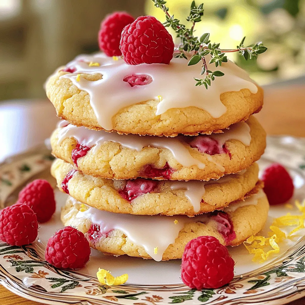 - 1 cup unsalted butter, softened - 1 cup granulated sugar - 1 large egg - Zest of 1 large lemon - 2 cups all-purpose flour - 1 teaspoon baking powder - ½ teaspoon baking soda - ½ teaspoon fine sea salt - 1 cup fresh raspberries - ½ cup powdered sugar for icing - 2 tablespoons fresh lemon juice for icing To make Raspberry Lemon Cookies, you'll need a few key ingredients. Each item plays a role in creating that perfect balance of sweet and tart. - Unsalted butter: You can use coconut oil or a plant-based butter. Both will keep the cookies moist. - Granulated sugar: Coconut sugar is a great alternative. It adds a hint of caramel flavor. - Egg substitutes: Use a flax egg or applesauce for a vegan option. One tablespoon of flaxseed mixed with three tablespoons of water works well. Using these substitutes can help you enjoy these cookies without missing out on flavor or texture. You can find the full recipe for Raspberry Lemon Cookies in the article. 1. Preheat the oven to 350°F (175°C). Line a baking sheet with parchment paper. This keeps the cookies from sticking. 2. Mix the butter and sugar. In a large bowl, cream the softened butter and sugar. Use an electric mixer on medium speed. Mix until light and fluffy, about 3-4 minutes. 3. Incorporate the wet and dry ingredients. Add the egg, vanilla, and lemon zest to the bowl. Beat until smooth. In another bowl, whisk together the flour, baking powder, baking soda, and salt. Slowly add this to the butter mix. Mix on low speed until just combined. Be careful not to overmix. 1. Fold in the raspberries. Use a spatula to gently mix in the fresh raspberries. This keeps them whole for bursts of flavor. The dough should feel thick yet easy to handle. 2. Shape the cookies. Use a tablespoon to scoop mounds of dough. Place them on the baking sheet, leaving 2 inches between each cookie. This gives them room to spread. 3. Bake and check for doneness. Bake for 12-15 minutes. Look for golden edges and set centers. They may seem soft but will firm up as they cool. For the full recipe, check the section above. Enjoy the fun of baking these delightful raspberry lemon cookies! To make the best raspberry lemon cookies, avoid overmixing the dough. Mixing too much makes cookies tough. Mix just until blended for a soft texture. To get a golden edge without drying out the cookie, watch the baking time closely. Remove them when the edges look golden but the middle seems soft. They will firm up as they cool. Decorating with icing adds a lovely touch. Drizzle the icing over the cooled cookies for a sweet finish. You can use a spoon or piping bag for fun shapes. For garnishing, add fresh raspberries and a sprinkle of lemon zest. This makes your cookies look bright and inviting. A stack of cookies on a decorative plate makes a beautiful display. {{image_4}} You can make raspberry lemon cookies even more exciting by changing the flavors. Here are a few ideas: - Different Citrus Zest: Try adding orange or lime zest. Each zest gives a unique twist. Orange adds sweetness, while lime gives a zesty kick. - Other Berries: Swap raspberries for blueberries or strawberries. Blueberries bring a juicy burst, and strawberries add a sweet touch. Both will make your cookies colorful and fun! If you have specific dietary needs, you can still enjoy these treats. Here’s how: - Gluten-Free Flour: Use a gluten-free flour blend. This way, you can still enjoy cookies without gluten. Look for blends that include xanthan gum for the best texture. - Vegan Version: Substitute butter with coconut oil or vegan butter. Replace the egg with flaxseed meal mixed with water or a store-bought egg replacer. These changes keep the cookies delicious and plant-based. Feel free to explore these variations to make your raspberry lemon cookies just how you like them! For the full recipe, check out the detailed instructions above. To keep your raspberry lemon cookies fresh, store them in an airtight container. This will prevent them from becoming dry or stale. I recommend using a cookie jar or a sealable plastic bag. If you use a container, add a piece of bread inside. This helps keep the cookies soft. For the best taste, enjoy them within a week. You can freeze the raw cookie dough for later use. To do this, scoop the dough onto a baking sheet. Place it in the freezer for about an hour. Once firm, transfer the dough balls to a freezer bag. Label the bag with the date and type of cookie. When you're ready to bake, just take out how many you need. For baked cookies, let them cool completely first. Then, wrap each cookie in plastic wrap. Put them in a freezer-safe bag. To thaw, simply leave the cookies on the counter for a few hours. You can also warm them in the oven at 350°F for about 5 minutes. Enjoy a fresh-tasting cookie anytime! For the full recipe, check out the earlier section. How do I know when the cookies are done baking? You can tell the cookies are done when the edges turn golden brown. The centers should look set but may appear slightly soft. They will firm up as they cool. Can I use frozen raspberries instead of fresh? Yes, you can use frozen raspberries! Just make sure to thaw them and drain any excess liquid. This way, they won't make your dough too wet. How long do these cookies last? These cookies can last up to a week if stored in an airtight container. Keep them in a cool, dry place for the best freshness. What can I serve with raspberry lemon cookies? These cookies pair well with a cup of tea or coffee. You can also serve them with a scoop of vanilla ice cream for a tasty dessert. Are raspberry lemon cookies healthy? While they are a treat, raspberry lemon cookies do contain sugar and butter. However, they have fresh fruit, which adds some vitamins. Enjoy them in moderation for a balanced diet. What's the best way to incorporate fruit into cookie recipes? The best way to add fruit is to gently fold it into the dough. This keeps the fruit intact and adds bursts of flavor in every bite. Can I make these cookies without baking powder? You can make these cookies without baking powder, but they may not rise as much. You could use baking soda or another leavening agent as a substitute. In this article, we covered how to make delicious raspberry lemon cookies. You learned about the key ingredients, substitutes for different diets, and step-by-step baking instructions. We shared tips for perfect texture and presentation ideas. I also included different flavor and dietary variations, plus storage and freezing methods. Try these cookies for a fresh twist on your dessert. They are easy to make and fun to enjoy. Happy baking!