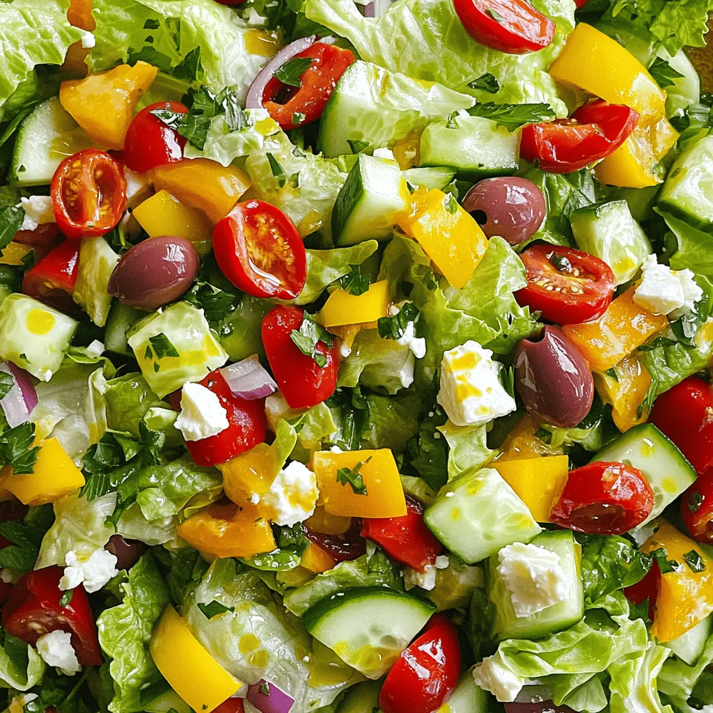 - 2 cups Romaine lettuce, chopped into bite-sized pieces - 1 cup iceberg lettuce, chopped - 1 cup cherry tomatoes, halved - 1 cucumber, diced into small cubes Fresh produce makes this salad shine. Romaine and iceberg lettuces add crispness. Cherry tomatoes bring sweetness, while cucumber adds coolness. You can’t skip these veggies. - 1/2 red onion, finely chopped - 1/2 red bell pepper, diced - 1/2 cup Kalamata olives, pitted and sliced - 1/2 cup feta cheese, crumbled Red onion adds a nice kick. Red bell pepper brings color and crunch. Kalamata olives give a briny bite. Feta cheese rounds it all out with creaminess. These ingredients create a well-balanced taste. - 1/4 cup extra virgin olive oil - 2 tablespoons red wine vinegar - 1 tablespoon Dijon mustard - 1 teaspoon honey - Salt and freshly cracked pepper, to taste The dressing is key to this salad. Extra virgin olive oil adds richness. Red wine vinegar gives tang, while Dijon mustard adds depth. Honey balances the flavors. Don’t forget salt and pepper for seasoning. For the full list of ingredients, check out the Full Recipe! To start, gather your fresh vegetables. You need Romaine lettuce, iceberg lettuce, cherry tomatoes, cucumber, red onion, red bell pepper, Kalamata olives, roasted red peppers, banana peppers, and parsley. Wash and chop all the veggies into bite-sized pieces. Use a large salad bowl for mixing. First, add the Romaine and iceberg lettuce. Then, toss in the cherry tomatoes, cucumber, and the other veggies. I like to use salad tongs to mix gently. This helps keep the vegetables whole and ensures even distribution. Next, let’s make the dressing. Take a small mixing bowl and add extra virgin olive oil, red wine vinegar, Dijon mustard, honey, salt, and pepper. Whisk the mixture well until it is smooth and combined. The goal is to create an emulsification. This means the oil and vinegar blend together nicely. Taste it! Adjust the salt and pepper to balance the flavors. You want a mix that’s both tangy and rich. Now, it’s time to put it all together. Drizzle the dressing over the mixed salad. Use the salad tongs again to toss the salad gently. You want every piece of vegetable coated well with the dressing. Finally, add the crumbled feta cheese. Be careful here; fold it in gently. You don’t want to break the cheese too much. This adds a creamy texture that pairs well with the crisp veggies. Let the salad rest for about 10 minutes. This helps the flavors mix even better. Enjoy this vibrant dish! For the complete details, check the Full Recipe. For a great look, serve the Famous La Scala Chopped Salad in a large bowl. Garnish with fresh parsley sprigs or a sprinkle of feta on top. This adds color and makes it more inviting. For individual servings, use clear glass bowls. This shows off the beautiful layers of colorful veggies and gives a fun touch to the meal. To boost flavor, add fresh herbs like basil or dill. They bring brightness to the salad. You can also try adding some avocado for creaminess or a dash of hot sauce for heat. Pair the salad with grilled chicken or shrimp for a heartier dish. These choices enhance the main salad flavors and make it more filling. You can prepare the salad ingredients in advance. Chopped veggies keep well in the fridge for a day or two. Just store them in an airtight container. For the dressing, mix it up and store it separately. This keeps the salad fresh. Toss the salad together right before serving. This way, every bite remains crisp and full of flavor. {{image_4}} You can change the crunch in your salad. Instead of Romaine, try kale or arugula. These greens add a different texture. For more crunch, add radishes or jicama. Both add a nice bite. Seasonal veggies can change your salad too. In summer, use fresh corn or zucchini. In fall, try roasted butternut squash or Brussels sprouts. These swaps keep your salad fresh and exciting. Switch up your dressing for fun. You can use balsamic or apple cider vinegar instead of red wine vinegar. Each kind gives a unique taste. Adding spices can give your dressing a kick. Try a pinch of red pepper flakes or smoked paprika. These add warmth without changing the core flavor. Making gluten-free changes is easy. Just check that your mustard is gluten-free. Use tamari instead of soy sauce if you add it. For a vegan salad, swap feta cheese with tofu or avocado. Both provide creaminess without dairy. You can also make a creamy dressing from cashews. This keeps the dish plant-based and tasty. If you want to create your own version, check out the Full Recipe for guidance. To keep your Famous La Scala Chopped Salad fresh, store leftovers in an airtight container. This helps keep the salad crisp. Use a glass or plastic container that seals tightly. Avoid metal containers, as they can affect the taste. If you want to save the salad longer, consider freezing some ingredients. However, I recommend avoiding freezing the entire salad. The vegetables can become mushy. The feta cheese also does not freeze well. Most fresh veggies last about 3-5 days in the fridge. Cherry tomatoes and cucumbers will lose their crunch faster, around 2-3 days. To refresh your salad, add a splash of dressing before serving. This brings back some of the original flavors. Toss the salad gently to mix in the new dressing. Avoid reheating in a microwave, as it can make the salad soggy. Enjoy it cold or at room temperature for the best taste. La Scala Chopped Salad began in a famous restaurant in Beverly Hills. The restaurant, La Scala, opened in the 1980s. Its fresh, bright flavors quickly made it popular. The salad features simple ingredients that create a tasty mix. Over the years, it has become a staple for many. People love its crispness and vibrant colors. This dish is not just a salad; it's a classic. Yes, you can add many toppings to make it your own. Try adding grilled chicken for protein. You can also use shrimp for a seafood twist. Avocado slices bring creaminess to each bite. For a spicy kick, add jalapeños or radishes. Nuts like almonds or walnuts add crunch. You can also swap in your favorite cheese. The options are endless! Making the salad ahead is easy. Chop your vegetables and store them in the fridge. Keep the dressing separate to avoid sogginess. Mix the salad and dressing just before serving. This keeps everything fresh and crunchy. You can also prepare the salad base up to a day in advance. Just add toppings on the day you plan to serve it. This salad pairs well with many dishes. Serve it with grilled meats like chicken or steak. It also goes great with fish, such as salmon or tuna. Add some crusty bread on the side for a complete meal. You can also turn it into a light lunch. Pair it with a glass of white wine for a special treat. For complete recipe details for Famous La Scala Chopped Salad, check the [Full Recipe](#). This blog post provided a detailed guide on making La Scala Chopped Salad. We covered fresh produce, additional ingredients, and dressing components. You learned how to prepare the salad, mix the dressing, and combine everything properly. Tips included presentation ideas, flavor enhancements, and storage info. Variations allowed for ingredient swaps and dietary adjustments. Try out these tips and create your own tasty salad. You’ll enjoy the freshness and crunch, and impress others with your skills. Make it your own and have fun with it!