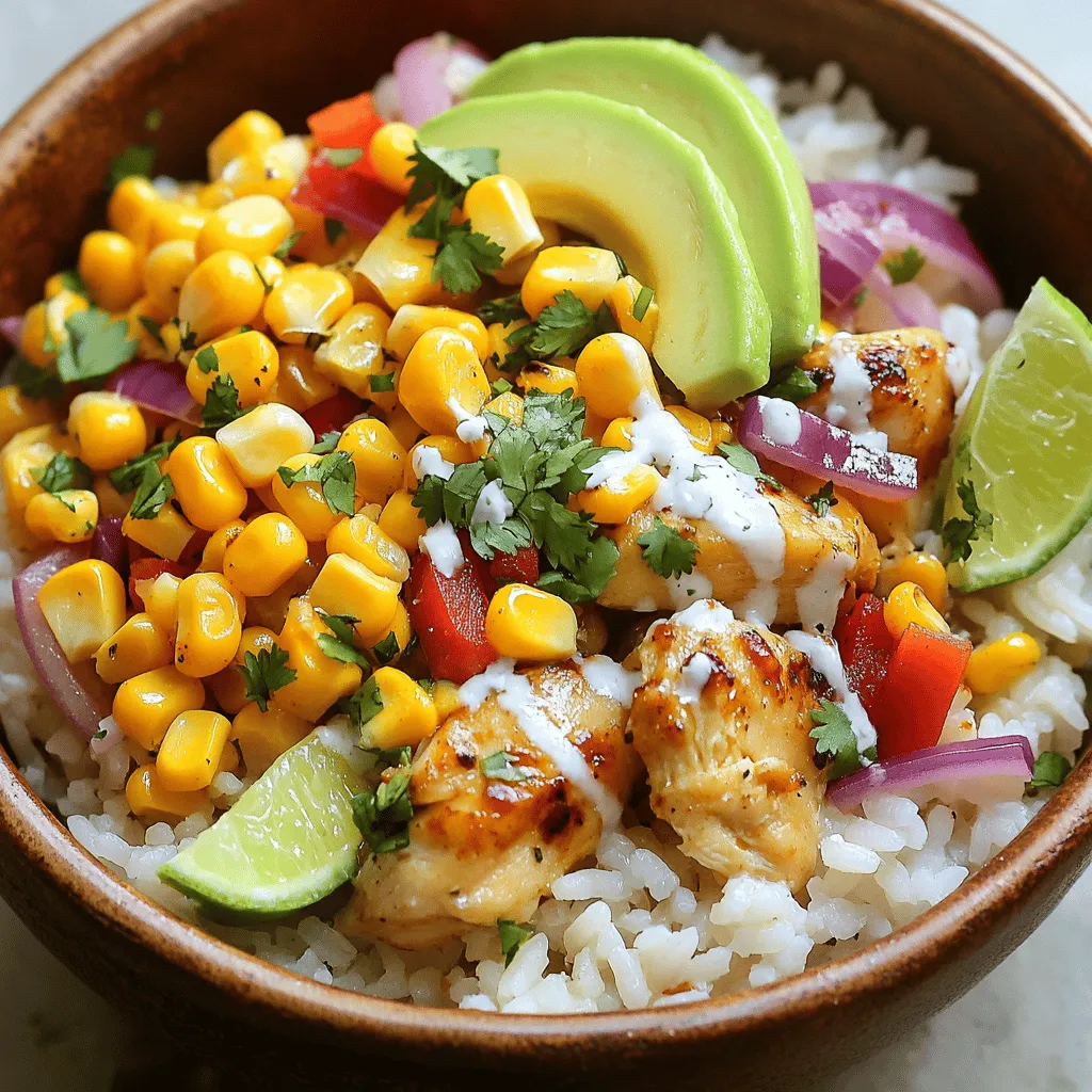 To create a Street Corn Chicken Rice Bowl, you need fresh and tasty ingredients. Here’s what you’ll need: - 1 cup jasmine rice - 2 cups chicken broth - 1 lb boneless, skinless chicken thighs, diced - 1 tablespoon olive oil - 1 teaspoon chili powder - 1 teaspoon ground cumin - Salt and freshly ground black pepper, to taste - 1 cup corn kernels (fresh or frozen) - ½ cup red onion, finely diced - 1 red bell pepper, diced into small pieces - ½ cup fresh cilantro, chopped - 1 ripe avocado, sliced - Juice of 1 lime - ½ cup Cotija cheese, crumbled - 1 tablespoon mayonnaise (optional) - 1 tablespoon chipotle sauce (optional, for a kick of spice) These ingredients bring layers of flavor to the bowl. The chicken thighs give a juicy taste, while the spices add warmth. Use fresh corn for a sweet crunch. The lime juice brightens the dish, making every bite delightful. Don’t forget the Cotija cheese for a salty finish. You can mix in mayonnaise and chipotle sauce if you like it creamy and spicy. For the full details on how to prepare this dish, check the Full Recipe. To start, you need to cook the rice. In a medium saucepan, bring 2 cups of chicken broth to a boil. This gives the rice great flavor. Once the broth boils, stir in 1 cup of jasmine rice. Cover the pot and reduce the heat to low. Let it simmer for about 15-20 minutes. The rice should be tender and the broth fully absorbed. After cooking, fluff the rice with a fork and set it aside. While the rice cooks, you can prepare the chicken. Use a large skillet and heat 1 tablespoon of olive oil over medium heat. Add 1 pound of diced boneless, skinless chicken thighs. Season the chicken with 1 teaspoon of chili powder, 1 teaspoon of ground cumin, salt, and pepper. Cook the chicken for about 7-10 minutes. Stir occasionally until it turns golden brown and is cooked through. When the chicken is almost done, it's time to add the vegetables. Toss in 1 cup of corn kernels, ½ cup of finely diced red onion, and 1 diced red bell pepper. Sauté this mixture for about 5-7 minutes. You want the vegetables to soften and the corn to heat up. This adds color and flavor to your dish. Now, let's put it all together. Grab a serving bowl and layer a generous amount of the fluffy rice as the base. Spoon the chicken and vegetable mixture evenly over the rice. Make sure to distribute it well for a balanced bite. For the finishing touch, top the bowl with sliced avocado, ½ cup of crumbled Cotija cheese, and a sprinkle of chopped cilantro. Drizzle the juice of 1 lime over everything for a fresh zing. If you like a creamy kick, add a dollop of mayonnaise mixed with chipotle sauce. This will take your flavors to the next level. Don't forget to check out the Full Recipe for more details! To cook fluffy jasmine rice, rinse it under cold water first. This helps remove excess starch. Use a ratio of 1 cup rice to 2 cups chicken broth for flavor. Bring the broth to a boil, then add the rice. Cover and reduce heat to low. Cook for about 15-20 minutes until tender. After cooking, fluff the rice with a fork for best texture. If you want a different texture, try using quinoa or brown rice. Quinoa cooks quickly and adds a nutty flavor. Brown rice gives a chewier bite and is more filling. Just adjust the cooking time and liquid as needed. To add more flavor, consider using spices like smoked paprika or garlic powder. Fresh herbs like basil or parsley can also brighten up the dish. If you enjoy heat, you can adjust it with chipotle sauce or hot sauce. Just add a little, taste, and add more if you like. Serving your street corn chicken rice bowl can be fun and creative. Use a wide, shallow bowl to show off the layers. Start with rice at the bottom and add the chicken mix on top. Arrange sliced avocado and cilantro on the side. Crumble Cotija cheese over everything for a lovely finish. For gatherings, you can serve this dish in a large bowl. Let guests build their own bowls, adding their favorite toppings. This makes it interactive and fun! Don’t forget to add lime wedges for a fresh squeeze right before eating. You can find the full recipe for this delicious meal to enjoy at home. {{image_4}} You can switch up the protein in this dish easily. If you want a lighter option, use chicken breast instead of thighs. Chicken breast cooks quickly and stays juicy. For a vegetarian twist, try using tofu. Just cut it into cubes and sauté it until golden. If you're a seafood fan, shrimp or fish can be great. Both cook fast and add a nice flavor. Or, if you love beef, thin slices of steak work well too. If you need gluten-free, use rice or quinoa instead of traditional grains. Both are tasty and safe for gluten sensitivity. You can also replace any sauces with gluten-free versions. For those who can't have dairy, skip the Cotija cheese. Try dairy-free cheese options instead. They melt nicely and add creaminess. Nutritional yeast is another great choice for a cheesy flavor without dairy. Seasonal veggies can really brighten this dish. In the summer, add fresh zucchini or bell peppers. They add great color and crunch. For a fall version, try roasted butternut squash or sweet potatoes. Both give a sweet twist. You can also swap in fresh herbs like basil or parsley. They bring a fresh taste that pairs well with the other flavors. This way, the recipe stays fun and exciting with each season! To keep your street corn chicken rice bowl fresh, use airtight containers. Glass containers work well. They do not stain or hold odors. Place the rice and chicken mixture in one container. Keep the toppings, like avocado and cilantro, in a separate one. This helps prevent sogginess. Store everything in the fridge. It stays fresh for up to three days. When it comes to reheating, the microwave is your friend. Place the rice and chicken in a bowl. Add a splash of water to keep it moist. Cover it with a microwave-safe lid or a damp paper towel. Heat for two to three minutes. Check that it's hot throughout. To ensure food safety, always heat to at least 165°F. Avoid reheating more than once. Yes, you can freeze this rice bowl! For best results, freeze the chicken and rice mixture. Avoid freezing the fresh toppings like avocado. Place the mixture in a freezer-safe bag, pushing out as much air as possible. Write the date on the bag. It will keep for up to three months. To thaw, place it in the fridge overnight. Reheat as mentioned before. Enjoy your easy meal later! A street corn chicken rice bowl is a tasty dish. It combines rice, chicken, corn, and fresh veggies. You start with fluffy jasmine rice. Then, you add seasoned chicken thighs for protein. Sweet corn adds flavor and texture. Fresh red onion and bell pepper give crunch. Finally, top it off with cilantro, lime juice, and Cotija cheese. Each bite is a mix of flavors that transport you to the streets of Mexico. Preparing this dish takes about 40 minutes. The prep time is around 15 minutes. You will need about 25 minutes to cook. This includes cooking the rice and chicken. It’s a quick meal for busy days. Yes, you can make this dish ahead of time. I suggest cooking the rice and chicken first. Store them separately in the fridge. This keeps them fresh. You can reheat them when you are ready to eat. For best results, use an airtight container. This helps keep flavors intact. You can serve this bowl with many tasty sides. Some good options include: - Black beans for extra protein. - A light salad with lime vinaigrette. - Tortilla chips for crunch. For drinks, try a refreshing agua fresca or a cold beer. These pair well with the flavors of the bowl. Enjoy a full meal experience with these sides! This blog post guides you through making a street corn chicken rice bowl. We explored the ingredients, cooking steps, and tips to enhance flavor. You can swap proteins, adapt for dietary needs, and try seasonal veggies too. Storing and reheating options keep your meal fresh. Overall, this dish is versatile and fun to make. Enjoy creating this flavorful bowl at home and impress your friends with your skills!