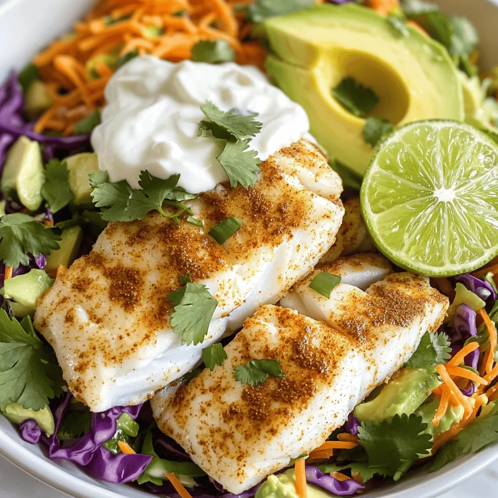 - 1 pound white fish fillets (cod or tilapia) - 2 cups green and red cabbage - 1 medium carrot - 1/2 cup plain Greek yogurt - 1 ripe avocado - 1 tablespoon extra virgin olive oil - 1 teaspoon ground cumin - 1 teaspoon chili powder - Fresh lime juice - Corn tortillas - Lime wedges - Fresh cilantro When I make Fish Taco Slaw Bowls, I focus on fresh and vibrant flavors. The main ingredients bring a lively crunch and a healthy twist. The fish sits at the center of this dish. I recommend using white fish, like cod or tilapia, for its mild taste. I love how it takes on spices well, making each bite rich and flavorful. The colorful slaw is a mixture of green and red cabbage, which adds a nice texture. I also add a grated carrot for a hint of sweetness. These ingredients not only look good but also balance the fish perfectly. The slaw gets a creamy touch from plain Greek yogurt. It makes the dish feel bright and fresh. The seasonings make a big difference in taste. Extra virgin olive oil adds a smooth richness. Ground cumin and chili powder bring warmth and depth. A splash of fresh lime juice gives it a zesty kick that wakes up the flavors. For serving, I use warm corn tortillas, which are soft and perfect for holding everything together. A lime wedge on the side allows you to add more zest if you like. Fresh cilantro rounds out the dish, adding a pop of color and a burst of flavor. This recipe is simple yet satisfying. You can find the Full Recipe for detailed steps to create these delicious Fish Taco Slaw Bowls! To start, pat the fish fillets dry with paper towels. This step helps the fish get a nice crust when cooked. Next, mix olive oil, cumin, chili powder, salt, and pepper in a small bowl. Rub this mixture all over the fish fillets. Let the fish marinate for about 15 minutes. This waiting time allows the flavors to soak in. Now, heat a non-stick skillet over medium heat. Once hot, place the marinated fish fillets in the skillet. Cook them for about 3-4 minutes on each side. The fish should turn opaque and flake easily when done. Remove the fish from the skillet and break it into bite-sized pieces with a fork. In a large bowl, combine finely shredded green cabbage, red cabbage, grated carrot, and chopped cilantro. This mix adds crunch and color. For the dressing, whisk together Greek yogurt and lime juice in a small bowl. Drizzle this dressing over the cabbage mixture, then toss everything well. This ensures that every piece is coated with the dressing. For the full recipe, refer to the instructions above, and enjoy your fish taco slaw bowls! Using fresh ingredients is key to great taste. Fresh fish brings a light and tender flavor. Crisp cabbage adds crunch, while bright cilantro gives a burst of freshness. Always choose ripe avocados for the best creaminess. They enhance the overall dish. Seasoning is just as important. I love using ground cumin and chili powder. They add warmth and depth. Kosher salt and pepper bring balance. Coat the fish well to ensure each bite is packed with flavor. Cooking fish can be simple and fun. Start by patting the fillets dry. This helps them sear better. Always preheat your skillet. A hot pan gives a nice crust and keeps the fish moist inside. Cook it for 3-4 minutes on each side. The fish should flake easily. This means it is done. For tortillas, warmth is vital. Toast them in a dry skillet over medium heat. Just one minute per side is enough. This makes them soft yet slightly crisp. It improves their flavor and texture. Presentation matters. When serving your slaw bowls, start with a bright slaw layer. Add the fish pieces on top for color. Slices of avocado add richness. Use lime wedges for a pop of color and taste. Don’t forget about sides. You can serve with a fresh salsa or a zesty sauce. A side of black beans or corn adds more nutrition and flavor. For a fun twist, consider serving with tortilla chips for crunch. For the full recipe, check out the detailed preparation steps and ingredients. {{image_4}} You can use more than just cod or tilapia for these bowls. Consider using salmon, mahi-mahi, or even shrimp. Each fish has a unique taste. Salmon adds richness, while mahi-mahi offers a mild flavor. Shrimp provides a sweet touch. When you switch up the fish, you change the whole dish. Your taste buds will thank you for exploring these options. Don’t feel limited to just cabbage in your slaw. You can mix in crunchy radishes, sweet bell peppers, or even fresh herbs like mint or parsley. Each vegetable adds its own flair. For dressings, try a zesty lime vinaigrette or a creamy avocado dressing. These options can brighten your meal. Experimenting with slaw keeps every bite exciting. Substituting Greek yogurt is easy if you want a lighter touch. You can use sour cream or a dairy-free yogurt made from nuts. For toppings, think about vegan options like cashew cream or hummus. These alternatives keep the bowls delicious while catering to different diets. Personalizing your ingredients helps create a dish that feels just right for you. Check the Full Recipe for ideas on building your perfect fish taco slaw bowl. To keep your fish taco slaw bowls fresh, store fish and slaw separately. This helps maintain their textures. Use airtight containers for best results. Glass or plastic containers work well. Make sure to cool everything before sealing. Store in the fridge and eat within three days for the best flavor. When reheating fish, place it in a skillet over low heat. This helps prevent drying out. Add a splash of water for moisture. Heat until warmed through, about five minutes. For tortillas, warm them in a dry skillet for a minute on each side. This keeps them soft and pliable, ready for your slaw bowls. You can freeze assembled bowls, but it’s not the best choice. Freezing changes the texture of the fish and slaw. Instead, freeze the fish and slaw separately. Place them in freezer-safe bags or containers. Remove as much air as possible. Thaw in the fridge overnight before reheating. Enjoy your fresh flavors with every bite! You can tell the fish is cooked by its color and texture. Look for these signs: - The fish turns opaque. - It flakes easily with a fork. - The internal temperature reaches 145°F (63°C). Cooking fish can be tricky. Use a fork to test it gently. If it breaks apart easily, it is ready. Overcooking can make fish tough, so keep an eye on it. For best results, follow the cooking time in the recipe. Yes, you can prepare many parts ahead of time. Here are some tips: - Cook the fish and store it in the fridge for up to two days. - Make the slaw a day in advance. Keep it covered in the fridge. - Warm the tortillas just before serving for the best taste. These steps save time and keep the flavors fresh. Just assemble the bowls when you are ready to eat. Fish taco slaw bowls are tasty on their own, but you can add sides for a complete meal. Here are some ideas: - Black beans for protein. - Mexican rice for added carbs. - Grilled corn for sweetness. - Fresh salsa for a spicy kick. These sides complement the flavors and add variety. Feel free to mix and match based on what you enjoy. For a step-by-step guide on making Fish Taco Slaw Bowls, check out the full recipe. It includes all the ingredients and cooking instructions you need to create this delicious dish. In this post, I covered how to make delicious fish taco slaw bowls. We explored the essential ingredients, from fish to fresh veggies, and the tasty dressings. I shared step-by-step cooking instructions, smart tips, and variations to try. Remember, using fresh ingredients makes a big difference. Enjoy making this dish for yourself and your friends. It’s easy, fun, and full of flavor! Your kitchen will feel alive with every bite.