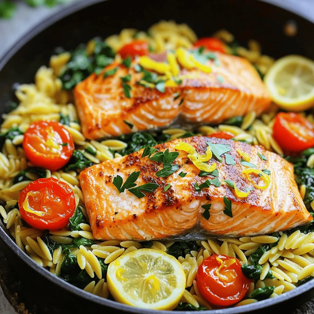 Here is what you need for One Skillet Salmon with Lemon Orzo: - 2 salmon fillets (6 oz each) - 1 cup orzo pasta - 2 cups vegetable broth - 1 lemon (zested and juiced) - 1 cup cherry tomatoes, halved - 2 cups baby spinach - 3 tablespoons olive oil - 2 cloves garlic, minced - Salt and pepper, to taste - Fresh parsley, finely chopped for garnish These ingredients combine to create a dish full of flavor. The salmon brings richness, while the orzo soaks up the broth and lemon. Fresh veggies add color and nutrients. The garlic gives a warm aroma, and the lemon adds brightness. When you mix them all, you get a beautiful meal that’s easy to make. For the full details on how to prepare this dish, check the Full Recipe. First, season your salmon fillets with salt and pepper. Make sure to coat both sides. Heat 1 tablespoon of olive oil in a large skillet over medium heat. Once the oil is hot, place the salmon in the pan skin-side down. Cook for about 4 to 5 minutes. You want the skin to get crispy and golden brown. Next, carefully flip the salmon using a spatula. Cook for another 3 to 4 minutes. The salmon should flake easily when done. Once cooked, remove the salmon from the skillet and set it aside on a plate. In the same skillet, add 2 tablespoons of olive oil. Heat the oil and then add minced garlic. Sauté for about a minute until the garlic smells good. Be careful not to burn it! Now, add the orzo pasta to the skillet. Stir well so the orzo is coated with the garlic and oil. Toast the orzo for about 2 minutes. Stir often until it turns light golden. Pour in the vegetable broth, lemon juice, and lemon zest. Bring the mixture to a boil, then lower the heat. Cover the skillet with a lid and let it simmer for about 10 minutes. You want the orzo to be tender and absorb most of the liquid. Once the orzo is cooked, stir in the halved cherry tomatoes and baby spinach. Cook for an extra 2 to 3 minutes. You want the spinach to wilt and the tomatoes to warm up. This creates a colorful mix. Gently nestle the cooked salmon back into the skillet on top of the orzo and veggies. Let everything heat together for about a minute. Finally, taste the dish and adjust the seasoning. Add more salt, pepper, or lemon juice if you like. Serve warm, garnished with freshly chopped parsley for a pop of color. For the complete recipe, check the [Full Recipe]. For the best salmon, start with skin-side down. This helps the skin get crispy. You’ll know it’s ready to flip when the edges turn golden brown. Gently lift the salmon with a spatula. If it sticks, let it cook a bit longer. When it’s done, look for the flesh to flake easily with a fork. This shows it’s cooked through. It should also be a light pink color inside. Overcooking can make it dry, so keep an eye on the time. To keep orzo from becoming mushy, use the right liquid ratio. For each cup of orzo, use two cups of broth. This helps the pasta absorb just enough liquid. Stir the orzo often while it cooks. This helps it cook evenly. If you want a firmer texture, cook it for a minute less than the package says. Garnish your dish with fresh parsley. This adds color and a fresh taste. You can also serve it with a lemon wedge for extra zing. For side dishes, consider a light salad or steamed veggies. A glass of white wine pairs well with this meal, too. It enhances the lemon flavor and makes it feel special. {{image_4}} You can change the vegetables in this dish. Try bell peppers, zucchini, or asparagus for a new taste. Each veggie adds its own flavor and texture. You can also swap the salmon for other fish. Cod, trout, or even shrimp work well. Each choice will give the dish a different vibe. To boost flavor, consider adding fresh herbs. Basil, dill, or parsley can make a big difference. You can also sprinkle in spices like paprika or crushed red pepper. These will add warmth and depth. If you like sauces, try a splash of soy sauce or a drizzle of balsamic glaze. They can bring a new twist to the dish. If you need a gluten-free meal, swap the orzo for gluten-free pasta. This keeps the dish tasty without the gluten. For a low-calorie option, use less olive oil and add more veggies. You can also choose lighter fish like tilapia. These changes keep the dish healthy while still being delicious. For the full recipe, check out the One Skillet Salmon with Lemon Orzo. To keep your leftovers fresh, store them in an airtight container. Place the container in the fridge. The cool air helps keep the dish safe to eat. Use the leftovers within three days for the best taste. If you want to save some for later, you can freeze it. Portion your salmon and orzo into freezer-safe bags. Remove as much air as you can before sealing. This helps prevent freezer burn. You can freeze it for up to three months. The best way to reheat your salmon and orzo is in the oven. Preheat the oven to 350°F (175°C). Place the dish in a baking dish and cover it with foil. Heat for about 15 minutes or until it is warmed through. You can also use the microwave. Place the dish in a microwave-safe bowl, cover it, and heat for 1-2 minutes. Stir halfway through to ensure even heating. Be careful; salmon can dry out if overheated. Refrigerated leftovers last about three days. After this time, the food may lose its quality. Watch for signs of spoilage. If you see any mold or off smells, it’s best to throw it away. Check the salmon for any dark spots or changes in texture as well. Always trust your senses when it comes to food safety. Cooking salmon in a skillet takes about 8 to 9 minutes. You want to cook it skin-side down first for 4 to 5 minutes. This makes the skin crispy. Then, flip it and cook for another 3 to 4 minutes. The salmon should flake easily when it is done. Yes, you can use other pasta types if you prefer. Good choices include small shells, ditalini, or even macaroni. These shapes cook similarly and will absorb flavors well. Just keep an eye on the cooking time, as it may vary. This dish pairs well with fresh salads or steamed vegetables. You might try a simple arugula salad with lemon vinaigrette. Roasted asparagus or green beans are also great options. These sides add color and balance to your meal. For a heartier option, consider crusty bread to soak up any extra sauce. In this blog post, we covered a simple recipe for One Skillet Salmon with Lemon Orzo. I shared key ingredients, clear steps for cooking, and helpful tips for perfect results. You learned about ingredient swaps for variety and storage tips for leftovers. Cooking takes practice, but this dish is easy and tasty. Try it out, and enjoy your meal prep! Remember, cooking should be fun. Don't be afraid to experiment in the kitchen. Happy cooking!