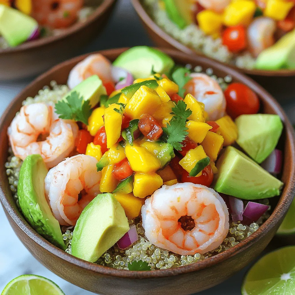 - 1 lb shrimp, peeled and deveined - 2 ripe avocados, diced - 1 cup cooked quinoa - 1 cup cherry tomatoes, halved - 1 small red onion, finely chopped - Juice of 2 limes - 1 tablespoon olive oil - 2 tablespoons fresh cilantro, chopped - Salt and pepper to taste - 1 ripe mango, diced - 1 small jalapeño, deseeded and minced - 1/2 red bell pepper, diced - Juice of 1 lime - Salt, to taste The main ingredients for this dish create a fresh and hearty meal. The shrimp provides a protein boost, while the avocados add creaminess. Quinoa works as a great base, making the dish filling. For flavor, we add cherry tomatoes and red onion. They add a nice crunch and brightness. The lime juice adds zest, and olive oil gives a smooth finish. Fresh cilantro adds a pop of color and taste. Mango salsa is the star of this bowl. It brings sweetness and spice together. The diced mango is juicy and delicious. Jalapeño gives it a kick, while red bell pepper adds crunch. Lime juice enhances the flavors. You can find the Full Recipe in the article. This dish is easy to make and great for any meal. - Combine diced mango, jalapeño, bell pepper, lime juice, and salt. - Let the mix sit for at least 15 minutes for flavor melding. Mango salsa adds a fresh touch to the dish. Dicing the mango carefully keeps the pieces even. A little kick from the jalapeño balances the sweetness of the mango. The lime juice brightens the flavors. Allowing the salsa to rest lets the tastes combine nicely. This step enhances your overall meal. - Heat olive oil in a skillet and season shrimp. - Cook shrimp for 2-3 minutes per side until pink. - Drizzle with lime juice after cooking. For the shrimp, heat the oil until it shimmers. This ensures a good sear. Season the shrimp well; it brings out their natural taste. Cook until they turn pink and opaque. This usually takes just a few minutes. When done, drizzle lime juice over them to add extra zest. - Divide cooked quinoa among serving bowls. - Layer with diced avocado, cooked shrimp, tomatoes, and onion. - Add mango salsa generously on top. Start by placing the quinoa in each bowl. This forms a tasty base. Next, layer the diced avocado, shrimp, tomatoes, and onions on top. Each layer adds colors and textures. Finally, spoon the mango salsa over everything. This step makes the dish pop with flavor. Follow this [Full Recipe] to make sure you capture all the deliciousness! To get the best shrimp, heat your oil well before adding the shrimp. This helps them sear nicely. If the oil is not hot, the shrimp will steam instead of sear. That changes the taste and texture. Next, season your shrimp generously with salt and pepper. This boosts their natural flavor. You can also try other spices if you want to mix it up. For a lovely finish, serve these bowls with lime wedges on the side. This allows each guest to add their own zest. It can really brighten the dish. Using a ring mold can create a nice layered look. Just place it on the plate and fill it with layers of quinoa, shrimp, and veggies. When you lift the mold off, you have a neat stack. It makes your dish look fancy! Want to add depth to your dish? Try adding spices like cumin or paprika. These spices bring warmth and extra flavor. Fresh herbs can also change the game. Basil or mint adds a fresh twist. Just chop them up and sprinkle them over your bowl for a pop of color and taste. For more ideas, check out the Full Recipe for Shrimp & Avocado Delight Bowls! {{image_4}} You can easily change the protein in this dish. Swap shrimp for grilled chicken or tofu for a vegetarian option. Tofu absorbs flavors well and adds creaminess. If you want more seafood, use scallops or a mild fish like tilapia. Both options will give you a fresh taste. If you want to switch up the grains, replace quinoa with brown rice, farro, or even cauliflower rice. Brown rice adds a nutty flavor, while farro brings a chewy texture. Cauliflower rice is a great low-carb choice. You can also mix different grains for added texture and taste. The mango salsa is fun to play with. Try adding diced avocado to the salsa for extra creaminess. This makes the salsa richer and smoother. You can also experiment with different citrus juices like orange or grapefruit to give it a unique twist. Each juice adds its own flavor profile and brightness. Store leftover shrimp and salsa in airtight containers. This keeps them fresh and tasty. I find they are best consumed within 2 days. This way, you enjoy their full flavor. When you reheat shrimp, do it gently in a skillet. This helps warm them evenly without overcooking. Serve the salsa cold to keep its bright taste. The cold salsa complements the warm shrimp well. You can freeze cooked shrimp for up to 3 months. Just place them in a freezer-safe bag. The salsa can also be frozen, but it might change texture when you thaw it. To enjoy the best results, consider using fresh salsa after freezing. You can prepare shrimp and mango salsa ahead of time. Store both items separately in the fridge. This keeps them fresh until you’re ready to serve. When you want to eat, just assemble the bowls. Yes, you can use frozen shrimp. Just make sure they are fully thawed and drained before cooking. This ensures even cooking and the best texture. Consider a light salad or corn on the cob as side options. They add crunch and freshness to the meal. You can also serve warm bread for a filling touch. Yes, all ingredients are naturally gluten-free. This makes it perfect for anyone with gluten sensitivity. Enjoy this dish without worry about gluten exposure. To add spice, increase the minced jalapeño in the salsa. You can also incorporate diced serrano peppers for more heat. Adjust the spice level to your taste for a kick! This blog post detailed a tasty shrimp and avocado bowl recipe. You learned about key ingredients like shrimp, avocado, and quinoa. We discussed how to make mango salsa and tips for cooking and assembling your bowl. You can adjust the dish with different proteins, grains, or variations in salsa. In conclusion, this meal offers fresh flavors and is easy to make. Enjoy trying it out!