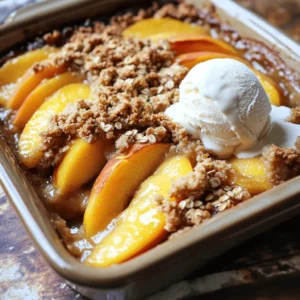 To make a perfect peach crisp, you need fresh and dry ingredients. Here’s what you will need: - 6 ripe peaches, peeled and elegantly sliced - 1 tablespoon fresh lemon juice Peaches are the star of this dish. Choose ripe ones for the best flavor. The lemon juice adds a bright note and balances the sweetness. - 1 cup wholesome rolled oats - 1 cup all-purpose flour, sifted - 1/2 cup packed light brown sugar - 1/2 cup granulated sugar - 1 teaspoon aromatic ground cinnamon - 1/4 teaspoon freshly grated nutmeg (or ground) - A pinch of fine salt The oats give the crisp its texture. The flour helps bind everything. Both sugars sweeten the dish. Cinnamon and nutmeg add warmth and depth. - 1/2 cup unsalted butter, gently melted - Ice cream or whipped cream (for serving, optional, but highly recommended) Melted butter creates a rich topping. Ice cream or whipped cream enhances the experience, making each bite heavenly. For the full recipe, refer to the section above. Enjoy creating this delightful dish! 1. Preheat your oven to 350°F (175°C). This step is key for a great bake. 2. In a large bowl, take your sliced peaches. Add lemon juice, sugar, and a pinch of salt. Mix gently. Coat each slice well. This brings out the peach flavor and adds a lovely zing. 1. In another bowl, combine oats, flour, both sugars, melted butter, cinnamon, and nutmeg. 2. Use your hands or a fork. Mix until the texture is crumbly. You want it to feel like small pebbles. This will give your crisp a great crunch. 1. Spread the peach mixture evenly in a greased baking dish. Make sure it covers the bottom well. 2. Sprinkle the crumbly topping over the peaches. Ensure it covers all the fruit. 3. Place the dish in the oven. Bake for 30-35 minutes. Look for a golden brown topping and bubbling peaches. Your kitchen will smell amazing! For the full recipe, you can refer to the details above. Enjoy this simple and delightful dessert! To make your peach crisp shine, try adding spices. Ginger and cardamom bring warmth and depth. You can also add a splash of vanilla or almond extract. These flavors blend well with ripe peaches and create a richer taste. For the best texture, don’t over-mix the topping. Lightly combine the ingredients until crumbly. This keeps the topping nice and crunchy. Keep an eye on it while baking. If it browns too much, pull it out to avoid burning. Peach crisp tastes best when warm. Serve it with a scoop of ice cream for a creamy contrast. You can also garnish with fresh peach slices or a sprig of mint. This adds color and freshness to your dish. For the full recipe, check the link below. {{image_4}} One way to make peach crisp even better is to try new twists. Let’s explore some fun variations! If you want a gluten-free version, it's easy! Just swap out the all-purpose flour for almond or gluten-free flour. This change keeps the crisp light and tasty. Don’t just stick to peaches! You can mix in berries for a colorful and tasty mixed fruit crisp. Strawberries, blueberries, or raspberries all work well. You can also try other stone fruits like plums or cherries. These fruits add different flavors and make your dessert even more special. Want to add some crunch? Toss in chopped nuts like walnuts or pecans into the topping. They add a nice texture and flavor. You can also experiment with granola for an extra crunchy layer. This variation makes each bite exciting! These variations will help you create a peach crisp that feels new and fun every time you make it. Try these ideas and enjoy peach crisp in a whole new way! For the complete recipe, check out the Full Recipe section. Store any leftovers in an airtight container. Keep it at room temperature for up to 3 days. This lets the flavors stay fresh. You can refrigerate the peach crisp for up to a week. If you want to keep it longer, freeze it. It can last in the freezer for up to 3 months. Make sure to wrap it well to avoid freezer burn. For the best texture, reheat the crisp in the oven. Preheat your oven to 350°F (175°C) and place the crisp in for about 10-15 minutes. This warms it up and keeps it crunchy. If you're in a hurry, you can use a microwave. Heat it in short bursts, checking often, so it warms evenly. You can use nectarines or any seasonal fruit. Plums, apricots, or even berries work well. Each fruit brings a unique flavor, making your crisp special. Peach crisp and cobbler are different. The topping for crisp is crumbly, while cobbler has a biscuit-like texture. Both are tasty, but they have their own charm. Yes, you can prepare it ahead. I suggest baking it just before serving. This keeps the topping crisp and the fruit warm. Look for a golden-brown topping and bubbling fruit underneath. The aroma will fill your kitchen, signaling it's time to enjoy. Absolutely! You can double the recipe easily. Just remember to adjust the baking time if you use a larger dish. It’s perfect for gatherings, and everyone will love it. Peach crisp is an easy and tasty dessert worth trying. You mix peaches with lemon, sugar, and salt for a tangy base. The crumbly topping blends oats, flour, butter, and spices perfectly. Don't forget to add ice cream for an extra treat! Feel free to try new spices or fruits for unique flavors. Store leftovers easily for later enjoyment. With these tips, your peach crisp will always impress. Enjoy your delicious creation and share it with friends!
