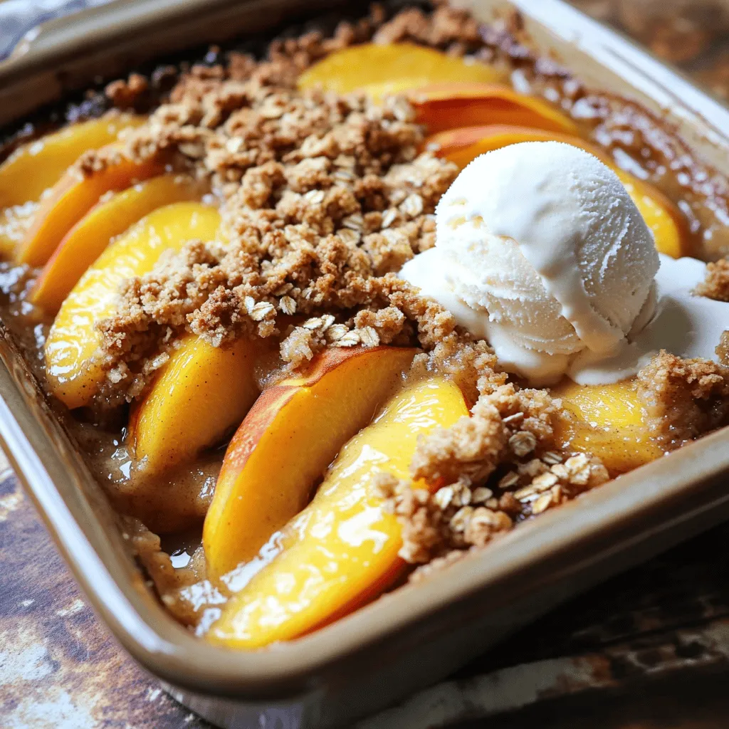 To make a perfect peach crisp, you need fresh and dry ingredients. Here’s what you will need: - 6 ripe peaches, peeled and elegantly sliced - 1 tablespoon fresh lemon juice Peaches are the star of this dish. Choose ripe ones for the best flavor. The lemon juice adds a bright note and balances the sweetness. - 1 cup wholesome rolled oats - 1 cup all-purpose flour, sifted - 1/2 cup packed light brown sugar - 1/2 cup granulated sugar - 1 teaspoon aromatic ground cinnamon - 1/4 teaspoon freshly grated nutmeg (or ground) - A pinch of fine salt The oats give the crisp its texture. The flour helps bind everything. Both sugars sweeten the dish. Cinnamon and nutmeg add warmth and depth. - 1/2 cup unsalted butter, gently melted - Ice cream or whipped cream (for serving, optional, but highly recommended) Melted butter creates a rich topping. Ice cream or whipped cream enhances the experience, making each bite heavenly. For the full recipe, refer to the section above. Enjoy creating this delightful dish! 1. Preheat your oven to 350°F (175°C). This step is key for a great bake. 2. In a large bowl, take your sliced peaches. Add lemon juice, sugar, and a pinch of salt. Mix gently. Coat each slice well. This brings out the peach flavor and adds a lovely zing. 1. In another bowl, combine oats, flour, both sugars, melted butter, cinnamon, and nutmeg. 2. Use your hands or a fork. Mix until the texture is crumbly. You want it to feel like small pebbles. This will give your crisp a great crunch. 1. Spread the peach mixture evenly in a greased baking dish. Make sure it covers the bottom well. 2. Sprinkle the crumbly topping over the peaches. Ensure it covers all the fruit. 3. Place the dish in the oven. Bake for 30-35 minutes. Look for a golden brown topping and bubbling peaches. Your kitchen will smell amazing! For the full recipe, you can refer to the details above. Enjoy this simple and delightful dessert! To make your peach crisp shine, try adding spices. Ginger and cardamom bring warmth and depth. You can also add a splash of vanilla or almond extract. These flavors blend well with ripe peaches and create a richer taste. For the best texture, don’t over-mix the topping. Lightly combine the ingredients until crumbly. This keeps the topping nice and crunchy. Keep an eye on it while baking. If it browns too much, pull it out to avoid burning. Peach crisp tastes best when warm. Serve it with a scoop of ice cream for a creamy contrast. You can also garnish with fresh peach slices or a sprig of mint. This adds color and freshness to your dish. For the full recipe, check the link below. {{image_4}} One way to make peach crisp even better is to try new twists. Let’s explore some fun variations! If you want a gluten-free version, it's easy! Just swap out the all-purpose flour for almond or gluten-free flour. This change keeps the crisp light and tasty. Don’t just stick to peaches! You can mix in berries for a colorful and tasty mixed fruit crisp. Strawberries, blueberries, or raspberries all work well. You can also try other stone fruits like plums or cherries. These fruits add different flavors and make your dessert even more special. Want to add some crunch? Toss in chopped nuts like walnuts or pecans into the topping. They add a nice texture and flavor. You can also experiment with granola for an extra crunchy layer. This variation makes each bite exciting! These variations will help you create a peach crisp that feels new and fun every time you make it. Try these ideas and enjoy peach crisp in a whole new way! For the complete recipe, check out the Full Recipe section. Store any leftovers in an airtight container. Keep it at room temperature for up to 3 days. This lets the flavors stay fresh. You can refrigerate the peach crisp for up to a week. If you want to keep it longer, freeze it. It can last in the freezer for up to 3 months. Make sure to wrap it well to avoid freezer burn. For the best texture, reheat the crisp in the oven. Preheat your oven to 350°F (175°C) and place the crisp in for about 10-15 minutes. This warms it up and keeps it crunchy. If you're in a hurry, you can use a microwave. Heat it in short bursts, checking often, so it warms evenly. You can use nectarines or any seasonal fruit. Plums, apricots, or even berries work well. Each fruit brings a unique flavor, making your crisp special. Peach crisp and cobbler are different. The topping for crisp is crumbly, while cobbler has a biscuit-like texture. Both are tasty, but they have their own charm. Yes, you can prepare it ahead. I suggest baking it just before serving. This keeps the topping crisp and the fruit warm. Look for a golden-brown topping and bubbling fruit underneath. The aroma will fill your kitchen, signaling it's time to enjoy. Absolutely! You can double the recipe easily. Just remember to adjust the baking time if you use a larger dish. It’s perfect for gatherings, and everyone will love it. Peach crisp is an easy and tasty dessert worth trying. You mix peaches with lemon, sugar, and salt for a tangy base. The crumbly topping blends oats, flour, butter, and spices perfectly. Don't forget to add ice cream for an extra treat! Feel free to try new spices or fruits for unique flavors. Store leftovers easily for later enjoyment. With these tips, your peach crisp will always impress. Enjoy your delicious creation and share it with friends!