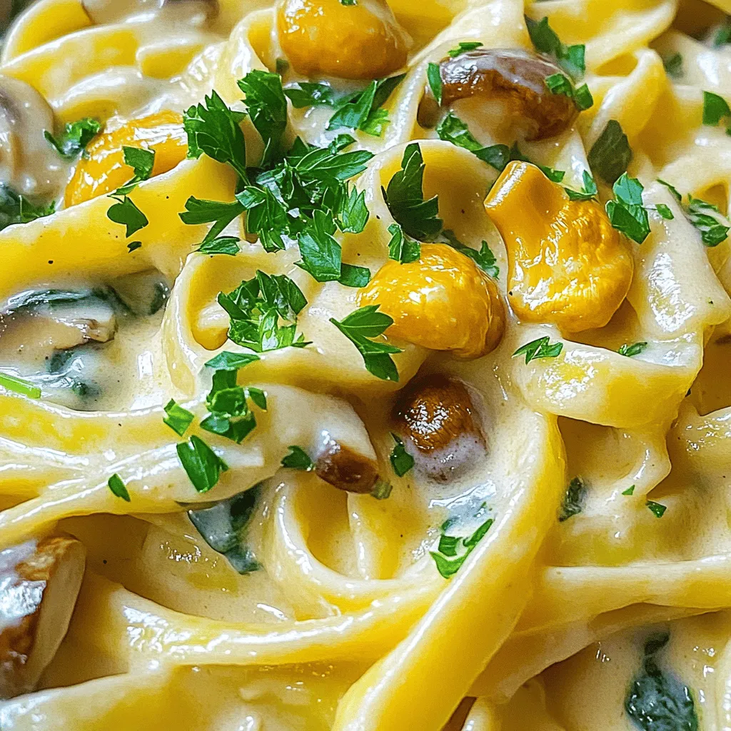 - 8 oz fettuccine or spaghetti - 2 tablespoons extra virgin olive oil - 1 small onion, finely diced - 2 cloves garlic, minced - 8 oz mushrooms (cremini or button), sliced - 4 cups fresh spinach, roughly chopped - 1 cup heavy cream - 1 cup freshly grated Parmesan cheese - Salt and freshly cracked black pepper to taste - 1 teaspoon Italian seasoning - Fresh parsley, finely chopped, for garnish You can add protein to your dish. Grilled chicken or shrimp works well. For a kick, try red pepper flakes. Have fun with herbs too! Fresh basil or thyme can bring new flavors. You can also swap the spinach for kale or arugula. This will add a different texture and taste. When you pick mushrooms, look for firm ones. They should be dry and not slimy. Fresh spinach should be vibrant green and crisp. Avoid any yellow or wilted leaves. For the onion, choose one that feels heavy for its size. It should have a firm skin and no dark spots. Always look for good quality Parmesan cheese. It should smell strong and have a rich color. Using fresh ingredients will give your pasta a great taste. Feel free to check the Full Recipe for more details on making this creamy delight! Start by boiling water in a large pot. Add salt to the water. Once it boils, add 8 oz of fettuccine or spaghetti. Cook it for about 8-10 minutes, until it's al dente. Before you drain the pasta, save about 1/2 cup of the cooking water. Drain the pasta and keep it warm in the pot. In a large skillet, pour in 2 tablespoons of extra virgin olive oil. Heat it on medium. Add 1 small diced onion and cook for about 3-4 minutes until soft. Then, add 2 minced garlic cloves and 8 oz of sliced mushrooms. Cook these for about 5-7 minutes. The mushrooms should turn golden and release their moisture. Now, lower the heat to medium-low. Pour in 1 cup of heavy cream. Stir it with the veggies in the skillet. Gradually add 1 cup of freshly grated Parmesan cheese. Keep stirring until the cheese melts and combines with the cream. This creates a rich and smooth sauce. Add the drained pasta to the skillet. Toss it gently, making sure the pasta gets coated in the creamy sauce. If the sauce is too thick, use the reserved pasta water to thin it out. Season your dish with salt, freshly cracked black pepper, and 1 teaspoon of Italian seasoning. Mix well to blend all the flavors. Spoon the creamy pasta into bowls. For a burst of color, sprinkle freshly chopped parsley on top. You can also add more Parmesan cheese and a drizzle of olive oil for extra flair. Enjoy your delightful meal! For the complete steps, check the Full Recipe. When making creamy Parmesan spinach mushroom pasta, avoid undercooking the pasta. If it is too firm, it won’t soak up the sauce well. Always taste it before draining. Another mistake is not letting the sauce simmer enough. This step allows the flavors to blend and deepen. Finally, don’t skip adding the pasta water. It helps your sauce stick better to the pasta. To boost the flavor, consider adding a pinch of nutmeg to the cream. This small touch adds warmth and depth. You can also try using different cheeses. A mix of Parmesan and Pecorino Romano gives a nice twist. Fresh herbs, like basil or thyme, can add brightness. Lastly, a squeeze of lemon juice before serving can brighten the dish. Using a large pot for boiling pasta helps prevent sticking. A non-stick skillet is best for sautéing the veggies and making the sauce. Invest in a good grater for the cheese, as freshly grated Parmesan melts better. Don't forget a pasta fork or tongs to toss the pasta with the sauce. These tools make your cooking smoother and more enjoyable. You can find the full recipe for this delicious dish to start cooking today! {{image_4}} You can easily boost the protein in your creamy pasta. Adding chicken is a great choice. Simply cook diced chicken breast in the skillet before adding the onion. You can also add shrimp. Cook them quickly in the skillet until they turn pink. Both options make the dish heartier and more filling. If you want a different taste, try using other veggies. Broccoli or zucchini can be great substitutes. Just chop them into small pieces and sauté them with the onion. You can also use bell peppers for a colorful twist. These options keep the meal fresh while adding more nutrients. You can make this dish lighter without losing flavor. Use whole wheat pasta instead of regular pasta. It has more fiber and nutrients. Another option is to swap the heavy cream for a lower-fat milk. Almond milk or cashew cream can work well too. These changes help cut calories while keeping the creamy texture. For more ideas and tips, check out the full recipe. Store your leftover creamy Parmesan spinach mushroom pasta in an airtight container. Make sure it cools down first. This will help keep it fresh. Leftovers can last in the fridge for up to three days. To reheat, you can use the microwave or stovetop. If using the microwave, place the pasta in a bowl. Add a splash of water or cream to help it stay moist. Heat in short bursts, stirring often. If using the stovetop, warm it in a skillet over low heat. Stir in a bit of cream or reserved pasta water to keep it creamy. Freezing is a great option if you want to save some for later. Store the pasta in a freezer-safe container. It can last up to three months in the freezer. When you’re ready to eat, thaw it overnight in the fridge. Reheat it as mentioned above. This way, you can enjoy a delightful meal any time! For the full recipe, check out the complete details. It takes about 30 minutes to make this dish. You can prep and cook it quickly. With a little skill, you will have a great meal in no time. Yes, you can use any pasta you like. Fettuccine and spaghetti are great choices. You can try penne or rotini for a fun twist. You can use milk or a dairy-free cream. Coconut cream works well for a rich taste. Just remember, the sauce may be less thick. This pasta pairs well with garlic bread or a fresh salad. A light soup also makes a nice starter. You can enjoy it with a glass of white wine too. To make it gluten-free, use gluten-free pasta. Many brands offer good options. Just cook it as you would regular pasta for the best results. 1. Cook the Pasta: Start by boiling salted water in a large pot. Add the fettuccine or spaghetti. Cook this for about 8-10 minutes until it is al dente. Remember to save about 1/2 cup of the pasta water before draining. 2. Sauté the Vegetables: Heat the olive oil in a large skillet over medium heat. Add the diced onion and cook for 3-4 minutes until it is soft. Then, add the minced garlic and sliced mushrooms. Cook for about 5-7 minutes until the mushrooms are golden brown. 3. Add Spinach: Toss in the chopped spinach. Mix it well with the onions and mushrooms. Cook for another 2-3 minutes until the spinach wilts down. 4. Make the Creamy Sauce: Lower the heat to medium-low. Pour in the heavy cream and stir. Gradually add the grated Parmesan cheese, stirring as you go. This will create a rich, smooth sauce. 5. Combine Pasta with Sauce: Add the drained pasta to the skillet. Toss everything together to coat the pasta in the sauce. If the sauce is too thick, add a bit of the reserved pasta water until you reach the right consistency. 6. Season to Perfection: Sprinkle in salt, freshly cracked black pepper, and Italian seasoning. Stir well to ensure the flavors mix evenly throughout the dish. 7. Serve with Style: Dish the pasta into bowls. Top with fresh parsley for a pop of color. For extra flair, add more Parmesan cheese and a drizzle of olive oil. This creamy Parmesan spinach mushroom pasta is not just a meal; it is a delightful experience filled with rich flavors and textures. Enjoy this dish any night of the week! In this blog post, we covered how to create a delicious Creamy Parmesan Spinach Mushroom Pasta. We discussed key ingredients, step-by-step cooking instructions, and tips for better flavor. I provided variations for proteins and lighter options, plus storage info for leftovers. Try this dish for a satisfying meal that suits your taste. You can customize it in many ways. Enjoy cooking!