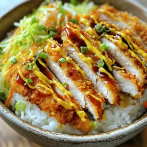 - 2 boneless chicken thighs or pork loin - 1 cup panko breadcrumbs - 1/2 cup all-purpose flour - Salt and pepper to taste - Vegetable oil for frying - 2 cups cooked jasmine rice - 1 cup shredded cabbage - 2 green onions, sliced - Pickled ginger for garnish - 1/4 cup tonkatsu sauce When making Japanese katsu bowls, the key is in the ingredients. Start with fresh boneless chicken thighs or pork loin. Both options taste great and cook well. I prefer using chicken for its juicy texture. Panko breadcrumbs give katsu its signature crispiness. They are light and airy, making the dish feel special. The all-purpose flour helps the breadcrumbs stick to the meat. Seasonings are simple but vital. Use salt and pepper to enhance the flavor of the meat. Vegetable oil is perfect for frying. It has a high smoke point, ensuring your katsu cooks evenly and crisps up nicely. Next, we need components for serving. Cook jasmine rice to serve as a warm base. The rice is soft and fluffy, making it a great match for the crunchy katsu. Shredded cabbage adds a fresh crunch that balances the meal. Slice green onions for an extra layer of flavor. Their sharpness pairs well with the rich tonkatsu sauce. Finally, don’t forget the pickled ginger! It offers a tangy contrast that brightens each bite. For the full recipe, check out the details above. Each ingredient plays a role in making this katsu bowl a delightful experience. To start, season the chicken thighs with salt and pepper. Make sure to coat both sides well. If you choose pork loin, use the same seasoning. Next, set up your dredging station. You need three bowls: one for all-purpose flour, one for beaten eggs, and one for panko breadcrumbs. This setup makes coating easy and quick. Now, we will coat the chicken. Take a piece of seasoned chicken and dip it in the flour. Shake off the extra flour. Next, dip it into the beaten eggs. Let any excess egg drip off. Finally, roll the chicken in the panko. Make sure it is fully covered. Repeat this for the second piece. For frying, heat enough vegetable oil in a skillet to cover the bottom by about 1/4 inch. Turn the heat to medium-high. Wait until the oil shimmers and reaches about 350°F (175°C). This temperature is perfect for frying. Carefully place the coated chicken into the hot oil. Fry each piece for about 5-7 minutes on one side. Then, flip it and cook for another 5-7 minutes. The chicken should be golden brown and crispy. Use a meat thermometer to check the inside temperature. It should reach 165°F (74°C) for safety. Once cooked, move the chicken to a plate lined with paper towels. This step helps absorb excess oil. After a few minutes, slice the chicken into strips. A sharp knife helps achieve clean cuts. Assemble your bowls by adding about 1 cup of warm jasmine rice to each serving bowl. Place the sliced chicken on top, then add a handful of shredded cabbage. Drizzle tonkatsu sauce generously over everything. Finally, add sliced green onions and a few pieces of pickled ginger for a delightful garnish. Enjoy your tasty creation! For the full recipe, see above. To get crispy katsu, start by using the right oil and temperature. I recommend vegetable oil, as it has a high smoke point. Heat the oil to about 350°F (175°C). This will give you that perfect golden crunch. Use a meat thermometer to ensure the oil is hot enough. If the oil is too cool, the katsu will soak up oil and become soggy. For a stunning bowl, layer your ingredients. Start with a base of warm jasmine rice. Then, add the sliced katsu on top. Next, pile on the shredded cabbage for color and crunch. Drizzle on the tonkatsu sauce for rich flavor. You can also sprinkle sesame seeds for extra texture. Garnish with green onions and pickled ginger. These touches make your dish look beautiful and appealing. You can use store-bought tonkatsu sauce for convenience. If you prefer, try making your own at home. Homemade sauce can have a fresher taste. Adjust the flavor based on your protein choice. For chicken, keep it simple with salt and pepper. If you use pork, you might want to add garlic powder or a touch of soy sauce for depth. This way, each bite is full of flavor! For the full recipe, check out the complete guide. {{image_4}} You can easily make a vegetarian katsu bowl. Substitute chicken with eggplant or tofu. Eggplant gives a nice meaty texture. Tofu absorbs flavors well, making it a great choice. For the tonkatsu sauce, use a plant-based option. You can swap soy sauce for tamari. This will keep the sauce tasty and vegan-friendly. If you're gluten-sensitive, you have options too. Use gluten-free flour and breadcrumbs. Brown rice flour works great for coating. For cooking, try baking or air frying. These methods reduce oil use while keeping the katsu crispy. To change up the flavor, add spices to the panko. Try garlic powder or paprika for a twist. Seasonal veggies also work well. Carrots or bell peppers can add color and crunch. Unique garnishes like sesame seeds or chopped herbs can enhance the dish. To keep your katsu bowls fresh, place them in an airtight container. Refrigerate them right after they cool down to room temperature. This helps to keep the flavors intact. You can store katsu for up to three days. Make sure to check for any signs of spoilage before eating. When reheating katsu, I want to maintain its crispy texture. The oven works best for this. Preheat your oven to 375°F (190°C). Place the katsu on a baking sheet and heat for about 10-15 minutes. If you use a microwave, the katsu may get soggy. If you must, use a microwave-safe plate and heat for 1-2 minutes. You can freeze katsu bowls for longer storage. First, freeze the chicken and rice separately. Place them in freezer bags and remove as much air as possible. They can last up to three months in the freezer. When ready to eat, thaw them in the fridge overnight. Reheat the chicken in the oven and warm the rice in the microwave. Enjoy your delicious meal like it was fresh! To make Japanese Katsu Bowls, you need about 20 minutes for prep and 20 minutes for cooking. In total, it takes around 40 minutes from start to finish. This quick time makes it perfect for a weeknight meal. Yes, you can prep Katsu Bowls ahead of time! You can cook the chicken and rice and store them separately in the fridge for up to three days. Just reheat them when you’re ready to eat. Keep the tonkatsu sauce and veggies fresh until serving to maintain their crunch. Many people make a few common mistakes when making Katsu. Here are tips to avoid them: - Skipping the seasoning: Always season the meat well. This step adds flavor. - Not using enough oil: Make sure there’s enough oil in the pan. This helps fry the chicken evenly. - Flipping too soon: Let the chicken cook fully before flipping it. This ensures a crispy crust. - Overcrowding the pan: Cook in batches if needed. This helps keep the temperature steady and the katsu crispy. These simple tips can help you make a perfect Katsu Bowl every time! For more details on making Katsu Bowls, check the Full Recipe. You can create tasty Japanese Katsu Bowls with ease. Starting with chicken or pork, you coat it in panko and fry it to crispy perfection. Pair it with rice, cabbage, and tonkatsu sauce for a delicious meal. With tips on frying, storage, and variations like vegetarian options, you can impress anyone. Don't shy away from trying new flavors or adjusting the recipe to suit your taste. Enjoy your cooking, and remember, practice makes perfect!