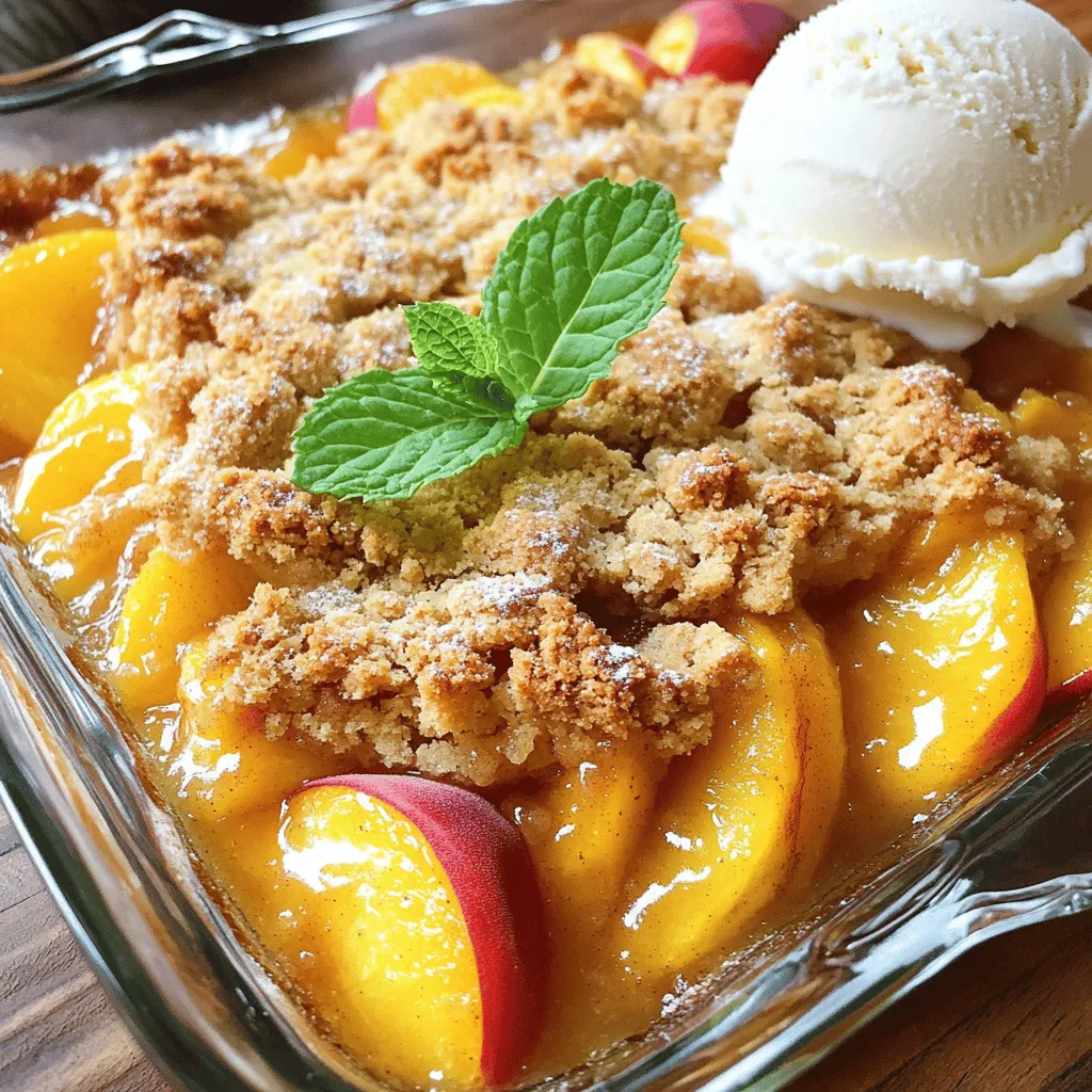 When making peach crisp, both fresh and canned peaches work well. Fresh peaches give a bright flavor and a nice texture. You can find them in summer at local markets. Choose ripe peaches that yield slightly when pressed. Canned peaches are convenient and save time. Look for those packed in juice, not syrup, for less sweetness. You can use either option, depending on what's available to you. Accurate measurement is key to a great peach crisp. Use a dry measuring cup for the oats, flour, and sugar. Spoon the ingredients into the cup and level it off with a knife. This method ensures you won’t have too much or too little. For the melted butter, a liquid measuring cup works best. Always double-check your measurements to keep your crisp balanced. Serving peach crisp is fun and easy! For a classic touch, add a scoop of vanilla ice cream on top. The cold ice cream melts into the warm crisp, creating a delicious contrast. You can also sprinkle some cinnamon on top for extra flavor. Fresh mint leaves add a nice pop of color and freshness. Enjoy your peach crisp warm for the best experience. Check out the Full Recipe for the complete guide! First, you need to preheat your oven. Set it to 350°F (175°C). This step is key. A hot oven helps cook the peaches and crisp topping perfectly. Next, prepare the peaches. If you use fresh peaches, slice them into thin pieces. If you choose canned peaches, drain the syrup first. In a large bowl, mix the peaches with 1/4 cup granulated sugar, 1 tablespoon lemon juice, and 1 teaspoon cinnamon. Stir gently until coated. Then, transfer this peach mixture to a greased 9x13 inch baking dish. Spread it evenly across the bottom. Now, let’s make the topping. In a new bowl, combine 1 cup rolled oats, 1/2 cup all-purpose flour, 1/3 cup brown sugar, 1/2 teaspoon baking powder, and 1/4 teaspoon salt. Mix these dry ingredients well. Then, add 1/2 cup melted butter. Stir using a fork or your hands until the mix is crumbly and well coated. Time to assemble! Sprinkle the crisp topping evenly over the peach mixture in the baking dish. Make sure all the peaches are covered. This helps create a nice crunchy layer on top of the soft peaches. Place the baking dish in the preheated oven. Bake for 30 to 35 minutes. Keep an eye on it. The topping should turn golden brown, and the peaches will bubble around the edges. This bubbling means they are tender. Once baked, take the dish out of the oven. Let it cool for about 10 minutes. This cooling time helps the flavors meld together. Serve warm, and if you like, add a scoop of vanilla ice cream on top. Enjoy every delicious bite of this Peach Paradise Crisp! For a full recipe, refer to the earlier section. To make the best peach crisp, choose ripe peaches. Look for peaches that are firm yet slightly soft. They should have a sweet aroma. If you use canned peaches, pick those in juice or water. Avoid syrup; it adds too much sugar. Drain them well before using. Not all peaches are the same sweetness. Taste the peaches first. If they are tart, add more sugar. Start with a small amount and mix well. You can always add more later. Remember, the topping will have sugar too, so balance is key. You can make peach crisp ahead of time. Prepare the filling and topping separately. Store them in the fridge for up to three days. You can also freeze the unbaked crisp. Wrap it well in plastic wrap and foil. When you are ready, bake it straight from the freezer. Just add a few extra minutes to the baking time. Enjoy your fresh dessert anytime! {{image_4}} You can switch up the peaches for other fruits. Berries, apples, or plums work well. Each fruit gives a new taste. For instance, blueberries add a burst of flavor. Apples bring a nice crunch. Mix and match to find your favorite combo. Nuts and seeds can add a nice crunch. Try adding chopped walnuts or pecans. They’ll give a rich taste to your crisp. Sunflower seeds or pumpkin seeds are great options too. Just sprinkle them on top of the crisp before baking for extra texture. If you need a gluten-free version, it’s easy! Use gluten-free flour instead of all-purpose flour. Oats can also be gluten-free. Just check the label to be sure. This way, everyone can enjoy the peach crisp without worry. For the full recipe, check out the Peach Paradise Crisp! To store leftover peach crisp, let it cool completely. Then, cover it tightly with plastic wrap or aluminum foil. You can also transfer it to an airtight container. This keeps it fresh for later. Store it in the fridge for quick access to your sweet treat. To reheat your peach crisp, preheat your oven to 350°F (175°C). Place the crisp in an oven-safe dish. Cover it with foil to prevent burning. Heat for about 15 to 20 minutes until it's warm throughout. You can also use a microwave. Heat in short bursts, checking to avoid overcooking. When stored properly, peach crisp lasts in the fridge for about 3 to 5 days. If you want to keep it longer, you can freeze it. Wrapped tightly, it can last up to 3 months in the freezer. Just remember to thaw it in the fridge before reheating. Enjoy the delightful flavors even days later! You can tell your peach crisp is done by looking for a golden brown topping. The peaches should bubble around the edges. This means they are soft and juicy. A good cooking time is 30 to 35 minutes in a 350°F oven. Yes, you can use frozen peaches! Just make sure to thaw them first and drain any excess water. This keeps your peach crisp from getting too soggy. Frozen peaches are great when fresh ones are not in season. The best way to reheat peach crisp is in the oven. Preheat the oven to 350°F and bake for about 10-15 minutes. You can also microwave it for a quick option, but the oven keeps the topping crispy. Yes, you can use other sweeteners! Honey, maple syrup, or agave work well. Just keep in mind that each sweetener has a different strength, so adjust the amount to taste. Peach crisp is best served warm. The warmth enhances the flavors and makes the ice cream melt just right. Enjoy it fresh out of the oven for a cozy treat! For the full recipe, check out Peach Paradise Crisp. This blog post covered everything you need for a great peach crisp. We compared fresh and canned peaches and explored ways to adjust sweetness. You learned step-by-step instructions for making it, from preheating the oven to serving it right. I also shared tips for choosing the best peaches and ways to store leftovers. Lastly, variations let you try different fruits or make it gluten-free. With this guide, you can create a delicious dessert your family will love. Enjoy making your peach crisp!