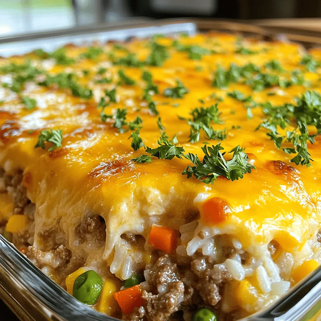 - 1 lb ground beef - 1 cup uncooked white rice - 2 cups beef broth - 1 packet ranch seasoning mix - 1 cup shredded cheddar cheese - 1 cup frozen mixed vegetables (peas, carrots, and corn) - 1 small onion, diced - 2 cloves garlic, minced - 2 tablespoons olive oil - Salt and pepper to taste - Fresh parsley, chopped (for garnish) - Alternative Protein Options: You can use ground turkey or chicken instead of beef. These options are leaner and still tasty. - Gluten-Free Rice Choices: If you need gluten-free, use brown rice or jasmine rice. Just adjust cooking times for different types. - Dairy-Free Cheese Suggestions: Use plant-based cheese for a dairy-free option. It melts well and keeps the dish cheesy. These ingredients make a simple and delicious meal. You’ll enjoy how easy it is to prepare. For the full recipe, check the earlier section! - Preheat Oven and Prepare Skillet Start by preheating your oven to 350°F (175°C). This helps the casserole cook evenly. While the oven heats, get your large skillet ready. - Sauté Onion and Garlic In your skillet, heat two tablespoons of olive oil over medium heat. Add one small diced onion. Cook for about 3-4 minutes until the onion is soft and clear. Next, add two minced garlic cloves. Cook for another 1-2 minutes until it smells great. - Brown the Ground Beef Now, add one pound of ground beef to the skillet. Use a spoon to break it up into small pieces. Cook it for about 5-7 minutes until it is brown and no longer pink. If there is too much fat, carefully drain it. - Combine Ingredients and Cook Stir in one packet of ranch seasoning mix, one cup of uncooked white rice, and two cups of beef broth. Turn up the heat until it gently boils. Cover the skillet and lower the heat. Let it cook for about 15 minutes until the rice is soft and most of the broth is gone. When almost done, mix in one cup of frozen mixed vegetables and half of the shredded cheddar cheese. Add salt and pepper to taste. - Transfer to Casserole Dish Carefully spoon the beef and rice mixture into a greased 9x13 inch casserole dish. Spread it out evenly. Top with the rest of the cheddar cheese. - Bake and Finish Place the dish in your preheated oven. Bake for 25-30 minutes until the cheese is melted and golden. Once baked, let it cool for a few minutes. Garnish with fresh chopped parsley for a nice touch. You can find the Full Recipe at the beginning of this article. - Ensuring Perfectly Cooked Rice To get fluffy rice, rinse it first. This removes excess starch. Use equal parts rice and broth. Cook it gently. Do not stir it too much while cooking. - Avoiding a Dried-Out Casserole Keep the lid on while cooking the rice. This traps steam and moisture. If your casserole seems dry, add a splash of broth before baking. - Complementary Side Dishes A crisp green salad pairs well. Garlic bread adds a nice touch. Both sides balance the rich flavors of the casserole. - Garnishing for Presentation Fresh parsley looks great on top. It adds color and freshness. You can also sprinkle a bit of extra cheese for a cheesy touch. For the full recipe, visit the section above. {{image_4}} You can change the taste of your casserole easily. Adding different vegetables can make this dish exciting. Try bell peppers, mushrooms, or zucchini. These veggies add color and texture. They also boost nutrition. Just chop them up and mix them in with the ground beef. If you want some heat, spice level adjustments are a smart move. Toss in a pinch of red pepper flakes or diced jalapeños. Start small. You can always add more if you like it hot. This will give your casserole a fun kick. For those who prefer vegetarian options, you can swap the ground beef. Use lentils or black beans instead. They add protein and flavor. Just cook them until tender and mix them into the rice. You can also use extra veggies for a hearty dish. If you're on a low-carb diet, consider a low-carb adaptation. Replace rice with cauliflower rice. It cooks fast and absorbs flavors well. You can also add more cheese for creaminess. This keeps the casserole tasty while cutting carbs. For the full recipe, check out the link provided. To keep your cheesy ranch ground beef and rice casserole fresh, follow these tips: - Best Practices for Refrigeration: Let the casserole cool for about 30 minutes at room temperature. Once cooled, transfer it to an airtight container. This helps keep the flavors intact. Store it in the fridge for up to 3-4 days. - Freezing for Future Meals: If you want to save it for later, freezing works well. Cut the casserole into portions and wrap each piece tightly in plastic wrap. Place them in a freezer-safe container or bag. This will last up to 2-3 months in the freezer. When you’re ready to enjoy your leftovers again, here’s how to reheat them: - Microwave vs. Oven Methods: For quick reheating, the microwave is great. Place a portion on a microwave-safe plate, cover it with a damp paper towel, and heat for 1-2 minutes. If you prefer the oven, preheat it to 350°F (175°C). Cover the casserole with foil and heat for about 20-25 minutes. - Maintaining Texture and Flavor: To keep the casserole moist, add a splash of beef broth when reheating. This helps restore the creamy texture and enhances the flavor. Enjoy your delicious cheesy ranch ground beef and rice casserole again! Can I make Cheesy Ranch Ground Beef and Rice Casserole ahead of time? Yes, you can prepare this dish in advance. Cook the casserole as directed, then cool it completely. Cover it and store it in the fridge for up to two days. When ready to eat, simply reheat it in the oven until hot. This makes it great for busy nights! What can I substitute if I don't have ranch seasoning? If you lack ranch seasoning, mix your own using herbs. Combine dried dill, onion powder, garlic powder, and parsley for a tasty alternative. You can also try using a packet of Italian dressing mix for a different flavor twist. How do I know when the casserole is done baking? You’ll know the casserole is done when the cheese is melted and bubbly. It should also be lightly golden on top. Use a fork to check if the rice is tender. If it’s soft, your casserole is ready to serve! This blog post covered a tasty Cheesy Ranch Ground Beef and Rice Casserole. We looked at key ingredients, cooking steps, and tips to make it great. You learned about ingredient swaps for dietary needs and how to store leftovers properly. Remember, this dish is flexible, and you can add your twist with spices or veggies. Enjoy your cooking and make this dish your own!