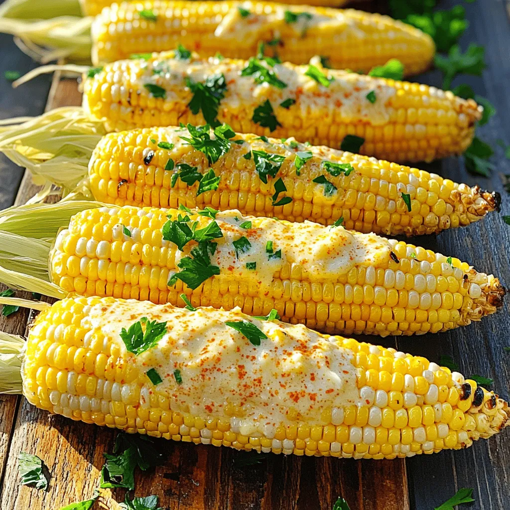 To make garlic butter grilled corn, you need a few simple ingredients. Here’s what you will need: - 4 fresh ears of corn, husked - 1/2 cup unsalted butter, softened to room temperature - 4 cloves of garlic, finely minced - 2 tablespoons fresh parsley, finely chopped - 1 tablespoon freshly squeezed lemon juice - 1/2 teaspoon smoked paprika for a unique flavor - Sea salt and freshly cracked black pepper to taste - Shaved Parmesan cheese, for garnish (optional) These ingredients work together to create a rich, flavorful dish. The fresh corn brings sweetness, while the garlic butter adds a savory touch. The lemon juice brightens everything up, and smoked paprika gives a warm depth. If you want to elevate the dish, the optional Parmesan cheese adds a nice, cheesy finish. For the full recipe, check out Garlic Butter Grilled Corn with a Twist. - Preheat the Grill Start by heating your grill to medium-high. Clean the grates well for even cooking. - Prepare the Garlic Butter Mixture In a bowl, mix together softened butter, minced garlic, chopped parsley, lemon juice, smoked paprika, salt, and black pepper. Stir until smooth and fragrant. - Coat the Corn Take fresh corn and brush the garlic butter mixture over each ear. Make sure every side gets a good coat for the best flavor. - Wrap the Corn in Foil Wrap each corn ear tightly in aluminum foil. This keeps moisture and flavor locked inside while grilling. - Grill the Corn Place the wrapped corn on the grill. Grill for 15 to 20 minutes, turning them with tongs. You want them tender and aromatic. - Unwrap and Serve Carefully unwrap each ear of corn, watching out for hot steam. For an extra flavor burst, brush on more garlic butter. Enjoy your garlic butter grilled corn with a sprinkle of shaved Parmesan if you like. This dish shines at summer barbecues! For the complete recipe, check out the [Full Recipe]. Proper Butter Coating Techniques To make your corn burst with flavor, coat it well with garlic butter. After mixing the butter, garlic, and spices, use a brush to spread the mixture on all sides of the corn. Don’t rush this step; a good layer ensures every bite is tasty. The garlic butter should be thick enough to stay on the corn but not so thick that it drips off. Make sure to cover the ends too. This helps lock in moisture and flavor while it grills. Grilling Time Adjustments The grilling time can change based on the heat of your grill and the size of the corn. Cook the corn for about 15 to 20 minutes. Rotate it every few minutes to cook evenly. Test for doneness by piercing a kernel with a fork. If it’s soft, you are ready to unwrap and serve. If not, give it a few more minutes. This small adjustment can make a big difference in your dish. Serving Suggestions Serve the grilled corn on a rustic wooden board for a fresh look. You can also place it on a pretty platter. This makes your summer meal feel special. If you are hosting, consider adding lemon wedges on the side. They give a bright touch and extra flavor when squeezed over the corn. Garnishing with Parmesan Cheese Adding shaved Parmesan cheese right before serving gives your corn a nice finish. It adds a rich flavor that pairs well with the garlic butter. Simply sprinkle the cheese over the hot corn after unwrapping it. The heat from the corn will slightly melt the cheese, making each bite even more delicious. This simple step transforms your dish from good to great. For a complete guide on making this dish, check the Full Recipe. {{image_4}} For a fun twist, try adding some spice to your garlic butter. You can mix in red pepper flakes or hot sauce. This spicy garlic butter gives your corn a kick. Just stir in your favorite heat source. It pairs well with the sweet corn flavor. Another idea is to make herb-infused garlic butter. You can add fresh herbs like thyme, rosemary, or basil. These herbs brighten the dish and add layers of flavor. Just chop the herbs finely and mix them in with the garlic butter. If you don’t have a grill, you can roast the corn in the oven. Preheat your oven to 400°F (200°C). Wrap the corn in foil like you would for the grill. Place it on a baking sheet and roast for about 25 minutes. This method keeps the corn moist and flavorful. You can also boil the corn. Bring a large pot of water to a boil. Add the husked corn and cook for 5-7 minutes. After boiling, brush on the garlic butter while the corn is hot. This method is quick and easy, perfect for busy days. For more details, you can refer to the Full Recipe. To keep your garlic butter grilled corn fresh, follow these steps: - Proper Refrigeration Techniques: Let the corn cool down first. Then, wrap each ear in plastic wrap or foil. Place the wrapped corn in an airtight container. Store it in the fridge. It will stay good for up to three days. - Freezing Options: If you want to keep it longer, freezing is a great choice. Husk the corn and cut it off the cob for easy storage. Place the kernels in a freezer-safe bag. Remove as much air as possible. The corn can last for up to six months in the freezer. To enjoy your leftover corn again, here are the best methods: - Best Methods for Reheating Corn: The grill is great for reheating. Wrap the corn in foil and place it on medium heat for about 10 minutes. Alternatively, you can use the microwave. Place the corn on a plate, cover it with a damp paper towel, and heat for two to three minutes. Both methods will bring back the delicious flavors of your garlic butter grilled corn. How long should I grill the corn? You should grill the corn for about 15 to 20 minutes. It’s best to turn the corn occasionally. This way, every side cooks evenly and gets that nice char. Can I use frozen corn for this recipe? Using frozen corn is not ideal for grilling. Fresh corn gives the best flavor and texture. However, if you must use frozen, cook it first and then grill for a few minutes to add some char. What are some good side dishes to pair with garlic butter grilled corn? Garlic butter grilled corn pairs well with many dishes. Try it with grilled chicken, burgers, or fish. A fresh salad also complements it nicely. How to adjust the recipe for vegan options? To make it vegan, swap butter for a plant-based option. You can use vegan butter or olive oil. The rest of the recipe stays the same, and it will still taste great! What should I do if I don’t have smoked paprika? If you don’t have smoked paprika, you can use regular paprika. This will still give the corn a nice color. If you want a smoky flavor, add a bit of liquid smoke or cayenne pepper instead. For more details, check out the Full Recipe. This blog post shared the steps to make garlic butter grilled corn. You learned about the key ingredients, like fresh corn and herbs. I also walked you through preparation, grilling, and serving. Tips on flavor and presentation can enhance your dish. Plus, I covered variations and storage methods. Cooking is fun and simple. So try these tips, and enjoy your tasty corn!