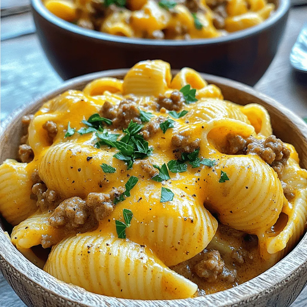 Here’s what you need for Creamy Beef and Shells: - 1 pound ground beef - 8 ounces shell pasta - 1 medium onion, finely diced - 2 cloves garlic, minced - 1 cup beef broth - 1 cup heavy cream - 1 cup shredded sharp cheddar cheese - 1 teaspoon Italian seasoning - Salt and freshly cracked black pepper to taste - Fresh parsley, chopped, for garnishing Each ingredient plays a key role in this dish. The ground beef gives a savory base, while the shell pasta adds a fun shape and texture. Onions and garlic bring a fresh, aromatic touch. The beef broth adds depth, and heavy cream makes it rich and creamy. Cheddar cheese melts in to create that luscious sauce we all love. Italian seasoning ties everything together with warm flavors. Salt and pepper enhance all the tastes, while parsley gives a touch of color and freshness. You can find the full recipe for detailed cooking steps. - Begin by cooking the shell pasta according to the package instructions. Aim for al dente texture. - Once cooked, drain the pasta and set it aside. - In the same pot, over medium heat, add the ground beef. - Use a spatula to break it into smaller pieces. Cook for about 5-7 minutes until well browned. - Next, add the diced onion and minced garlic to the pot. Stir them into the beef and cook for an additional 3-4 minutes until the onion is soft and aromatic. - Carefully pour the beef broth into the pot. Bring the mixture to a gentle simmer. Let it simmer for about 3 minutes to reduce slightly. - Lower the heat to medium-low, then stir in the heavy cream and Italian seasoning. Mix well for a smooth blend. - Gradually add in the shredded cheddar cheese. Stir continuously until it melts completely and the sauce is creamy. - Gently fold the cooked shell pasta into the creamy beef mixture. Ensure each shell is well-coated with the sauce. - Remove the pot from heat and allow it to rest for a couple of minutes. This helps the dish thicken slightly. For the Full Recipe, check out the detailed instructions above, and let your kitchen become a hub of delicious smells and flavors! To get the best flavor, adjust your seasonings. Taste the dish as you cook. Add salt and pepper bit by bit. Remember, you can always add more, but it’s hard to take it out. For a creamy consistency, keep the heat low when adding the cream and cheese. Stir well to mix them in fully. If the sauce seems too thick, add a splash of beef broth or cream. This helps keep it smooth and easy to coat the pasta. When serving, use shallow bowls. This makes the dish look nice and inviting. A sprinkle of fresh parsley adds a pop of color. You can also add extra cheddar cheese on top for extra flavor. For a more complete meal, serve with crusty bread. This bread is great for scooping up any leftover sauce. One common mistake is overcooking the beef. Cook it just until browned, then add your onions and garlic. This keeps the beef tender. Another mistake is not cooking the pasta enough. Always aim for al dente. This way, the pasta holds its shape and texture when mixed with the creamy sauce. Follow the cooking times on the package for best results. {{image_4}} You can change the meat in this dish easily. Ground turkey or chicken works well. These options make the meal lighter. If you want dairy-free, try coconut cream instead of heavy cream. Nutritional yeast adds a cheesy flavor without dairy. Adding veggies boosts flavor and nutrition. Spinach is great for color and taste. Bell peppers add sweetness and crunch. You can also spice things up! Red pepper flakes give a nice kick. Smoked paprika adds a warm, smoky flavor. Experiment with these swaps and enhancements to make this creamy beef and shells your own! For the full recipe, check out the detailed steps above. To keep your creamy beef and shells fresh, use airtight containers. Glass or plastic containers work well. Store leftovers in the fridge for up to three days. Make sure the dish cools before sealing it. This step helps keep the food safe and tasty. When reheating, the best method is on the stove. Use medium heat and stir often. If the dish seems dry, add a splash of beef broth or cream. This will bring back the creamy texture. You can also use a microwave. Just cover the dish and heat in short bursts to avoid overcooking. Adjust the consistency as needed with added liquids from the fridge or pantry. Enjoy your meal just like when it was fresh! Creamy Beef and Shells can last for about 3 to 4 days in the fridge. To keep it fresh, store it in an airtight container. This helps prevent moisture from getting in. When you want to reheat, make sure it's heated through. Stir it well to mix the sauce and pasta evenly. Yes, you can freeze Creamy Beef and Shells! To do this, let the dish cool completely first. Then, place it in a freezer-safe container. Make sure to leave some space at the top for expansion. It will stay good for about 2 to 3 months in the freezer. When you're ready to eat, thaw it overnight in the fridge. Reheat on the stove over low heat, adding a splash of beef broth for creaminess. Creamy Beef and Shells pairs well with many sides. You can serve it with garlic bread for a crunchy bite. A simple green salad adds freshness. For a veggie boost, steamed broccoli or roasted asparagus work great too. If you like it spicy, a side of pickled jalapeños can add a fun kick. This blog post covered a tasty dish: Creamy Beef and Shells. We started with the key ingredients and then moved on to preparation steps, creating a rich sauce, and combining everything. I shared tips for texture and presentation while highlighting common mistakes to avoid. You can also make variations with different meats and veggies. To store and reheat your leftovers, I provided helpful guidelines. Enjoy making this comforting meal, and feel free to get creative with your own twists!