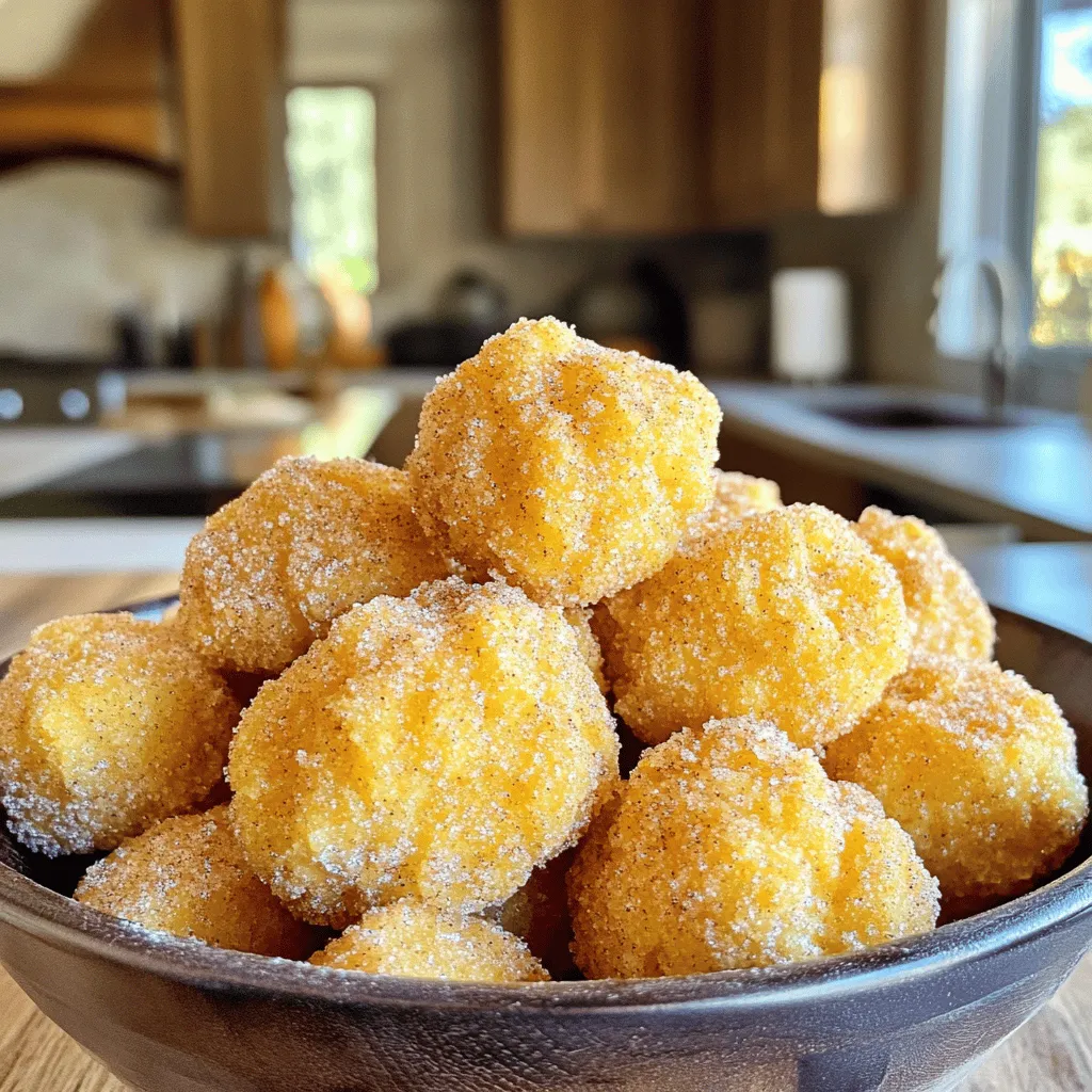 To make Fluffy Air Fryer Churro Bites, you need a few key ingredients. Here’s the list: - 1 cup all-purpose flour - 1/4 cup granulated sugar (for the dough) - 1 teaspoon baking powder - 1/4 teaspoon fine salt - 1/2 cup water - 2 tablespoons unsalted butter, melted - 1 teaspoon pure vanilla extract - 1/2 cup granulated sugar (for coating) - 1 teaspoon ground cinnamon These ingredients create a soft dough that turns fluffy and golden in the air fryer. You can add extra flavors to your churro bites if you want. Here are some fun ideas: - A pinch of nutmeg for warmth - Lemon or orange zest for a fresh twist - A splash of almond extract for a nutty flavor Feel free to mix and match these options to make your churros unique! If you have dietary needs, you can easily adjust this recipe. Here are some great swaps: - Use gluten-free all-purpose flour for a gluten-free version. - Substitute coconut oil for butter to make it dairy-free. - Choose a sugar alternative like stevia or monk fruit for low-sugar options. These substitutions keep the taste delicious while meeting your dietary needs. For the full recipe, check out the details above! To start, gather your ingredients. You need flour, sugar, baking powder, salt, water, melted butter, and vanilla. In a big bowl, mix the flour, 1/4 cup sugar, baking powder, and salt. Whisk it well until there are no lumps. In another bowl, mix water, melted butter, and vanilla. Slowly pour this mix into the flour mix. Stir until a soft dough forms. It should not stick to your hands. Next, put the dough in a piping bag with a star tip for that nice churro shape. Preheat your air fryer to 375°F (190°C). This takes about 5 minutes. Preheating helps the churros cook evenly. While it warms up, prepare your air fryer basket. Line it with parchment paper for easy cleanup later. This step makes a big difference in keeping your churro bites from sticking. Once the air fryer is ready, squeeze out small pieces of dough. Each piece should be about 1 inch long and spaced apart. This prevents them from sticking together. Air fry the churro bites at 375°F (190°C) for 8-10 minutes. Halfway through, flip them to get both sides crispy and golden. Keep an eye on them; you want that perfect color. While the churro bites cook, mix the remaining 1/2 cup sugar with ground cinnamon in a shallow bowl. This blend gives your churros a sweet finish. When the churro bites are done, take them out of the air fryer. Toss them in the cinnamon-sugar mix right away. Make sure they are fully coated. The warm churros soak up the sugar well, making them even more delicious. For the full recipe, check the details provided earlier. Enjoy your fluffy churro bites warm, and savor their delightful taste! Prep time, cook time, and total time Making Fluffy Air Fryer Churro Bites is quick and fun. You will need about 10 minutes to prep the dough. The cooking time is around 8 to 10 minutes. In total, you can enjoy these tasty bites in just 20 minutes. Recommended servings for sharing This recipe makes about 4 to 6 servings. It’s perfect for sharing with family or friends. If you have a gathering, these churro bites will be a hit! Portion sizes for different occasions For a dessert party, consider serving 2 to 3 churro bites per person. This amount lets everyone enjoy without overdoing it. For movie nights, you might want to double that. Everyone loves a sweet snack while watching films! {{image_4}} To make your churro bites fluffy, focus on your dough. Mix the flour, sugar, baking powder, and salt well. Use warm water to help the dough rise. When you pipe them, keep the pieces small. This helps them cook evenly and become fluffy. One common mistake is using cold water. Always use warm water for the dough. Another mistake is overcrowding the air fryer. Give each churro bite space to puff up. Lastly, don’t skip flipping them halfway. This step ensures even cooking and a crispy outside. Serve your churro bites warm for the best taste. Use a decorative bowl to display them. Dust with extra cinnamon sugar for a nice touch. You can also add a dipping sauce. A warm chocolate or caramel sauce pairs perfectly. This makes your treat even more special and fun! You can get creative with churro bites! Want chocolate churros? Simply mix cocoa powder into the dough. Use about 2 tablespoons of cocoa for a rich flavor. If you crave something unique, try matcha. Add 1 tablespoon of matcha powder to the flour for a green twist. You can also experiment with spices like nutmeg or cardamom for a warm, fragrant touch. Churro bites can fit many diets. For gluten-free versions, swap all-purpose flour with a gluten-free blend. Make sure it has xanthan gum for the best texture. If you prefer vegan churros, use plant-based butter and substitute water with almond or oat milk. These swaps keep the churros tasty and fluffy while catering to dietary needs. These churro bites shine on their own, but pairing them makes them even better! Serve them warm with a rich chocolate sauce or creamy caramel for dipping. A scoop of vanilla ice cream next to the churros adds a delightful contrast in temperature and texture. For a fun twist, try adding fresh fruit on the side, like strawberries or bananas. For the complete recipe, check out the Full Recipe section. You can store leftover churro bites in an airtight container. Keep them at room temperature for 1-2 days. For longer storage, place them in the fridge for up to a week. If you want to keep them fresh longer, freeze them. Just make sure they are in a freezer-safe bag. When you're ready to eat them, thaw before reheating. Yes, you can reheat churro bites in the air fryer. Set the air fryer to 350°F (175°C). Place the churro bites in the basket in a single layer. Heat them for about 3-5 minutes. This method keeps them crispy and warm. Make sure not to overcrowd the basket for even heating. If your churro bites are too dry, it may be due to overcooking. Keep an eye on the cooking time next time. You can also brush them with melted butter after frying. This adds moisture and flavor. To fix dry churros, serve them with a warm dipping sauce for extra moisture. To make a simple dipping sauce, melt some chocolate or caramel. For chocolate, heat chocolate chips in the microwave, stirring until smooth. For caramel, warm store-bought caramel sauce in a saucepan. You can also mix cream cheese with powdered sugar for a sweet cream dip. You can find the full recipe for Fluffy Air Fryer Churro Bites in the recipe section above. It includes all the ingredients and steps to make these delicious treats. Fluffy Air Fryer Churro Bites are a delicious treat made with simple ingredients. You learned about the key steps, how to customize the recipe, and avoid common errors. Cooking these bites involves careful prep and timing for the best results. Remember to explore flavor variations and share them with friends. Try storing leftovers properly to keep them fresh. With these tips, you can make the perfect churro bites whenever you want! Enjoy your cooking adventure!