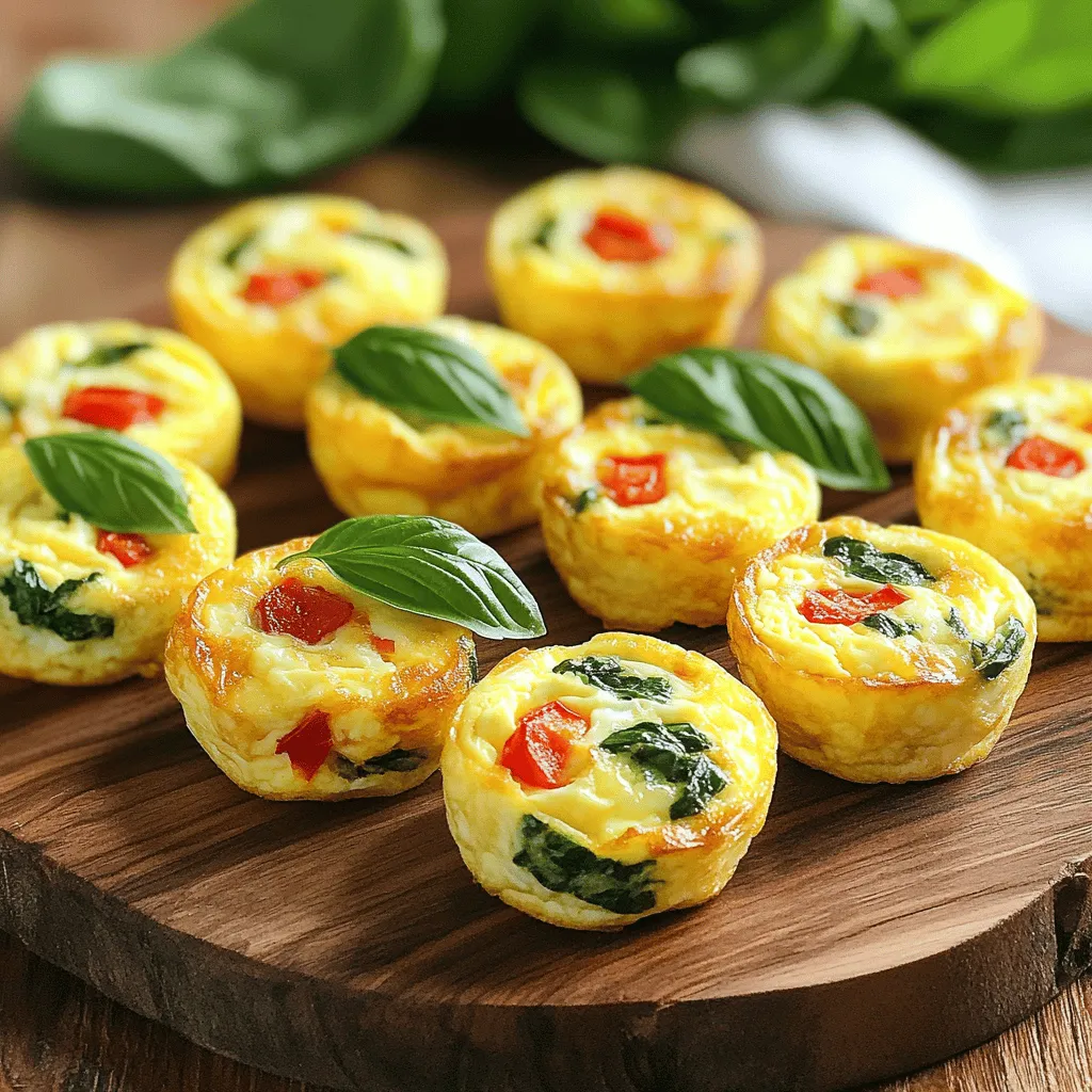 - 6 large eggs - 1 cup cottage cheese - 1/2 cup shredded mozzarella cheese - 1/2 cup fresh spinach, chopped - 1/4 cup roasted red peppers, diced - 1/4 teaspoon garlic powder - 1/4 teaspoon onion powder - Salt and freshly ground black pepper, to taste - Cooking spray or olive oil, for greasing These ingredients come together to create a tasty and filling breakfast. The eggs provide a great source of protein. Cottage cheese adds creaminess and extra protein. The mozzarella gives a nice stretch and flavor. Spinach brings in vitamins and a lovely green color. Roasted red peppers add sweetness and a pop of flavor. Garlic and onion powders give a savory touch. Using cooking spray or olive oil helps keep the egg bites from sticking. This simple list makes it easy to whip up a batch of Copycat Starbucks Egg Bites. Each serving offers about 90 calories, 7 grams of protein, 5 grams of fat, and 4 grams of carbs. These bites are low in carbs, making them a great choice for a light breakfast. Cottage cheese is a star in this recipe. It is rich in protein and calcium. Spinach adds fiber and iron, making this dish not just tasty, but also healthy. Eating these egg bites can help you feel full longer, supporting your energy throughout the day. 1. First, preheat your oven to 325°F (165°C). This helps the egg bites cook evenly. 2. In a powerful blender, mix the eggs, cottage cheese, shredded mozzarella, garlic powder, onion powder, salt, and black pepper. Blend until smooth. 1. Next, grease your muffin tin with cooking spray or olive oil. This stops the bites from sticking. 2. Pour the egg mixture into each muffin cup, filling them about 3/4 full. This gives them room to rise. 3. Bake for 25-30 minutes. Check if the bites are done by ensuring they are set in the center. They should look a bit golden on top. 1. Allow the muffin tin to cool for about 5 minutes after baking. 2. Gently loosen the edges of the egg bites and remove them from the tin. 3. Serve warm for breakfast or brunch. You can also store leftovers in an airtight container for quick meals later. For a fun touch, arrange the egg bites on a platter and add fresh herbs as a garnish. You can serve them with fruit or a light salad for a complete meal. Enjoy your delicious Copycat Starbucks Egg Bites! For the Full Recipe, check the instructions above. To get a smooth mixture, blend the eggs and cottage cheese well. Use a powerful blender to mix until you see no lumps. This step is key for creamy egg bites. After baking, let them cool for about five minutes. This cooling time helps them set and come out easily from the muffin tin. You can spice up your egg bites with herbs like parsley or chives. A pinch of smoked paprika adds a nice kick. If you want to mix it up, try different cheeses. Cheddar or feta can give your bites a unique taste. Each cheese brings its own flavor, so feel free to experiment. The best muffin tin to use is a silicone one. It makes it easy to pop out the egg bites. If you don’t have a muffin tin, ramekins work well too. Just grease them well to prevent sticking. Using these tools will help you create perfect egg bites every time. {{image_4}} You can easily mix up the flavors of your egg bites. Adding bacon or sausage bits makes them savory and hearty. Just cook the meat first, chop it, and stir it into the egg mixture. For a lighter option, go vegetarian. Add colorful veggies like bell peppers, mushrooms, or cherry tomatoes. They add taste and nutrition. Some may need to change the recipe for health reasons. For a gluten-free version, use gluten-free cheese or check labels on all ingredients. If you want a lactose-free option, swap cottage cheese with a non-dairy alternative. Almond or soy yogurt works well. Egg bites are very versatile. You can turn them into breakfast sandwiches. Just place a bite between two slices of whole grain bread or an English muffin. For a special brunch, add them to a buffet. Pair them with fresh fruit or a light salad to make a full meal. You can serve them warm or at room temperature, making them easy to enjoy. To store leftover egg bites, let them cool completely. Place them in an airtight container. This keeps them fresh and tasty. I recommend using glass or BPA-free plastic containers. They seal well and help avoid spills. You can stack them, saving space in your fridge. If you want to freeze egg bites, cool them first. Then, wrap each egg bite in plastic wrap. Next, place them in a freezer-safe bag. Squeeze out as much air as you can. This helps prevent freezer burn. To reheat frozen egg bites, remove them from the bag. Microwave them for about 30 to 60 seconds. You can also bake them at 350°F (175°C) for 10-15 minutes. In the fridge, egg bites last about 4-5 days. Always check for signs of spoilage. Look for changes in color or smell. If they seem off, it’s best to toss them. Keeping track of how long they’ve been stored helps you enjoy them at their best. To make these egg bites, start by preheating your oven to 325°F (165°C). Blend together six large eggs, one cup of cottage cheese, and half a cup of shredded mozzarella. Add garlic powder, onion powder, salt, and black pepper to taste. Mix in chopped spinach and diced red peppers. Grease a muffin tin with cooking spray or olive oil. Pour the egg mixture into the cups, filling them about three-quarters full. Bake for 25-30 minutes until set. Let them cool slightly before removing. Enjoy your delicious Copycat Starbucks Egg Bites! Yes, you can customize your egg bites! Feel free to swap out the mozzarella for another cheese like cheddar or feta. You can add cooked bacon, sausage, or other veggies like mushrooms or bell peppers. If you want a creamier texture, try adding a splash of milk or cream. This recipe is versatile, so have fun making it your own! Egg bites typically last about four to five days in the fridge. Store them in an airtight container to keep them fresh. For best taste, eat them within the first few days. Always check for any signs of spoilage before eating leftovers. These egg bites are easy to make with simple ingredients like eggs, cottage cheese, and spinach. You now know how to prepare, bake, and store them, plus add flavors. Don’t forget the tips and tricks for the best texture and taste. These bites fit various diets and are perfect for any meal. Enjoy making them your own, and share your creations! They are a fun, healthy option that everyone will love. Let your kitchen be the place for delicious experiments.