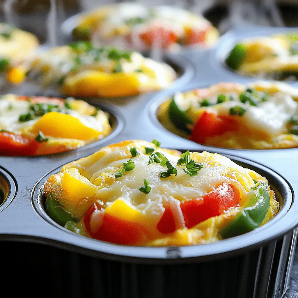 To create the perfect mini breakfast omelets, you need simple and fresh ingredients. Here’s a list of what you’ll need: - 6 large eggs - 1/4 cup milk - 1/2 cup bell peppers, finely chopped (a mix of red, green, and yellow) - 1/4 cup red onion, finely chopped - 1/2 cup spinach, chopped - 1/2 cup shredded cheese (cheddar or mozzarella) - 1/4 cup cooked and crumbled turkey sausage or plant-based sausage - Salt and pepper to taste - Fresh herbs (like chives or parsley) for garnish These ingredients work together to create a tasty and colorful dish. The eggs and milk form a light base. The vegetables add crunch and flavor, while the cheese gives a creamy texture. You can customize the mix to your liking. If you’re curious about more details, you can check the full recipe. Enjoying these mini omelets is easy and fun! First, preheat your oven to 350°F (175°C). This step is key for even cooking. While the oven heats, grab your muffin tin and grease it well. You can use cooking spray or a little butter. This will help the omelets come out easily later. Next, crack 6 large eggs into a big bowl. Add 1/4 cup of milk. Whisk them together until they blend well. Season with salt and pepper to taste. Now it’s time to add in your chopped veggies. Use 1/2 cup of bell peppers, 1/4 cup of red onion, and 1/2 cup of spinach. For extra flavor, mix in 1/2 cup of cheese and 1/4 cup of cooked turkey sausage or a plant-based option. Stir everything until it’s well combined. Carefully pour the egg mixture into each muffin tin cup. Fill them about 3/4 full. This will give them room to rise without spilling over. Place the muffin tin in your preheated oven. Bake for 18 to 20 minutes. Keep an eye on them. When they puff up and look set, they are almost done. To check if they are ready, take a toothpick and poke the center of an omelet. If it comes out clean, they are done. If not, give them a few more minutes. Once baked, take the muffin tin out of the oven. Let it cool for a minute. Use a butter knife to gently loosen the edges. Then, lift out the mini omelets. Serve warm and enjoy your tasty creation! For the full recipe, visit the recipe section. To make the best mini breakfast omelets, start with the egg mixture. Here’s how: - Beating eggs: Use a whisk to mix the eggs and milk well. This adds air, making the omelets fluffy. - Seasoning: Add salt and pepper to taste. You can also try garlic powder or paprika for extra flavor. For fluffy omelets, follow these tips: - Don’t overbeat: Mixing too much can make the eggs tough. Just blend until combined. - Bake at the right temperature: A steady 350°F helps them rise nicely. Using non-stick options is key: - Choose the right muffin tin: A good non-stick muffin tin helps with easy removal. Spray it with cooking spray or butter to prevent sticking. - Be gentle when removing: After baking, let them cool for a few minutes. Use a butter knife to ease them out without breaking. Garnishing your mini breakfast omelets adds charm: - Fresh herbs: Sprinkle chopped chives or parsley on top. It brightens the dish and adds flavor. - Pairing ideas: Serve with fresh fruit, toast, or a side of yogurt. You can also enjoy them with coffee or fresh juice. These tips will turn your mini breakfast omelets into a delightful dish that everyone will love. If you want to make them, check out the Full Recipe for more details! {{image_4}} You can easily swap ingredients to make the mini breakfast omelets fit your taste. If you want a meat alternative, try using plant-based sausage. This option gives you the same hearty flavor without the meat. For those who prefer dairy-free meals, use almond milk instead of regular milk. You can also choose vegan cheese to keep it dairy-free while adding creaminess. Seasonal veggies can bring a fresh twist to these omelets. Try using zucchini in summer or mushrooms in fall. Mixing different vegetables keeps every bite interesting. To enhance the flavor of your mini breakfast omelets, experiment with spices and herbs. Adding a pinch of paprika or a dash of cumin can elevate your dish. Fresh herbs like basil or thyme can also brighten up the taste. Cheese lovers can have fun selecting different cheeses. Instead of cheddar or mozzarella, try goat cheese for a tangy flavor or feta for something unique. Mixing cheeses can also create a blend of flavors that surprises your taste buds. For the full recipe, check out the details above and start creating your delicious mini breakfast omelets! To keep your mini breakfast omelets fresh, store them in the fridge. Place them in an airtight container. They will stay good for about three to four days. If you want to keep them longer, freezing is great. Just wrap each omelet in plastic wrap. Then, place them in a freezer bag. This way, they can last for up to two months. When it's time to eat, you can reheat the omelets easily. The microwave works well. Just place one omelet on a plate and cover it with a damp paper towel. Heat it for about 30 seconds. Check if it's warm enough; if not, heat it for another 10 seconds. If you prefer the oven, preheat it to 350°F (175°C). Place the omelets on a baking sheet. Cover them with foil to keep them moist. Reheat for about 10-15 minutes. This method helps keep the texture nice and fluffy. Mini breakfast omelets last about 3 to 4 days in the fridge. Store them in an airtight container. This keeps them fresh and tasty. If you want to enjoy them longer, consider freezing them. They can last up to 2 months in the freezer. Just make sure to wrap them well to prevent freezer burn. Yes, you can make mini breakfast omelets ahead of time. They are great for meal prepping. You can bake them on a Sunday and enjoy them throughout the week. Just store the cooked omelets in the fridge. Heat them up in the microwave for a quick breakfast. You can also freeze them for future meals. This way, you always have a tasty option ready to go. Mini breakfast omelets pair well with many sides. Here are a few ideas: - Fresh fruit salad for sweetness - Toast or bagels for crunch - A simple green salad for freshness - Yogurt for a creamy touch These options enhance your meal and add color to your plate. You can mix and match to suit your taste. Enjoy the full recipe to get started on this delightful dish! Mini breakfast omelets are a tasty, easy dish to enjoy. We discussed the main ingredients like eggs, veggies, cheese, and meats that make them great. I provided step-by-step instructions to prepare and bake these omelets. You also learned tips for perfecting them and ideas for storage. In summary, you can mix and match ingredients to suit your taste. Enjoy these omelets fresh or store them for later. Share your own variations and enjoy this simple, healthy meal!
