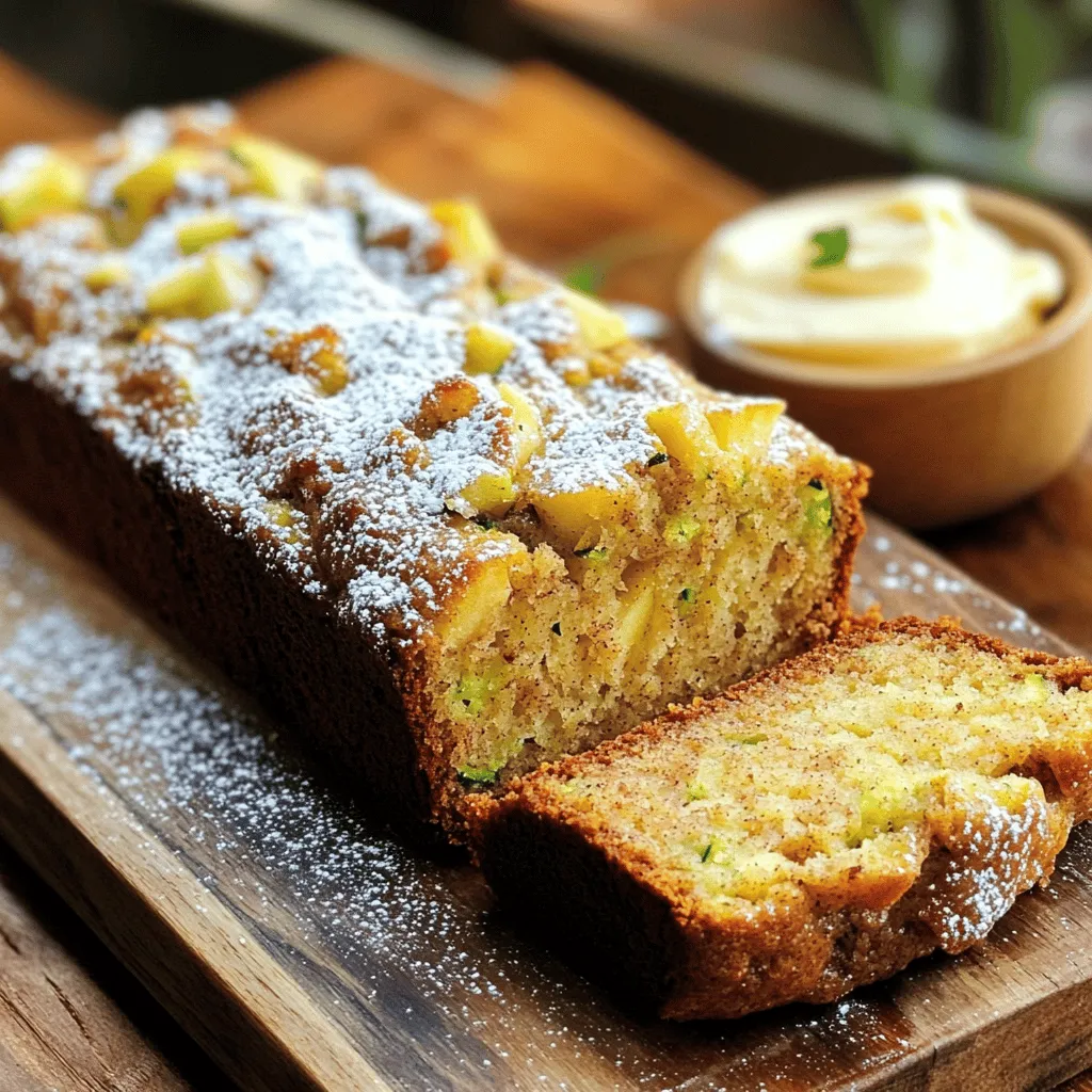 - Set oven temperature to 350°F (175°C) - Grease a 9x5 inch loaf pan or line it with parchment paper Start by preheating your oven. This step ensures your bread bakes evenly. Grease your loaf pan well. You can also line it with parchment paper. This makes it easier to remove the bread later. - Combine grated zucchini and apple, let drain for 10 minutes Next, grate your zucchini and apple. Mix them in a bowl. Let this sit for 10 minutes. The goal is to let excess moisture drain out. Afterward, press gently to remove more liquid. This step helps keep your bread from being too wet. - Whisk dry ingredients together - Blend sugar with oil and eggs before combining In a large bowl, mix your dry ingredients. Whisk together flour, baking soda, baking powder, cinnamon, nutmeg, and salt. In another bowl, combine the sugars, oil, and eggs. Blend these until smooth. Stir in the vanilla extract. Now, you have your wet and dry mixes ready. - Gradually fold dry ingredients into wet mixture - Incorporate zucchini and apple mixture, plus optional nuts and dried fruit Slowly fold the dry ingredients into the wet mix. Be gentle; you want to avoid overmixing. Next, add your drained zucchini and apple. If you like, add chopped walnuts or dried fruit. This adds texture and flavor to your bread. - Pour batter into the pan and smooth the top - Bake for 55 to 65 minutes until done Pour your batter into the prepared pan. Use a spatula to smooth the top. This helps it bake evenly. Bake for 55 to 65 minutes. Your bread is done when a toothpick inserted in the center comes out clean. - Cool in the pan for 10 minutes, then transfer to a wire rack Once baked, let the bread cool in the pan for 10 minutes. After that, carefully transfer it to a wire rack. Let it cool completely before slicing. This cooling step is key for a perfect texture. Enjoy your World's Best Apple Cinnamon Zucchini Bread! For the full recipe, check out the detailed instructions provided above. - Use fresh zucchini and apples - Avoid overmixing the batter To keep your bread moist, always pick fresh zucchini and apples. Fresh produce adds natural juice, making your bread soft and fluffy. After grating, let the zucchini and apple sit for about 10 minutes. This step helps drain excess moisture. Gently press out any extra liquid to avoid a soggy bread. When mixing your batter, mix just enough. Overmixing can lead to tough bread. Aim for a few lumps; they are perfectly fine. - Add a teaspoon of vanilla extract for more depth - Experiment with spices like ginger or clove For a richer flavor, add a teaspoon of vanilla extract. This small change can enhance the taste a lot. You can also try adding spices like ginger or clove. They give your bread a warm, inviting aroma. Mix and match to find your favorite combination. Each new spice can give a fresh twist to this classic recipe. - Use a digital thermometer to check for doneness - Rotate the pan halfway through baking To bake evenly, use a digital thermometer. When the bread reaches 200°F (93°C), it is done. Another great tip is to rotate the pan halfway through baking. This helps the bread cook evenly and prevents any hot spots. Following these tips ensures your bread will come out perfect every time. For the full recipe, check the previous section. {{image_4}} You can change the flavors in this bread easily. Try using mashed bananas or pears instead of apples. This swap gives a different taste but keeps it just as moist. Adding a pinch of ginger can also spice things up. It adds warmth and depth to the flavor. If you want to switch things up with nuts, swap walnuts for pecans or almonds. Each nut gives a unique crunch. You can also use different dried fruits like apricots or figs. These fruits add sweetness and chewiness, making each bite delightful. For a gluten-free version, replace all-purpose flour with a gluten-free blend. This switch makes it possible for those with gluten sensitivities to enjoy this tasty bread. Just ensure that the blend includes a binding agent like xanthan gum for the best texture. For more ideas, check out the Full Recipe to explore all the possibilities. To keep your apple cinnamon zucchini bread fresh, store it in an airtight container. It will stay good at room temperature for up to 3 days. This short-term storage keeps the bread moist and tasty. For longer storage, you have two great options. You can refrigerate the bread for up to a week. If you want to keep it even longer, freeze the bread for up to 3 months. Just wrap it tightly in plastic wrap or foil. This way, it stays fresh and ready for when you crave a slice. When you're ready to enjoy your bread again, thaw it overnight in the refrigerator. For a warm treat, warm slices in the microwave for a few seconds. This makes the bread soft and brings back the lovely flavors. For the full recipe of this delicious bread, check out the previous sections. Yes, substitute eggs with flaxseed meal or applesauce. This works well and keeps the bread moist. To make flaxseed meal, mix one tablespoon with three tablespoons of water. Let it sit for a few minutes to thicken. Ensure you measure ingredients accurately and don’t overbake. Overbaking can lead to a dry loaf. Use a toothpick to check doneness. If it comes out clean, your bread is ready. You can also add a little more oil if you notice dryness in the batter. A toothpick inserted into the center should come out clean. If it has wet batter on it, bake longer. Check every few minutes until it’s done. This step is key to a great texture. Yes, just make sure to thaw and drain it properly before using. Frozen zucchini may have more water, so draining is important. Pat it dry with a paper towel to avoid excess moisture in the bread. This post covered how to make delicious zucchini apple bread. You learned about the key ingredients, from zucchini and apples to spices and optional nuts. I provided clear steps to prepare, bake, and cool the bread. You also found tips for moisture and flavor, along with variations for personal touches. My final thought? Enjoy this easy recipe for a tasty treat. Whether fresh or stored, it offers warmth and comfort. Happy baking!
