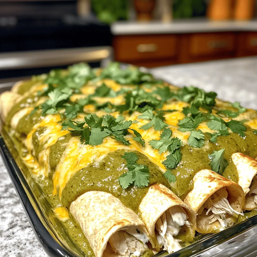 - 2 cups shredded cooked chicken - 1 cup Greek yogurt - 1 cup low-fat sour cream - 8 small whole wheat tortillas These main ingredients give the enchiladas their heartiness. Shredded chicken provides protein, while Greek yogurt and low-fat sour cream keep them creamy yet light. Whole wheat tortillas add a healthy twist and help bind all the flavors. - 1 can (10 oz) green enchilada sauce - 1 cup low-fat shredded Monterey Jack cheese - 1 cup fresh spinach, finely chopped - 1 teaspoon garlic powder - 1 teaspoon onion powder - Salt and pepper, to taste The green enchilada sauce brings that signature flavor. Low-fat Monterey Jack cheese melts beautifully and adds richness. Spinach adds color and nutrition, while garlic powder and onion powder enhance the taste. Adjust salt and pepper to your liking for the perfect balance. - Fresh cilantro, chopped (for garnish, optional) - Additional toppings ideas Fresh cilantro brightens the dish and adds a pop of color. You can also explore other toppings like sliced avocado or jalapeños for extra zest. Remember, garnishes not only look good but also elevate the overall taste! For the full recipe, check out the details above. - Preheat oven to 350°F (175°C). - Prepare a baking dish by greasing it lightly. - In a medium bowl, combine: - 2 cups shredded cooked chicken - 1 cup Greek yogurt - ½ cup green enchilada sauce - 1 teaspoon garlic powder - 1 teaspoon onion powder - 1 cup fresh spinach, finely chopped - Salt and pepper, to taste Stir until all ingredients blend well. The mixture should be creamy and full of flavor. - Take a whole wheat tortilla. Place about ⅓ cup of the filling in the center. - Roll the tortilla tightly. Place it seam side down in your greased baking dish. - Repeat with the rest of the tortillas until the dish is full. - Pour the remaining green enchilada sauce over the rolled tortillas. - Sprinkle with 1 cup low-fat shredded Monterey Jack cheese. - Cover the baking dish with foil. Bake for 20 minutes. - After 20 minutes, remove the foil. Bake for an additional 10 minutes. The cheese should now be melted and bubbly. Let the dish cool for a few minutes. Consider garnishing with fresh cilantro for an extra touch. For the full recipe, check out the complete instructions above. Enjoy! To make your enchiladas even lighter, try these tips: - Use shredded rotisserie chicken for ease and taste. - Replace low-fat sour cream with plain Greek yogurt for fewer calories. - Choose low-calorie tortillas, like corn or spinach wraps. These swaps keep the dish tasty while cutting calories. You can still enjoy great flavor without extra fat. Moisture is key for a tasty filling. Here’s how to keep it juicy: - Use enough enchilada sauce in the filling mix. - Don’t skip the Greek yogurt; it adds creaminess. For bubbly cheese perfection, follow these steps: - Add cheese on top before the final bake. - Bake uncovered for the last 10 minutes to brown the cheese. These simple tricks ensure a delicious result every time. Pair these enchiladas with fresh sides for a complete meal: - A crisp salad with lime dressing adds brightness. - Serve with black beans for extra protein. For a pretty presentation, drizzle extra enchilada sauce over the top. A sprig of cilantro adds color and flavor. Try these tips for a fun and tasty meal. For the full recipe, check out Skinny White Chicken Enchiladas. {{image_4}} For a vegetarian twist, you can swap the chicken for beans or veggies. Black beans, pinto beans, or chickpeas work great. You can also use bell peppers, zucchini, or mushrooms. Just make sure to sauté the veggies first for extra flavor. This way, you keep the protein and add colorful veggies. If you like heat, consider adding jalapeños or hot sauce. You can mix chopped jalapeños into the filling. If you want more spice, drizzle hot sauce on top before baking. This will give your enchiladas a nice kick and make them extra exciting. You can also use turkey or tofu in place of chicken. Shredded turkey gives a similar flavor profile. For a plant-based option, press and crumble tofu to mix with the other ingredients. Both options keep the dish light while adding protein. These swaps make the recipe versatile for any diet. Check out the Full Recipe for more details! To keep your enchiladas fresh, store them in an airtight container. Place parchment paper between layers if stacking. This prevents sticking and keeps the sauce intact. Store them in the fridge for up to four days. If you want to reheat, cover them with foil. This keeps them moist while warming. You can freeze enchiladas for later enjoyment. Wrap them tightly in plastic wrap, then place them in a freezer-safe bag. This protects against freezer burn. They can stay frozen for up to three months. To reheat, thaw them overnight in the fridge. Bake them in a preheated oven at 350°F (175°C) for about 30 minutes until heated through. In the fridge, your enchiladas last about four days. If you freeze them, they stay fresh for up to three months. Always check for any signs of spoilage before eating. Safe storage means enjoying your delicious meal longer. Yes, you can make these enchiladas before serving. To prepare them ahead, assemble the enchiladas and place them in the baking dish. Cover tightly with plastic wrap or foil. Store in the fridge for up to 24 hours. When ready, bake them straight from the fridge. Just add a few extra minutes to the baking time for thorough heating. If you need a substitute for Greek yogurt, try low-fat sour cream or cottage cheese. You can also use plain almond or coconut yogurt for a dairy-free option. Each alternative alters the taste slightly, so pick one that fits your diet and preference. These enchiladas can be gluten-free if you choose the right tortillas. Look for gluten-free tortillas made from rice or corn. Always check the labels to ensure there is no gluten. Enjoy these enchiladas without worry if you make this swap! Skinny White Chicken Enchiladas are tasty and easy to make. You learned about the main ingredients, steps, and tips to make them better. I provided ideas for variations and how to store leftovers. Enjoy creating your perfect enchiladas at home. They are filling, healthy, and simple to customize. With fresh ingredients and a few creative twists, you can enjoy a meal that fits your needs. Happy cooking!