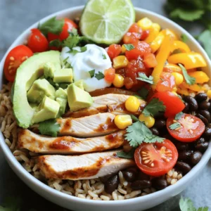 - 2 boneless, skinless chicken breasts - 1 cup brown rice, rinsed and drained - 1 can black beans, rinsed and drained - 1 cup corn (fresh or frozen will work) Chicken is the star of this dish. I recommend using boneless, skinless chicken breasts for a lean and tasty option. Brown rice serves as a hearty base that fills you up and adds fiber to your meal. Black beans bring protein and a rich flavor that complements the chicken well. Corn adds a touch of sweetness and crunch, making the bowl more enjoyable. - 1 tablespoon olive oil - 1 teaspoon chili powder - 1 teaspoon ground cumin - 1 teaspoon smoked paprika A good marinade makes all the difference. I use olive oil to help the spices stick to the chicken and add healthy fats. Chili powder brings heat, while ground cumin adds earthiness. Smoked paprika gives a nice smoky flavor that enhances the chicken. Mix these together for a simple yet bold coating. - 1 bell pepper, diced (any color) - 1 ripe avocado, diced - 1 cup cherry tomatoes, halved - 1/4 cup fresh cilantro, loosely packed and chopped - Juice of 1 lime Fresh toppings elevate the flavor. I like using bell peppers for crunch and color. Avocado adds creaminess, making each bite richer. Cherry tomatoes provide juiciness, while cilantro gives a fresh kick. Finally, a squeeze of lime juice brightens everything up, adding a zesty touch. For the full recipe, check out the details above. To start, you need to marinate the chicken breasts. In a medium bowl, mix together olive oil, chili powder, ground cumin, smoked paprika, garlic powder, salt, and black pepper. This spice mix gives the chicken great flavor. Make sure each chicken breast is well coated in the spices. Cover the bowl and let it sit for at least 30 minutes. This helps the chicken absorb all the tasty flavors. Next, it’s time to cook the chicken. Preheat your grill pan or a large skillet over medium-high heat. Once it’s hot, place the marinated chicken breasts on the pan. Cook them for about 6-7 minutes on each side. You want the chicken to reach an internal temperature of 165°F (75°C). After cooking, let the chicken rest for a few minutes before slicing it into strips. For the rice, you first need to prepare either chicken broth or water. In a medium saucepan, bring the broth or water to a rolling boil. Once boiling, add in your rinsed brown rice. Lower the heat to a simmer and cover the pot. Cook for about 40-45 minutes or until the rice is tender and all the liquid is absorbed. After that, remove the pot from heat and let it sit covered for an additional 5 minutes. This step makes the rice fluffy. While the chicken cooks, it’s time to prepare the veggies. Start by heating a small amount of olive oil in another skillet over medium heat. Add the diced bell pepper and sauté for about 5 minutes. You want them to be tender and slightly caramelized. For the corn, you can use fresh or frozen. If using frozen corn, just add it to the pan for the last few minutes of cooking. This warms the corn without overcooking it. The sweetness from the corn adds a nice touch to your burrito bowl! Now, you are ready to assemble your flavorful and satisfying meal. Don’t forget to check out the Full Recipe for more details! To make your chicken burrito bowl shine, use a mix of spices. I recommend chili powder, cumin, and smoked paprika. These spices add depth and warmth to your chicken. Don't forget garlic powder for a punch of flavor. Marinating for at least 30 minutes is key. The longer you let the chicken soak up those spices, the more tasty it becomes. For the best chicken, grill it or use a skillet. Both methods give great flavor. Cook the chicken for about 6 to 7 minutes on each side. Always check the internal temperature. It should reach 165°F (75°C). This way, your chicken stays juicy. To avoid overcooked rice, bring the broth to a boil before adding the rice. Then, lower the heat and cover it. Let it cook for 40 to 45 minutes. This helps the rice stay soft and fluffy. When it's time to assemble your bowl, start with a scoop of brown rice. Layer in sautéed bell peppers, black beans, and corn. Add the sliced chicken on top. For freshness, sprinkle diced avocado and cherry tomatoes. For a great presentation, use colorful bowls. Garnish with fresh cilantro and a squeeze of lime juice. A dollop of salsa or Greek yogurt adds creaminess. This makes your chicken burrito bowl not just tasty but beautiful too! For a full recipe, check out the [Full Recipe]. {{image_4}} If you want to switch things up, you can use beef or tofu. Beef adds a rich flavor that many love. Just season it the same way as the chicken. For a plant-based option, tofu works great. Cube the tofu and marinate it just like the chicken. Cook until it’s golden and crispy. You can change the grain base for a new taste. Quinoa makes a healthy swap; it’s full of protein. Cauliflower rice is another option if you want something low-carb. You can also try different types of rice, like jasmine or basmati, for a fragrant twist. Each grain brings its flavor to the bowl. Toppings can really spice up your bowl. Try adding different sauces like chipotle mayo or avocado crema. They add creaminess and extra flavor. You can also get creative with toppings. Jalapeños add heat, while shredded cheese gives richness. Experiment with your favorite toppings to make it your own. For the full recipe, check out the detailed instructions above. To keep your chicken burrito bowl fresh, follow these steps for refrigerating. First, let the bowl cool to room temperature. Then, place it in an airtight container. This method helps prevent moisture loss. Store leftovers in the fridge. They stay good for about three to four days. When it’s time to enjoy your leftovers, you want to keep them tasty. To reheat without losing texture, use the stovetop if you can. Place the bowl in a skillet over low heat. Stir often until it’s warm. If you use a microwave, cover the bowl with a damp paper towel. This keeps moisture in, but be careful not to overcook. For long-term storage, freezing is a great option. Freeze the chicken, rice, beans, and veggies separately. This helps keep the flavors fresh. Use freezer-safe bags or containers. When you’re ready to eat, thaw the components in the fridge overnight. Reheat everything together on the stovetop. This way, your chicken burrito bowl tastes just as good as fresh. For the full recipe, check out the instructions above. To make Chicken Burrito Bowls from scratch, follow these simple steps: 1. Marinate the Chicken: Mix olive oil, chili powder, cumin, paprika, garlic powder, salt, and pepper. Coat the chicken breasts and let them sit for at least 30 minutes. 2. Cook the Rice: Boil chicken broth or water, then add rinsed brown rice. Cover and simmer for about 40-45 minutes until the rice is tender. 3. Cook the Chicken: Grill or pan-cook marinated chicken for about 6-7 minutes on each side until done. 4. Prepare the Veggies: Sauté diced bell pepper in olive oil for about 5 minutes until tender. 5. Assemble the Bowl: Start with rice, then layer in bell pepper, black beans, corn, chicken, avocado, and tomatoes. 6. Garnish: Finish with lime juice, cilantro, salsa, and Greek yogurt or sour cream. This takes about 1 hour and 15 minutes in total. If you want to swap brown rice, here are some tasty options: - Quinoa: This grain is light and packed with protein. - Cauliflower Rice: Great for a low-carb choice, it adds a nice texture. - White Rice: It’s softer and cooks faster than brown rice. - Barley or Farro: These grains bring a chewy texture and nutty flavor. Each alternative keeps the meal flavorful and satisfying. Yes, the chicken burrito bowl can be healthy! Here’s a quick breakdown: - Calories: Each serving has about 500-600 calories, depending on toppings. - Protein: The chicken and beans provide a solid protein boost. - Fiber: Black beans and corn are high in fiber, which aids digestion. - Healthy Fats: Avocado adds healthy fats, which are good for your heart. This meal balances protein, fats, and carbs well. You can find chicken burrito bowls at many places: - Local Mexican Restaurants: Many offer delicious, fresh options. - Fast-Casual Chains: Look for places like Chipotle or Qdoba. - Online Meal Services: Check platforms like Uber Eats or DoorDash. - Grocery Stores: Some stores have ready-to-eat meals in the deli section. You’ll find plenty of choices nearby or online. Yes, you can make this recipe ahead of time. Here are some tips: - Cook the Chicken and Rice: Prepare these and store them in the fridge for up to 3 days. - Chop Veggies: You can chop bell peppers and other toppings in advance. - Assemble Just Before Eating: Keep all components separate until you are ready to eat. This keeps everything fresh and crisp. Meal prep makes it easy for busy days! You can create a tasty chicken burrito bowl with simple ingredients and steps. We covered the key components like chicken, brown rice, and fresh toppings. You learned easy cooking tips and flavorful variations. Storing and reheating your leftovers is simple, ensuring great taste for later. Enjoy experimenting with different proteins and grains to make it your own. Try it out and enjoy delicious homemade meals that fit your style and taste!