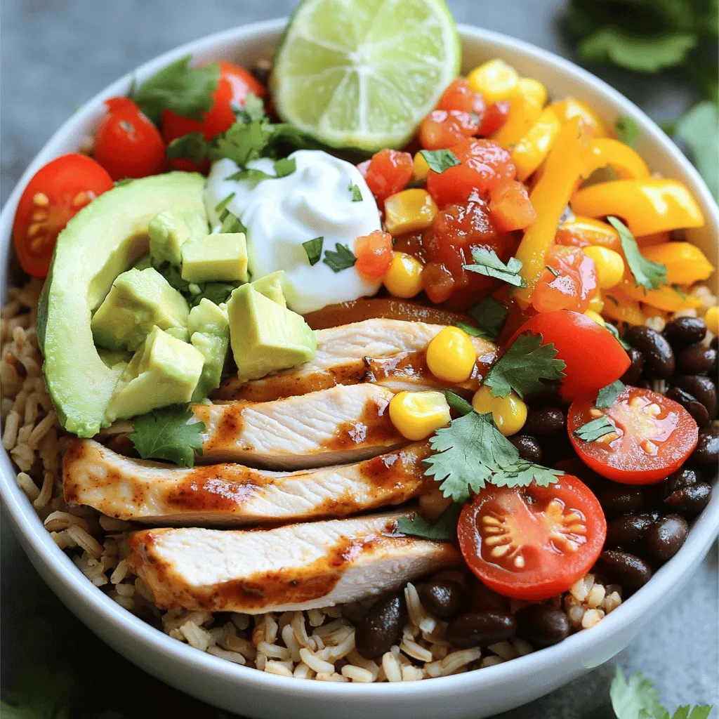 - 2 boneless, skinless chicken breasts - 1 cup brown rice, rinsed and drained - 1 can black beans, rinsed and drained - 1 cup corn (fresh or frozen will work) Chicken is the star of this dish. I recommend using boneless, skinless chicken breasts for a lean and tasty option. Brown rice serves as a hearty base that fills you up and adds fiber to your meal. Black beans bring protein and a rich flavor that complements the chicken well. Corn adds a touch of sweetness and crunch, making the bowl more enjoyable. - 1 tablespoon olive oil - 1 teaspoon chili powder - 1 teaspoon ground cumin - 1 teaspoon smoked paprika A good marinade makes all the difference. I use olive oil to help the spices stick to the chicken and add healthy fats. Chili powder brings heat, while ground cumin adds earthiness. Smoked paprika gives a nice smoky flavor that enhances the chicken. Mix these together for a simple yet bold coating. - 1 bell pepper, diced (any color) - 1 ripe avocado, diced - 1 cup cherry tomatoes, halved - 1/4 cup fresh cilantro, loosely packed and chopped - Juice of 1 lime Fresh toppings elevate the flavor. I like using bell peppers for crunch and color. Avocado adds creaminess, making each bite richer. Cherry tomatoes provide juiciness, while cilantro gives a fresh kick. Finally, a squeeze of lime juice brightens everything up, adding a zesty touch. For the full recipe, check out the details above. To start, you need to marinate the chicken breasts. In a medium bowl, mix together olive oil, chili powder, ground cumin, smoked paprika, garlic powder, salt, and black pepper. This spice mix gives the chicken great flavor. Make sure each chicken breast is well coated in the spices. Cover the bowl and let it sit for at least 30 minutes. This helps the chicken absorb all the tasty flavors. Next, it’s time to cook the chicken. Preheat your grill pan or a large skillet over medium-high heat. Once it’s hot, place the marinated chicken breasts on the pan. Cook them for about 6-7 minutes on each side. You want the chicken to reach an internal temperature of 165°F (75°C). After cooking, let the chicken rest for a few minutes before slicing it into strips. For the rice, you first need to prepare either chicken broth or water. In a medium saucepan, bring the broth or water to a rolling boil. Once boiling, add in your rinsed brown rice. Lower the heat to a simmer and cover the pot. Cook for about 40-45 minutes or until the rice is tender and all the liquid is absorbed. After that, remove the pot from heat and let it sit covered for an additional 5 minutes. This step makes the rice fluffy. While the chicken cooks, it’s time to prepare the veggies. Start by heating a small amount of olive oil in another skillet over medium heat. Add the diced bell pepper and sauté for about 5 minutes. You want them to be tender and slightly caramelized. For the corn, you can use fresh or frozen. If using frozen corn, just add it to the pan for the last few minutes of cooking. This warms the corn without overcooking it. The sweetness from the corn adds a nice touch to your burrito bowl! Now, you are ready to assemble your flavorful and satisfying meal. Don’t forget to check out the Full Recipe for more details! To make your chicken burrito bowl shine, use a mix of spices. I recommend chili powder, cumin, and smoked paprika. These spices add depth and warmth to your chicken. Don't forget garlic powder for a punch of flavor. Marinating for at least 30 minutes is key. The longer you let the chicken soak up those spices, the more tasty it becomes. For the best chicken, grill it or use a skillet. Both methods give great flavor. Cook the chicken for about 6 to 7 minutes on each side. Always check the internal temperature. It should reach 165°F (75°C). This way, your chicken stays juicy. To avoid overcooked rice, bring the broth to a boil before adding the rice. Then, lower the heat and cover it. Let it cook for 40 to 45 minutes. This helps the rice stay soft and fluffy. When it's time to assemble your bowl, start with a scoop of brown rice. Layer in sautéed bell peppers, black beans, and corn. Add the sliced chicken on top. For freshness, sprinkle diced avocado and cherry tomatoes. For a great presentation, use colorful bowls. Garnish with fresh cilantro and a squeeze of lime juice. A dollop of salsa or Greek yogurt adds creaminess. This makes your chicken burrito bowl not just tasty but beautiful too! For a full recipe, check out the [Full Recipe]. {{image_4}} If you want to switch things up, you can use beef or tofu. Beef adds a rich flavor that many love. Just season it the same way as the chicken. For a plant-based option, tofu works great. Cube the tofu and marinate it just like the chicken. Cook until it’s golden and crispy. You can change the grain base for a new taste. Quinoa makes a healthy swap; it’s full of protein. Cauliflower rice is another option if you want something low-carb. You can also try different types of rice, like jasmine or basmati, for a fragrant twist. Each grain brings its flavor to the bowl. Toppings can really spice up your bowl. Try adding different sauces like chipotle mayo or avocado crema. They add creaminess and extra flavor. You can also get creative with toppings. Jalapeños add heat, while shredded cheese gives richness. Experiment with your favorite toppings to make it your own. For the full recipe, check out the detailed instructions above. To keep your chicken burrito bowl fresh, follow these steps for refrigerating. First, let the bowl cool to room temperature. Then, place it in an airtight container. This method helps prevent moisture loss. Store leftovers in the fridge. They stay good for about three to four days. When it’s time to enjoy your leftovers, you want to keep them tasty. To reheat without losing texture, use the stovetop if you can. Place the bowl in a skillet over low heat. Stir often until it’s warm. If you use a microwave, cover the bowl with a damp paper towel. This keeps moisture in, but be careful not to overcook. For long-term storage, freezing is a great option. Freeze the chicken, rice, beans, and veggies separately. This helps keep the flavors fresh. Use freezer-safe bags or containers. When you’re ready to eat, thaw the components in the fridge overnight. Reheat everything together on the stovetop. This way, your chicken burrito bowl tastes just as good as fresh. For the full recipe, check out the instructions above. To make Chicken Burrito Bowls from scratch, follow these simple steps: 1. Marinate the Chicken: Mix olive oil, chili powder, cumin, paprika, garlic powder, salt, and pepper. Coat the chicken breasts and let them sit for at least 30 minutes. 2. Cook the Rice: Boil chicken broth or water, then add rinsed brown rice. Cover and simmer for about 40-45 minutes until the rice is tender. 3. Cook the Chicken: Grill or pan-cook marinated chicken for about 6-7 minutes on each side until done. 4. Prepare the Veggies: Sauté diced bell pepper in olive oil for about 5 minutes until tender. 5. Assemble the Bowl: Start with rice, then layer in bell pepper, black beans, corn, chicken, avocado, and tomatoes. 6. Garnish: Finish with lime juice, cilantro, salsa, and Greek yogurt or sour cream. This takes about 1 hour and 15 minutes in total. If you want to swap brown rice, here are some tasty options: - Quinoa: This grain is light and packed with protein. - Cauliflower Rice: Great for a low-carb choice, it adds a nice texture. - White Rice: It’s softer and cooks faster than brown rice. - Barley or Farro: These grains bring a chewy texture and nutty flavor. Each alternative keeps the meal flavorful and satisfying. Yes, the chicken burrito bowl can be healthy! Here’s a quick breakdown: - Calories: Each serving has about 500-600 calories, depending on toppings. - Protein: The chicken and beans provide a solid protein boost. - Fiber: Black beans and corn are high in fiber, which aids digestion. - Healthy Fats: Avocado adds healthy fats, which are good for your heart. This meal balances protein, fats, and carbs well. You can find chicken burrito bowls at many places: - Local Mexican Restaurants: Many offer delicious, fresh options. - Fast-Casual Chains: Look for places like Chipotle or Qdoba. - Online Meal Services: Check platforms like Uber Eats or DoorDash. - Grocery Stores: Some stores have ready-to-eat meals in the deli section. You’ll find plenty of choices nearby or online. Yes, you can make this recipe ahead of time. Here are some tips: - Cook the Chicken and Rice: Prepare these and store them in the fridge for up to 3 days. - Chop Veggies: You can chop bell peppers and other toppings in advance. - Assemble Just Before Eating: Keep all components separate until you are ready to eat. This keeps everything fresh and crisp. Meal prep makes it easy for busy days! You can create a tasty chicken burrito bowl with simple ingredients and steps. We covered the key components like chicken, brown rice, and fresh toppings. You learned easy cooking tips and flavorful variations. Storing and reheating your leftovers is simple, ensuring great taste for later. Enjoy experimenting with different proteins and grains to make it your own. Try it out and enjoy delicious homemade meals that fit your style and taste!