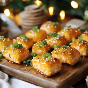 When making honey garlic salmon bites, you need fresh and simple ingredients. Here's what to gather: - 1 pound salmon fillet, skin removed and cut into bite-sized pieces - 1/4 cup honey - 3 tablespoons soy sauce - 3 cloves garlic, minced - 1 teaspoon ginger, freshly grated - 1 tablespoon olive oil - Fresh salt and pepper to taste - 2 green onions, finely chopped, for garnish - A sprinkle of sesame seeds, for garnish These ingredients come together to create a delightful dish. The salmon is rich and buttery, while the honey and garlic add a sweet and savory punch. The ginger adds a little warmth, making this dish perfect for cozy nights. You can find the full recipe at the start of this article, guiding you through the steps to make this warm meal. To start, grab a medium bowl. In this bowl, combine the honey, soy sauce, minced garlic, and freshly grated ginger. Make sure to whisk these ingredients together until the mixture is smooth. This step is key, as the marinade brings rich flavor to the salmon bites. Next, take your bite-sized salmon pieces and coat them in the marinade. Ensure each piece gets a good amount of marinade on it. Once coated, cover the bowl with plastic wrap. Let the salmon marinate for about 15 minutes at room temperature. This allows the salmon to soak up all those tasty flavors. While the salmon marinates, heat one tablespoon of olive oil in a non-stick skillet over medium heat. Wait until the oil shimmers, but don’t let it smoke. Once hot, add the marinated salmon bites to the skillet. Be sure to reserve any leftover marinade for later. Cook the salmon bites for about 3-4 minutes on each side. Gently flip them with a spatula to avoid breaking them. You want them to turn a lovely golden brown and be fully cooked. In the last minute, pour the reserved marinade into the skillet. This will create a sticky glaze over the salmon. Let it bubble and thicken a bit as you stir gently. This step makes the dish even more delicious. Once cooked, take the skillet off the heat. Taste the salmon and adjust the seasoning with fresh salt and pepper if needed. For serving, carefully place the glazed salmon bites on a vibrant platter. Finish with finely chopped green onions and a sprinkle of sesame seeds for a nice touch. For a full recipe, check the details included above. For the best honey garlic salmon bites, timing is key. I suggest cooking the salmon bites for about 3 to 4 minutes on each side. This gives them a nice golden brown color and ensures they cook through. To check for doneness, look for the salmon to flake easily with a fork. It should be opaque and tender inside. A sticky glaze makes these bites special. To achieve this, pour the reserved marinade into the skillet in the last minute of cooking. Stir gently as it bubbles and thickens. This will coat the salmon beautifully. The glaze should cling well, adding flavor and shine. For serving, I like to use a rustic wooden board or a white dish. It makes the colors pop. Garnish the salmon bites with finely chopped green onions and sesame seeds. This adds crunch and a lovely look. To create a cozy ambiance, add lime wedges on the side. They bring a fresh burst and brighten the plate. {{image_4}} If you want to change the sweetness, try using maple syrup. It gives a nice flavor twist. Agave nectar works too. It is lighter and perfect for a health kick. Brown sugar can also add a rich, caramel touch to the dish. Each option brings a unique taste to the honey garlic salmon bites. To spice things up, consider adding chili flakes. They add a nice kick without being too hot. Lime zest can brighten the dish and give it a fresh touch. You can also mix in herbs like cilantro or parsley. These add fragrance and depth to each bite. Experiment with these flavors to find your favorite blend. When you serve honey garlic salmon bites, think about sides that complement the dish. Steamed rice is a great choice. It soaks up the glaze nicely. You can also pair them with roasted vegetables. They add color and a bit of crunch. A simple salad with fresh greens works well too. It balances the rich flavors of the salmon. Enjoy the meal! For the full recipe, check the main section. Store any leftover honey garlic salmon bites in an airtight container. Make sure to let them cool first. I recommend placing a piece of wax paper between layers if you stack them. This helps prevent sticking. Properly stored, they can last up to three days in the fridge. Reheat them gently to keep them moist and tasty. You can freeze honey garlic salmon bites for later enjoyment. First, let them cool completely. Then, place them in a single layer on a baking sheet. Freeze for about an hour until solid. Transfer the frozen bites to a freezer-safe bag. Remove as much air as possible before sealing. When you're ready to eat, thaw them in the fridge overnight. To reheat, bake them at 350°F for about 10-15 minutes, or until heated through. The honey garlic salmon bites stay fresh for up to three days in the fridge. If frozen, they can last for about two to three months. Always check for any off smells or changes in color before consuming. Enjoy these bites at their best for a cozy winter dinner experience. Yes, you can use other fish for this dish. Some great alternatives are: - Trout: It has a similar flavor and texture to salmon. - Tilapia: A mild fish that takes on flavors well. - Cod: Offers a firm texture and mild taste. - Mahi-mahi: A bit firmer, but works well with honey and garlic. Each fish will add a unique taste, so feel free to experiment! To make this dish gluten-free, use gluten-free soy sauce. Here are some options: - Tamari: A popular gluten-free soy sauce. - Coconut aminos: A tasty substitute that is also lower in sodium. - Liquid aminos: A soy sauce alternative that is gluten-free. These options keep the dish flavorful without gluten. Reheating salmon bites can be simple. Here’s how: - Oven: Preheat your oven to 350°F. Place salmon on a baking sheet and heat for about 10 minutes. - Skillet: Heat a non-stick skillet over low heat. Add salmon and cover. Warm for about 5 minutes. - Microwave: Place salmon on a microwave-safe plate. Heat in 30-second intervals until warm. These methods help keep the salmon moist and tasty. Yes, you can prepare this dish ahead of time! Here are some tips: - Marinate salmon: You can marinate the salmon up to 2 hours before cooking. - Cooked salmon: Cooked bites can be stored in the fridge for up to 2 days. - Reheat: Simply reheat as mentioned above. This makes it easy to enjoy a cozy dinner without stress! For the full recipe, check out the original instructions. This post covered how to make honey garlic salmon bites. We went over the ingredients and simple steps. I shared tips for perfect cooking and tasty serving ideas. You can explore variations with different sweeteners or spices. Remember to store leftovers properly to enjoy later. With these tips, you'll impress anyone who tries your dish. Enjoy your cooking and the delicious meals ahead!